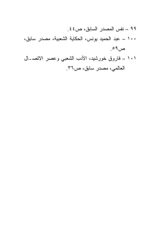 ‫٩٩ – ﻨﻔﺱ ﺍﻟﻤﺼﺩﺭ ﺍﻟﺴﺎﺒﻕ، ﺹ٤٤.‬
‫٠٠١ – ﻋﺒﺩ ﺍﻟﺤﻤﻴﺩ ﻴﻭﻨﺱ، ﺍﻟﺤﻜﺎﻴﺔ ﺍﻟﺸﻌﺒﻴﺔ، ﻤﺼﺩﺭ ﺴﺎﺒﻕ،‬
                                      ‫ﺹ٩٥.‬
‫١٠١ – ﻓﺎﺭﻭﻕ ﺨﻭﺭﺸﻴﺩ، ﺍﻷﺩﺏ ﺍﻟﺸﻌﺒﻲ ﻭﻋﺼﺭ ﺍﻻﺘﺼـﺎل‬
                  ‫ﺍﻟﻌﺎﻟﻤﻲ، ﻤﺼﺩﺭ ﺴﺎﺒﻕ، ﺹ٦٣.‬
 