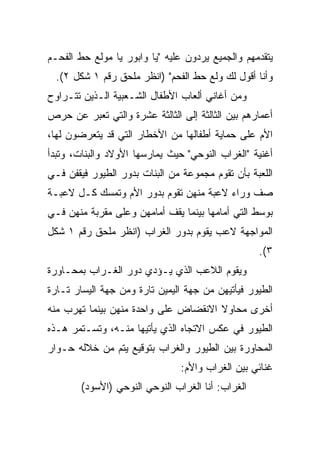 ‫ﻴﺘﻘﺩﻤﻬﻡ ﻭﺍﻟﺠﻤﻴﻊ ﻴﺭﺩﻭﻥ ﻋﻠﻴﻪ "ﻴﺎ ﻭﺍﺒﻭﺭ ﻴﺎ ﻤﻭﻟﻊ ﺤﻁ ﺍﻟﻔﺤـﻡ‬
  ‫ﻭﺃﻨﺎ ﺃﻗﻭل ﻟﻙ ﻭﻟﻊ ﺤﻁ ﺍﻟﻔﺤﻡ" )ﺍﻨﻅﺭ ﻤﻠﺤﻕ ﺭﻗﻡ ١ ﺸﻜل ٢(.‬
‫ﻭﻤﻥ ﺃﻏﺎﻨﻲ ﺃﻟﻌﺎﺏ ﺍﻷﻁﻔﺎل ﺍﻟﺸـﻌﺒﻴﺔ ﺍﻟـﺫﻴﻥ ﺘﺘـﺭﺍﻭﺡ‬
‫ﺃﻋﻤﺎﺭﻫﻡ ﺒﻴﻥ ﺍﻟﺜﺎﻟﺜﺔ ﺇﻟﻰ ﺍﻟﺜﺎﻟﺜﺔ ﻋﺸﺭﺓ ﻭﺍﻟﺘﻲ ﺘﻌﺒﺭ ﻋﻥ ﺤﺭﺹ‬
‫ﺍﻷﻡ ﻋﻠﻰ ﺤﻤﺎﻴﺔ ﺃﻁﻔﺎﻟﻬﺎ ﻤﻥ ﺍﻷﺨﻁﺎﺭ ﺍﻟﺘﻲ ﻗﺩ ﻴﺘﻌﺭﻀﻭﻥ ﻟﻬﺎ،‬
‫ﺃﻏﻨﻴﺔ "ﺍﻟﻐﺭﺍﺏ ﺍﻟﻨﻭﺤﻲ" ﺤﻴﺙ ﻴﻤﺎﺭﺴﻬﺎ ﺍﻷﻭﻻﺩ ﻭﺍﻟﺒﻨﺎﺕ، ﻭﺘﺒﺩﺃ‬
‫ﺍﻟﻠﻌﺒﺔ ﺒﺄﻥ ﺘﻘﻭﻡ ﻤﺠﻤﻭﻋﺔ ﻤﻥ ﺍﻟﺒﻨﺎﺕ ﺒﺩﻭﺭ ﺍﻟﻁﻴﻭﺭ ﻓﻴﻘﻔﻥ ﻓـﻲ‬
‫ﺼﻑ ﻭﺭﺍﺀ ﻻﻋﺒﺔ ﻤﻨﻬﻥ ﺘﻘﻭﻡ ﺒﺩﻭﺭ ﺍﻷﻡ ﻭﺘﻤﺴﻙ ﻜـل ﻻﻋﺒـﺔ‬
‫ﺒﻭﺴﻁ ﺍﻟﺘﻲ ﺃﻤﺎﻤﻬﺎ ﺒﻴﻨﻤﺎ ﻴﻘﻑ ﺃﻤﺎﻤﻬﻥ ﻭﻋﻠﻰ ﻤﻘﺭﺒﺔ ﻤﻨﻬﻥ ﻓـﻲ‬
‫ﺍﻟﻤﻭﺍﺠﻬﺔ ﻻﻋﺏ ﻴﻘﻭﻡ ﺒﺩﻭﺭ ﺍﻟﻐﺭﺍﺏ )ﺍﻨﻅﺭ ﻤﻠﺤﻕ ﺭﻗﻡ ١ ﺸﻜل‬
                                                   ‫٣(.‬
‫ﻭﻴﻘﻭﻡ ﺍﻟﻼﻋﺏ ﺍﻟﺫﻱ ﻴـﺅﺩﻱ ﺩﻭﺭ ﺍﻟﻐـﺭﺍﺏ ﺒﻤﺤـﺎﻭﺭﺓ‬
‫ﺍﻟﻁﻴﻭﺭ ﻓﻴﺄﺘﻴﻬﻥ ﻤﻥ ﺠﻬﺔ ﺍﻟﻴﻤﻴﻥ ﺘﺎﺭﺓ ﻭﻤﻥ ﺠﻬﺔ ﺍﻟﻴﺴﺎﺭ ﺘـﺎﺭﺓ‬
‫ﺃﺨﺭﻯ ﻤﺤﺎﻭﻻ ﺍﻻﻨﻘﻀﺎﺽ ﻋﻠﻰ ﻭﺍﺤﺩﺓ ﻤﻨﻬﻥ ﺒﻴﻨﻤﺎ ﺘﻬﺭﺏ ﻤﻨﻪ‬
                                      ‫ﹰ‬
‫ﺍﻟﻁﻴﻭﺭ ﻓﻲ ﻋﻜﺱ ﺍﻻﺘﺠﺎﻩ ﺍﻟﺫﻱ ﻴﺄﺘﻴﻬﺎ ﻤﻨـﻪ، ﻭﺘﺴـﺘﻤﺭ ﻫـﺫﻩ‬
‫ﺍﻟﻤﺤﺎﻭﺭﺓ ﺒﻴﻥ ﺍﻟﻁﻴﻭﺭ ﻭﺍﻟﻐﺭﺍﺏ ﺒﺘﻭﻗﻴﻊ ﻴﺘﻡ ﻤﻥ ﺨﻼﻟﻪ ﺤـﻭﺍﺭ‬
                                ‫ﻏﻨﺎﺌﻲ ﺒﻴﻥ ﺍﻟﻐﺭﺍﺏ ﻭﺍﻷﻡ:‬
        ‫ﺍﻟﻐﺭﺍﺏ: ﺃﻨﺎ ﺍﻟﻐﺭﺍﺏ ﺍﻟﻨﻭﺤﻲ ﺍﻟﻨﻭﺤﻲ )ﺍﻷﺴﻭﺩ(‬
 