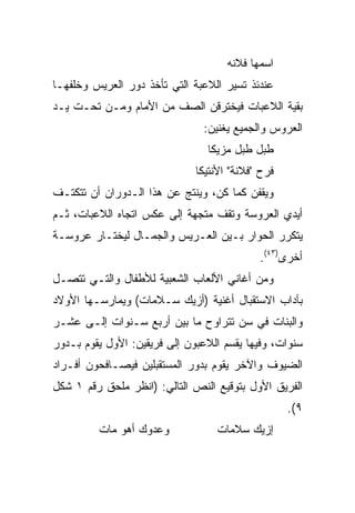 ‫ﺍﺴﻤﻬﺎ ﻓﻼﻨﻪ‬
‫ﻋﻨﺩﺌﺫ ﺘﺴﻴﺭ ﺍﻟﻼﻋﺒﺔ ﺍﻟﺘﻲ ﺘﺄﺨﺫ ﺩﻭﺭ ﺍﻟﻌﺭﻴﺱ ﻭﺨﻠﻔﻬـﺎ‬
‫ﺒﻘﻴﺔ ﺍﻟﻼﻋﺒﺎﺕ ﻓﻴﺨﺘﺭﻗﻥ ﺍﻟﺼﻑ ﻤﻥ ﺍﻷﻤﺎﻡ ﻭﻤـﻥ ﺘﺤـﺕ ﻴـﺩ‬
                                ‫ﺍﻟﻌﺭﻭﺱ ﻭﺍﻟﺠﻤﻴﻊ ﻴﻐﻨﻴﻥ:‬
                                ‫ﻁﺒل ﻁﺒل ﻤﺯﻴﻜﺎ‬
                              ‫ﻓﺭﺡ "ﻓﻼﻨﺔ" ﺍﻷﻨﺘﻴﻜﺎ‬
‫ﻭﻴﻘﻔﻥ ﻜﻤﺎ ﻜﻥ، ﻭﻴﻨﺘﺞ ﻋﻥ ﻫﺫﺍ ﺍﻟـﺩﻭﺭﺍﻥ ﺃﻥ ﺘﺘﻜﺘـﻑ‬
‫ﺃﻴﺩﻱ ﺍﻟﻌﺭﻭﺴﺔ ﻭﺘﻘﻑ ﻤﺘﺠﻬﺔ ﺇﻟﻰ ﻋﻜﺱ ﺍﺘﺠﺎﻩ ﺍﻟﻼﻋﺒﺎﺕ، ﺜـﻡ‬
‫ﻴﺘﻜﺭﺭ ﺍﻟﺤﻭﺍﺭ ﺒـﻴﻥ ﺍﻟﻌـﺭﻴﺱ ﻭﺍﻟﺠﻤـﺎل ﻟﻴﺨﺘـﺎﺭ ﻋﺭﻭﺴـﺔ‬
                                            ‫ﺃﺨﺭﻯ)٣٤(.‬
‫ﻭﻤﻥ ﺃﻏﺎﻨﻲ ﺍﻷﻟﻌﺎﺏ ﺍﻟﺸﻌﺒﻴﺔ ﻟﻸﻁﻔﺎل ﻭﺍﻟﺘـﻲ ﺘﺘﺼـل‬
‫ﺒﺂﺩﺍﺏ ﺍﻻﺴﺘﻘﺒﺎل ﺃﻏﻨﻴﺔ )ﺃﺯﻴﻙ ﺴـﻼﻤﺎﺕ( ﻭﻴﻤﺎﺭﺴـﻬﺎ ﺍﻷﻭﻻﺩ‬
‫ﻭﺍﻟﺒﻨﺎﺕ ﻓﻲ ﺴﻥ ﺘﺘﺭﺍﻭﺡ ﻤﺎ ﺒﻴﻥ ﺃﺭﺒﻊ ﺴـﻨﻭﺍﺕ ﺇﻟـﻰ ﻋﺸـﺭ‬
‫ﺴﻨﻭﺍﺕ، ﻭﻓﻴﻬﺎ ﻴﻘﺴﻡ ﺍﻟﻼﻋﺒﻭﻥ ﺇﻟﻰ ﻓﺭﻴﻘﻴﻥ: ﺍﻷﻭل ﻴﻘﻭﻡ ﺒـﺩﻭﺭ‬
‫ﺍﻟﻀﻴﻭﻑ ﻭﺍﻵﺨﺭ ﻴﻘﻭﻡ ﺒﺩﻭﺭ ﺍﻟﻤﺴﺘﻘﺒﻠﻴﻥ ﻓﻴﺼـﺎﻓﺤﻭﻥ ﺃﻓـﺭﺍﺩ‬
‫ﺍﻟﻔﺭﻴﻕ ﺍﻷﻭل ﺒﺘﻭﻗﻴﻊ ﺍﻟﻨﺹ ﺍﻟﺘﺎﻟﻲ: )ﺍﻨﻅﺭ ﻤﻠﺤﻕ ﺭﻗﻡ ١ ﺸﻜل‬
                                                   ‫٩(.‬
         ‫ﻭﻋﺩﻭﻙ ﺃﻫﻭ ﻤﺎﺕ‬            ‫ﺇﺯﻴﻙ ﺴﻼﻤﺎﺕ‬
 