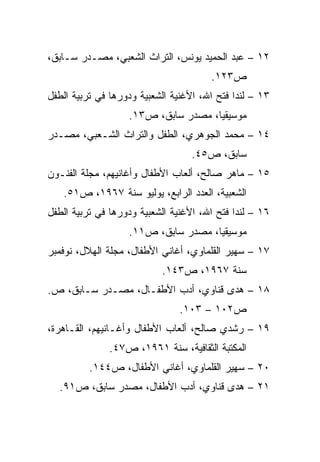 ‫٢١ – ﻋﺒﺩ ﺍﻟﺤﻤﻴﺩ ﻴﻭﻨﺱ، ﺍﻟﺘﺭﺍﺙ ﺍﻟﺸﻌﺒﻲ، ﻤﺼـﺩﺭ ﺴـﺎﺒﻕ،‬
                                       ‫ﺹ٣٢١.‬
‫٣١ – ﻟﻨﺩﺍ ﻓﺘﺢ ﺍﷲ، ﺍﻷﻏﻨﻴﺔ ﺍﻟﺸﻌﺒﻴﺔ ﻭﺩﻭﺭﻫﺎ ﻓﻲ ﺘﺭﺒﻴﺔ ﺍﻟﻁﻔل‬
                   ‫ﻤﻭﺴﻴﻘﻴﺎ، ﻤﺼﺩﺭ ﺴﺎﺒﻕ، ﺹ٣١.‬
                                     ‫‪‬‬
‫٤١ – ﻤﺤﻤﺩ ﺍﻟﺠﻭﻫﺭﻱ، ﺍﻟﻁﻔل ﻭﺍﻟﺘﺭﺍﺙ ﺍﻟﺸـﻌﺒﻲ، ﻤﺼـﺩﺭ‬
                                   ‫ﺴﺎﺒﻕ، ﺹ٥٤.‬
‫٥١ – ﻤﺎﻫﺭ ﺼﺎﻟﺢ، ﺃﻟﻌﺎﺏ ﺍﻷﻁﻔﺎل ﻭﺃﻏﺎﻨﻴﻬﻡ، ﻤﺠﻠﺔ ﺍﻟﻔﻨـﻭﻥ‬
   ‫ﺍﻟﺸﻌﺒﻴﺔ، ﺍﻟﻌﺩﺩ ﺍﻟﺭﺍﺒﻊ، ﻴﻭﻟﻴﻭ ﺴﻨﺔ ٧٦٩١، ﺹ١٥.‬
‫٦١ – ﻟﻨﺩﺍ ﻓﺘﺢ ﺍﷲ، ﺍﻷﻏﻨﻴﺔ ﺍﻟﺸﻌﺒﻴﺔ ﻭﺩﻭﺭﻫﺎ ﻓﻲ ﺘﺭﺒﻴﺔ ﺍﻟﻁﻔل‬
                   ‫ﻤﻭﺴﻴﻘﻴﺎ، ﻤﺼﺩﺭ ﺴﺎﺒﻕ، ﺹ١١.‬
                                     ‫‪‬‬
‫٧١ – ﺴﻬﻴﺭ ﺍﻟﻘﻠﻤﺎﻭﻱ، ﺃﻏﺎﻨﻲ ﺍﻷﻁﻔﺎل، ﻤﺠﻠﺔ ﺍﻟﻬﻼل، ﻨﻭﻓﻤﺒﺭ‬
                           ‫ﺴﻨﺔ ٧٦٩١، ﺹ٣٤١.‬
‫٨١ – ﻫﺩﻯ ﻗﻨﺎﻭﻱ، ﺃﺩﺏ ﺍﻷﻁﻔـﺎل، ﻤﺼـﺩﺭ ﺴـﺎﺒﻕ، ﺹ.‬
                                ‫ﺹ٢٠١ – ٣٠١.‬
‫٩١ – ﺭﺸﺩﻱ ﺼﺎﻟﺢ، ﺃﻟﻌﺎﺏ ﺍﻷﻁﻔﺎل ﻭﺃﻏـﺎﻨﻴﻬﻡ، ﺍﻟﻘـﺎﻫﺭﺓ،‬
               ‫ﺍﻟﻤﻜﺘﺒﺔ ﺍﻟﺜﻘﺎﻓﻴﺔ، ﺴﻨﺔ ١٦٩١، ﺹ٧٤.‬
          ‫٠٢ – ﺴﻬﻴﺭ ﺍﻟﻘﻠﻤﺎﻭﻱ، ﺃﻏﺎﻨﻲ ﺍﻷﻁﻔﺎل، ﺹ٤٤١.‬
  ‫١٢ – ﻫﺩﻯ ﻗﻨﺎﻭﻱ، ﺃﺩﺏ ﺍﻷﻁﻔﺎل، ﻤﺼﺩﺭ ﺴﺎﺒﻕ، ﺹ١٩.‬
 
