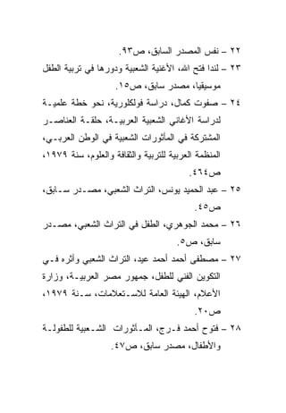 ‫٢٢ – ﻨﻔﺱ ﺍﻟﻤﺼﺩﺭ ﺍﻟﺴﺎﺒﻕ، ﺹ٣٩.‬
‫٣٢ – ﻟﻨﺩﺍ ﻓﺘﺢ ﺍﷲ، ﺍﻷﻏﻨﻴﺔ ﺍﻟﺸﻌﺒﻴﺔ ﻭﺩﻭﺭﻫﺎ ﻓﻲ ﺘﺭﺒﻴﺔ ﺍﻟﻁﻔل‬
                    ‫ﻤﻭﺴﻴﻘﻴﺎ، ﻤﺼﺩﺭ ﺴﺎﺒﻕ، ﺹ٥١.‬
                                      ‫‪‬‬
‫٤٢ – ﺼﻔﻭﺕ ﻜﻤﺎل، ﺩﺭﺍﺴﺔ ﻓﻭﻟﻜﻠﻭﺭﻴﺔ، ﻨﺤﻭ ﺨﻁﺔ ﻋﻠﻤﻴـﺔ‬
‫ﻟﺩﺭﺍﺴﺔ ﺍﻷﻏﺎﻨﻲ ﺍﻟﺸﻌﺒﻴﺔ ﺍﻟﻌﺭﺒﻴـﺔ، ﺤﻠﻘـﺔ ﺍﻟﻌﻨﺎﺼـﺭ‬
‫ﺍﻟﻤﺸﺘﺭﻜﺔ ﻓﻲ ﺍﻟﻤﺄﺜﻭﺭﺍﺕ ﺍﻟﺸﻌﺒﻴﺔ ﻓﻲ ﺍﻟﻭﻁﻥ ﺍﻟﻌﺭﺒـﻲ،‬
‫ﺍﻟﻤﻨﻅﻤﺔ ﺍﻟﻌﺭﺒﻴﺔ ﻟﻠﺘﺭﺒﻴﺔ ﻭﺍﻟﺜﻘﺎﻓﺔ ﻭﺍﻟﻌﻠﻭﻡ، ﺴﻨﺔ ٩٧٩١،‬
                                          ‫ﺹ٤٦٤.‬
‫٥٢ – ﻋﺒﺩ ﺍﻟﺤﻤﻴﺩ ﻴﻭﻨﺱ، ﺍﻟﺘﺭﺍﺙ ﺍﻟﺸﻌﺒﻲ، ﻤﺼـﺩﺭ ﺴـﺎﺒﻕ،‬
                                           ‫ﺹ٥٤.‬
‫٦٢ – ﻤﺤﻤﺩ ﺍﻟﺠﻭﻫﺭﻱ، ﺍﻟﻁﻔل ﻓﻲ ﺍﻟﺘﺭﺍﺙ ﺍﻟﺸﻌﺒﻲ، ﻤﺼـﺩﺭ‬
                                      ‫ﺴﺎﺒﻕ، ﺹ٥.‬
‫٧٢ – ﻤﺼﻁﻔﻰ ﺃﺤﻤﺩ ﺃﺤﻤﺩ ﻋﻴﺩ، ﺍﻟﺘﺭﺍﺙ ﺍﻟﺸﻌﺒﻲ ﻭﺃﺜﺭﻩ ﻓـﻲ‬
‫ﺍﻟﺘﻜﻭﻴﻥ ﺍﻟﻔﻨﻲ ﻟﻠﻁﻔل، ﺠﻤﻬﻭﺭ ﻤﺼﺭ ﺍﻟﻌﺭﺒﻴـﺔ، ﻭﺯﺍﺭﺓ‬
‫ﺍﻷﻋﻼﻡ، ﺍﻟﻬﻴﺌﺔ ﺍﻟﻌﺎﻤﺔ ﻟﻼﺴـﺘﻌﻼﻤﺎﺕ، ﺴـﻨﺔ ٩٧٩١،‬
                                           ‫ﺹ٠٢.‬
‫٨٢ – ﻓﺘﻭﺡ ﺃﺤﻤﺩ ﻓـﺭﺝ، ﺍﻟﻤـﺄﺜﻭﺭﺍﺕ ﺍﻟﺸـﻌﺒﻴﺔ ﻟﻠﻁﻔﻭﻟـﺔ‬
                   ‫ﻭﺍﻷﻁﻔﺎل، ﻤﺼﺩﺭ ﺴﺎﺒﻕ، ﺹ٧٤.‬
 