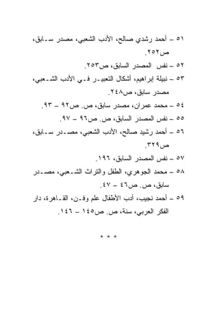 ‫١٥ – ﺃﺤﻤﺩ ﺭﺸﺩﻱ ﺼﺎﻟﺢ، ﺍﻷﺩﺏ ﺍﻟﺸﻌﺒﻲ، ﻤﺼﺩﺭ ﺴـﺎﺒﻕ،‬
                                      ‫ﺹ٢٥٢.‬
                 ‫٢٥ – ﻨﻔﺱ ﺍﻟﻤﺼﺩﺭ ﺍﻟﺴﺎﺒﻕ، ﺹ٣٥٢.‬
‫٣٥ – ﻨﺒﻴﻠﺔ ﺇﺒﺭﺍﻫﻴﻡ، ﺃﺸﻜﺎل ﺍﻟﺘﻌﺒﻴـﺭ ﻓـﻲ ﺍﻷﺩﺏ ﺍﻟﺸـﻌﺒﻲ،‬
                         ‫ﻤﺼﺩﺭ ﺴﺎﺒﻕ، ﺹ٨٤٢.‬
  ‫٤٥ – ﻤﺤﻤﺩ ﻋﻤﺭﺍﻥ، ﻤﺼﺩﺭ ﺴﺎﺒﻕ، ﺹ. ﺹ٢٩ – ٣٩.‬
         ‫٥٥ – ﻨﻔﺱ ﺍﻟﻤﺼﺩﺭ ﺍﻟﺴﺎﺒﻕ، ﺹ. ﺹ٦٩ – ٧٩.‬
‫٦٥ – ﺃﺤﻤﺩ ﺭﺸﻴﺩ ﺼﺎﻟﺢ، ﺍﻷﺩﺏ ﺍﻟﺸﻌﺒﻲ، ﻤﺼـﺩﺭ ﺴـﺎﺒﻕ،‬
                                      ‫ﺹ٩٢٣.‬
                     ‫٧٥ – ﻨﻔﺱ ﺍﻟﻤﺼﺩﺭ ﺍﻟﺴﺎﺒﻕ، ٦٩١.‬
‫٨٥ – ﻤﺤﻤﺩ ﺍﻟﺠﻭﻫﺭﻱ، ﺍﻟﻁﻔل ﻭﺍﻟﺘﺭﺍﺙ ﺍﻟﺸـﻌﺒﻲ، ﻤﺼـﺩﺭ‬
                      ‫ﺴﺎﺒﻕ، ﺹ. ﺹ٦٤ – ٧٤.‬
‫٩٥ – ﺃﺤﻤﺩ ﻨﺠﻴﺏ، ﺃﺩﺏ ﺍﻷﻁﻔﺎل ﻋﻠﻡ ﻭﻓـﻥ، ﺍﻟﻘـﺎﻫﺭﺓ، ﺩﺍﺭ‬
        ‫ﺍﻟﻔﻜﺭ ﺍﻟﻌﺭﺒﻲ، ﺴﻨﺔ، ﺹ. ﺹ٥٤١ – ٦٤١.‬


                      ‫***‬
 