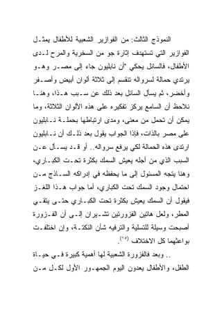 ‫ﺍﻟﻨﻤﻭﺫﺝ ﺍﻟﺜﺎﻟﺙ: ﻤﻥ ﺍﻟﻔﻭﺍﺯﻴﺭ ﺍﻟﺸﻌﺒﻴﺔ ﻟﻸﻁﻔﺎل ﻴﻤﺜـل‬
‫ﺍﻟﻔﻭﺍﺯﻴﺭ ﺍﻟﺘﻲ ﺘﺴﺘﻬﺩﻑ ﺇﺜﺎﺭﺓ ﺠﻭ ﻤﻥ ﺍﻟﺴﺨﺭﻴﺔ ﻭﺍﻟﻤﺭﺡ ﻟـﺩﻯ‬
‫ﺍﻷﻁﻔﺎل، ﻓﺎﻟﺴﺎﺌل ﻴﺤﻜﻲ "ﺃﻥ ﻨﺎﺒﻠﻴﻭﻥ ﺠﺎﺀ ﺇﻟﻰ ﻤﺼـﺭ ﻭﻫـﻭ‬
‫ﻴﺭﺘﺩﻱ ﺤﻤﺎﻟﺔ ﻟﺴﺭﻭﺍﻟﻪ ﺘﻨﻘﺴﻡ ﺇﻟﻰ ﺜﻼﺜﺔ ﺃﻟﻭﺍﻥ ﺃﺒﻴﺽ ﻭﺃﺼـﻔﺭ‬
‫ﻭﺃﺨﻀﺭ، ﺜﻡ ﻴﺴﺄل ﺍﻟﺴﺎﺌل ﺒﻌﺩ ﺫﻟﻙ ﻋﻥ ﺴـﺒﺏ ﻫـﺫﺍ، ﻭﻫﻨـﺎ‬
‫ﻨﻼﺤﻅ ﺃﻥ ﺍﻟﺴﺎﻤﻊ ﻴﺭﻜﺯ ﺘﻔﻜﻴﺭﻩ ﻋﻠﻰ ﻫﺫﻩ ﺍﻷﻟﻭﺍﻥ ﺍﻟﺜﻼﺜﺔ، ﻭﻤﺎ‬
‫ﻴﻤﻜﻥ ﺃﻥ ﺘﺤﻤل ﻤﻥ ﻤﻌﻨﻰ، ﻭﻤﺩﻯ ﺍﺭﺘﺒﺎﻁﻬﺎ ﺒﺤﻤﻠـﺔ ﻨـﺎﺒﻠﻴﻭﻥ‬
‫ﻋﻠﻰ ﻤﺼﺭ ﺒﺎﻟﺫﺍﺕ، ﻓﺈﺫﺍ ﺍﻟﺠﻭﺍﺏ ﻴﻘﻭل ﺒﻌﺩ ﺫﻟـﻙ ﺃﻥ ﻨـﺎﺒﻠﻴﻭﻥ‬
‫ﺍﺭﺘﺩﻯ ﻫﺫﻩ ﺍﻟﺤﻤﺎﻟﺔ ﻟﻜﻲ ﻴﺭﻓﻊ ﺴﺭﻭﺍﻟﻪ.. ﺃﻭ ﻗـﺩ ﻴﺴـﺄل ﻋـﻥ‬
‫ﺍﻟﺴﺒﺏ ﺍﻟﺫﻱ ﻤﻥ ﺃﺠﻠﻪ ﻴﻌﻴﺵ ﺍﻟﺴﻤﻙ ﺒﻜﺜﺭﺓ ﺘﺤـﺕ ﺍﻟﻜﺒـﺎﺭﻱ،‬
‫ﻭﻫﻨﺎ ﻴﺘﺠﻪ ﺍﻟﻤﺴﺌﻭل ﺇﻟﻰ ﻤﺎ ﻴﺤﻔﻅﻪ ﻓﻲ ﺇﺩﺭﺍﻜﻪ ﺍﻟﺴـﺎﺫﺝ ﻤـﻥ‬
‫ﺍﺤﺘﻤﺎل ﻭﺠﻭﺩ ﺍﻟﺴﻤﻙ ﺘﺤﺕ ﺍﻟﻜﺒﺎﺭﻱ، ﺃﻤﺎ ﺠﻭﺍﺏ ﻫـﺫﺍ ﺍﻟﻠﻐـﺯ‬
‫ﻓﻴﻘﻭل ﺃﻥ ﺍﻟﺴﻤﻙ ﻴﻌﻴﺵ ﺒﻜﺜﺭﺓ ﺘﺤﺕ ﺍﻟﻜﺒـﺎﺭﻱ ﺤﺘـﻰ ﻴﺘﻘـﻲ‬
‫ﺍﻟﻤﻁﺭ، ﻭﻟﻌل ﻫﺎﺘﻴﻥ ﺍﻟﻔﺯﻭﺭﺘﻴﻥ ﺘﺸـﻴﺭﺍﻥ ﺇﻟـﻰ ﺃﻥ ﺍﻟﻔـﺯﻭﺭﺓ‬
‫ﺃﺼﺒﺤﺕ ﻭﺴﻴﻠﺔ ﻟﻠﺘﺴﻠﻴﺔ ﻭﺍﻟﺘﺭﻓﻴﻪ ﺸﺄﻥ ﺍﻟﻨﻜﺘـﺔ، ﻭﺇﻥ ﺍﺨﺘﻠﻔـﺕ‬
                              ‫ﺒﻭﺍﻋﺜﻬﻤﺎ ﻜل ﺍﻻﺨﺘﻼﻑ )٥١(.‬
‫.. ﻭﺒﻌﺩ ﻓﺎﻟﻔﺯﻭﺭﺓ ﺍﻟﺸﻌﺒﻴﺔ ﻟﻬﺎ ﺃﻫﻤﻴﺔ ﻜﺒﻴﺭﺓ ﻓـﻲ ﺤﻴـﺎﺓ‬
‫ﺍﻟﻁﻔل، ﻭﺍﻷﻁﻔﺎل ﻴﻌﺩﻭﻥ ﺍﻟﻴﻭﻡ ﺍﻟﺠﻤﻬـﻭﺭ ﺍﻷﻭل ﻟﻜـل ﻤـﻥ‬
 