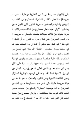 ‫ﻋﻠﻰ ﺇﻨﺘﺎﺠﻬﺎ: ﻤﺠﻤﻭﻋﺔ ﻤﻥ ﺍﻟﺩﻤﻰ ﺍﻟﻔﺨﺎﺭﻴﺔ )ﺭﺤﺎﻴﺔ – ﺠﻤل –‬
‫ﻋﺭﻭﺴﺔ( – ﺍﻟﺤﻤﺎﺭ ﺍﻟﺨﺸﺒﻲ ﺍﻟﻤﺘﺤﺭﻙ ﺍﻟﻤﺼﻨﻭﻉ ﻤﻥ ﺍﻟﺨﺸـﺏ‬
‫ﺍﻷﺒﻴﺽ ﻭﺍﻟﺨﻴﻁ ﻭﺍﻟﻤﺴﺎﻤﻴﺭ – ﻋﺭﺒﺔ ﺍﻟﻜﺎﺭﻭ ﺍﻟﺘﻲ ﺘﺘﻜﻭﻥ ﻤـﻥ‬
‫ﻭﺤﺩﺘﻴﻥ: ﺍﻷﻭﻟﻰ ﻫﻴﺌﺔ ﺤﻤﺎﺭ ﻤﺼﻨﻭﻉ ﻤﻥ ﺍﻟﺨﺸـﺏ، ﻭﺍﻟﺜﺎﻨﻴـﺔ‬
‫ﻋﺭﺒﺔ ﻤﻜﻭﻨﺔ ﻤﻥ ﺜﻼﺙ ﻋﺠﻼﺕ ﻤﺘﺼﻠﺔ ﺒﺎﻟﺤﻤﺎﺭ – ﻋﺭﻭﺴـﺔ‬
‫ﻤﻥ ﺍﻟﻁﻴﻥ ﺍﻟﻤﺤﺭﻭﻕ ﻋﻠﻰ ﺸﻜل ﺍﻤﺭﺃﺓ – ﺍﻟﺩﺒﻭﺭ – ﺃﻭ ﺍﻟﻨﺤﻠـﺔ‬
‫ﺍﻟﺘﻲ ﺘﻜﻭﻥ ﻓﻲ ﺸﻜل ﻤﺨﺭﻭﻁﻲ ﺃﻭ ﻜﻤﺜﺭﻱ ﻤﻥ ﺍﻟﺨﺸﺏ ﻤﺜﺒـﺕ‬
‫ﻓﻲ ﺃﺴﻔﻠﻬﺎ ﻤﺴﻤﺎﺭ ﺤﺩﻴﺩﻱ – ﺍﻟﻁﺒﻠﺔ "ﺍﻟﺩﺭﺒﻜﺔ" ﺍﻟﺘﻲ ﺘﺼﻨﻊ ﻤﻥ‬
‫ﺍﻟﻔﺨﺎﺭ ﻭﺍﻟﻭﺭﻕ ﺃﻭ ﺍﻟﺠﻠﺩ – ﺍﻟﺭﺒﺎﺒﺔ ﺍﻟﻤﺼـﻨﻭﻋﺔ ﻤـﻥ ﻋﺼـﺎ‬
‫ﺍﻟﺨﺸﺏ ﻭﺴﻠﻙ ﻋﻠﺒﺔ ﺼﻠﺼﺔ ﺼﻐﻴﺭﺓ ﻤﺴﺘﺩﻴﺭﺓ، ﻭﻗﻭﺱ ﺍﻟﺭﺒﺎﺒﺔ‬
‫ﺍﻟﻤﺼﻨﻭﻉ ﻤﻥ ﻋﺼﺎ ﺍﻟﺠﺭﻴﺩ ﻴﺸﺩ ﻋﻠﻴﻬﺎ ﻭﺘﺭ – ﺩﻤﻴﺔ ﻋﻠﻰ ﺸﻜل‬
‫ﺠﻤل ﺫﻱ ﺴﻨﺎﻡ ﻤﺼﻨﻭﻋﺔ ﻤﻥ ﺍﻟﻁﻴﻥ ﺍﻟﻤﺤﺭﻭﻕ،ﻭﻴﻌﺩ ﺍﻟﺠﻤل ﻤﻥ‬
‫ﺍﻟﺭﻤﻭﺯ ﺍﻟﺸﻌﺒﻴﺔ ﺍﻟﺸﺎﺌﻌﺔ، ﻨﺠﺩﻫﺎ ﻓﻲ ﺍﻟﺭﺴﻭﻡ ﺍﻟﺠﺩﺍﺭﻴﺔ ﻟﻠﻤﻨﺎﺯل‬
‫ﻭﻋﻠﻰ ﺍﻷﻜﻠﻤﺔ ﺍﻟﺸﻌﺒﻴﺔ ﻭﻫﻲ ﺘﺫﻜﺭﻨﺎ ﺒﺎﻟﻤﺤﻤل – ﺩﻤﻴـﺔ ﻋﻠـﻰ‬
‫ﻫﻴﺌﺔ ﻋﺭﻭﺴﺔ ﻤﺜﺒﺘﺔ ﻋﻠﻰ ﻅﻬﺭ ﺠﻤل ﻤﺼﻨﻭﻋﺔ ﻤـﻥ ﺍﻟﻁـﻴﻥ‬
‫ﺍﻟﻤﺤﺭﻭﻕ – ﺁﻟﺔ ﻤﻭﺴﻴﻘﻴﺔ "ﺼﻔﺎﺭﺓ" ﻭﺘﺼﻨﻊ ﻤﻥ ﻋﺼـﺎ ﻤـﻥ‬
‫ﺍﻟﻐﺎﺏ ﺫﺍﺕ ﺜﻘﻭﺏ ﺴﺘﺔ ﻤﺴﺘﺨﺩﻤﺔ – ﻤﺯﻤﺎﺭ ﻤﺼﻨﻭﻉ ﻤﻥ ﻋﺼﺎ‬
‫ﺍﻟﻐﺎﺏ ﺫﻱ ﺍﺜﻨﻰ ﻋﺸﺭ ﺜﻘﺒﺎ – ﺍﻷﺭﺍﺠﻭﺯ ﺍﻟﻤﺼﻨﻭﻉ ﻤﻥ ﺨﺸـﺏ‬
                           ‫‪‬‬
 