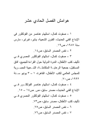 ‫ﻫﻭﺍﻤﺵ ﺍﻟﻔﺼل ﺍﻟﺤﺎﺩﻱ ﻋﺸﺭ‬

‫١ – ﺼﻔﻭﺕ ﻜﻤﺎل، ﺍﺴﺘﻠﻬﺎﻡ ﻋﻨﺎﺼﺭ ﻤﻥ ﺍﻟﻔﻭﻟﻜﻠﻭﺭ ﻓﻲ‬
‫ﺍﻹﺒﺩﺍﻉ ﺍﻟﻔﻨﻲ ﺍﻟﺤﺩﻴﺙ، ﺍﻟﻔﻨﻭﻥ ﺍﻟﺸﻌﺒﻴﺔ، ﻴﻨﺎﻴﺭ، ﻓﺒﺭﺍﻴﺭ، ﻤﺎﺭﺱ‬
                                     ‫ﺴﻨﺔ ٧٨٩١، ﺹ٩١.‬
                 ‫٢ – ﻨﻔﺱ ﺍﻟﻤﺼﺩﺭ ﺍﻟﺴﺎﺒﻕ، ﺹ٤١.‬
‫٣ – ﺼﻔﻭﺕ ﻜﻤﺎل، ﺍﺴﺘﻠﻬﺎﻡ ﺍﻟﻔﻭﻟﻜﻠﻭﺭ ﺍﻟﻤﺼﺭﻱ ﻓـﻲ‬
‫ﺘﺄﻟﻴﻑ ﻜﺘﺏ ﺍﻷﻁﻔﺎل، ﺍﻟﻨﺩﻭﺓ ﺍﻟﺩﻭﻟﻴﺔ ﺤﻭل ﺍﻟﻘﺭﺍﺀﺓ ﻟﻠﺠﻤﻴﻊ، ﺁﻓﺎﻕ‬
‫ﺍﻟﻤﺴﺘﻘﺒل، ﺠﻤﻌﻴﺔ ﺍﻟﺭﻋﺎﻴـﺔ ﺍﻟﻤﺘﻜﺎﻤﻠـﺔ، ﺍﻟﺸـﻌﺒﻴﺔ ﺍﻟﻤﺼـﺭﻴﺔ‬
‫ﻟﻠﻤﺠﻠﺱ ﺍﻟﻌﺎﻟﻤﻲ ﻟﻜﺘﺏ ﺍﻷﻁﻔﺎل، ﺍﻟﻘﺎﻫﺭﺓ، ١ – ٣ ﻴﻭﻨﻴﻭ ﺴـﻨﺔ‬
                                         ‫٢٩٩١، ﺹ٠٧.‬
‫٤ – ﺼﻔﻭﺕ ﻜﻤﺎل، ﺍﺴﺘﻠﻬﺎﻡ ﻋﻨﺎﺼﺭ ﺍﻟﻔﻭﻟﻜﻠـﻭﺭ ﻓـﻲ‬
   ‫ﺍﻹﺒﺩﺍﻉ ﺍﻟﻔﻨﻲ ﺍﻟﺤﺩﻴﺙ، ﻤﺼﺩﺭ ﺴﺎﺒﻕ، ﺹ. ﺹ٤١ – ٥١.‬
‫٥ – ﺼﻔﻭﺕ ﻜﻤﺎل، ﺍﺴﺘﻠﻬﺎﻡ ﺍﻟﻔﻭﻟﻜﻠﻭﺭ ﺍﻟﻤﺼﺭﻱ ﻓـﻲ‬
                ‫ﺘﺄﻟﻴﻑ ﻜﺘﺏ ﺍﻷﻁﻔﺎل، ﻤﺼﺩﺭ ﺴﺎﺒﻕ، ﺹ٣٧.‬
                 ‫٦ – ﻨﻔﺱ ﺍﻟﻤﺼﺩﺭ ﺍﻟﺴﺎﺒﻕ، ﺹ٥٧.‬
                 ‫٧ – ﻨﻔﺱ ﺍﻟﻤﺼﺩﺭ ﺍﻟﺴﺎﺒﻕ، ﺹ٦٧.‬
 