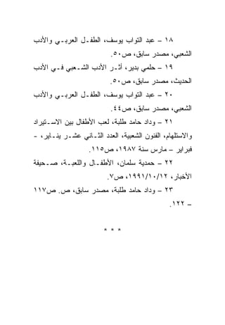 ‫٨١ – ﻋﺒﺩ ﺍﻟﺘﻭﺍﺏ ﻴﻭﺴﻑ، ﺍﻟﻁﻔـل ﺍﻟﻌﺭﺒـﻲ ﻭﺍﻷﺩﺏ‬
                          ‫ﺍﻟﺸﻌﺒﻲ، ﻤﺼﺩﺭ ﺴﺎﺒﻕ، ﺹ٠٥.‬
‫٩١ – ﺤﻠﻤﻲ ﺒﺩﻴﺭ، ﺃﺜـﺭ ﺍﻷﺩﺏ ﺍﻟﺸـﻌﺒﻲ ﻓـﻲ ﺍﻷﺩﺏ‬
                          ‫ﺍﻟﺤﺩﻴﺙ، ﻤﺼﺩﺭ ﺴﺎﺒﻕ، ﺹ٠٥.‬
‫٠٢ – ﻋﺒﺩ ﺍﻟﺘﻭﺍﺏ ﻴﻭﺴﻑ، ﺍﻟﻁﻔـل ﺍﻟﻌﺭﺒـﻲ ﻭﺍﻷﺩﺏ‬
                          ‫ﺍﻟﺸﻌﺒﻲ، ﻤﺼﺩﺭ ﺴﺎﺒﻕ، ﺹ٤٤.‬
‫١٢ – ﻭﺩﺍﺩ ﺤﺎﻤﺩ ﻁﻠﺒﺔ، ﹸﻌﺏ ﺍﻷﻁﻔﺎل ﺒﻴﻥ ﺍﻻﺴـﺘﻴﺭﺍﺩ‬
                       ‫ﻟ‬
‫ﻭﺍﻻﺴﺘﻠﻬﺎﻡ، ﺍﻟﻔﻨﻭﻥ ﺍﻟﺸﻌﺒﻴﺔ، ﺍﻟﻌﺩﺩ ﺍﻟﺜـﺎﻨﻲ ﻋﺸـﺭ ﻴﻨـﺎﻴﺭ، -‬
                   ‫ﻓﺒﺭﺍﻴﺭ – ﻤﺎﺭﺱ ﺴﻨﺔ ٧٨٩١، ﺹ٥١١.‬
‫٢٢ – ﺤﻤﺩﻴﺔ ﺴﻠﻤﺎﻥ، ﺍﻷﻁﻔـﺎل ﻭﺍﻟﻠﻌﺒـﺔ، ﺼـﺤﻴﻔﺔ‬
                         ‫ﺍﻷﺨﺒﺎﺭ، ٢١/٠١/١٩٩١، ﺹ٧.‬
‫٣٢ – ﻭﺩﺍﺩ ﺤﺎﻤﺩ ﻁﻠﺒﺔ، ﻤﺼﺩﺭ ﺴﺎﺒﻕ، ﺹ. ﺹ٧١١‬
                                               ‫– ٢٢١.‬


                        ‫***‬
 