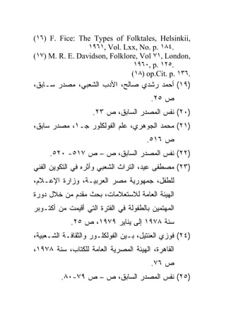 ‫,‪(١٦) F. Fice: The Types of Folktales, Helsinkii‬‬
                 ‫.٤٨١ .‪١٩٦١, Vol. Lxx, No. p‬‬
‫,‪(١٧) M. R. E. Davidson, Folklore, Vol ٧١, London‬‬
                                ‫.٥٢١ .‪١٩٦٠, p‬‬
                               ‫.٦٣١ .‪(١٨) op.Cit. p‬‬
‫)٩١( ﺃﺤﻤﺩ ﺭﺸﺩﻱ ﺼﺎﻟﺢ، ﺍﻷﺩﺏ ﺍﻟﺸﻌﺒﻲ، ﻤﺼﺩﺭ ﺴـﺎﺒﻕ،‬
                                        ‫ﺹ ٥٢.‬
                    ‫)٠٢( ﻨﻔﺱ ﺍﻟﻤﺼﺩﺭ ﺍﻟﺴﺎﺒﻕ، ﺹ ٣٢.‬
‫)١٢( ﻤﺤﻤﺩ ﺍﻟﺠﻭﻫﺭﻱ، ﻋﻠﻡ ﺍﻟﻔﻭﻟﻜﻠﻭﺭ ﺠـ١، ﻤﺼﺩﺭ ﺴﺎﺒﻕ،‬
                                       ‫ﺹ ٦١٥.‬
     ‫)٢٢( ﻨﻔﺱ ﺍﻟﻤﺼﺩﺭ ﺍﻟﺴﺎﺒﻕ، ﺹ – ﺹ ٧١٥- ٠٢٥.‬
‫)٣٢( ﻤﺼﻁﻔﻰ ﻋﻴﺩ، ﺍﻟﺘﺭﺍﺙ ﺍﻟﺸﻌﺒﻲ ﻭﺃﺜﺭﻩ ﻓﻲ ﺍﻟﺘﻜﻭﻴﻥ ﺍﻟﻔﻨﻲ‬
‫ﻟﻠﻁﻔل، ﺠﻤﻬﻭﺭﻴﺔ ﻤﺼﺭ ﺍﻟﻌﺭﺒﻴـﺔ، ﻭﺯﺍﺭﺓ ﺍﻹﻋـﻼﻡ،‬
‫ﺍﻟﻬﻴﺌﺔ ﺍﻟﻌﺎﻤﺔ ﻟﻼﺴﺘﻌﻼﻤﺎﺕ، ﺒﺤﺙ ﻤﻘﺩﻡ ﻤﻥ ﺨﻼل ﺩﻭﺭﺓ‬
‫ﺍﻟﻤﻬﺘﻤﻴﻥ ﺒﺎﻟﻁﻔﻭﻟﺔ ﻓﻲ ﺍﻟﻔﺘﺭﺓ ﺍﻟﺘﻲ ﺃﻗﻴﻤﺕ ﻤﻥ ﺃﻜﺘـﻭﺒﺭ‬
            ‫ﺴﻨﺔ ٨٧٩١ ﺇﻟﻰ ﻴﻨﺎﻴﺭ ٩٧٩١، ﺹ ٥٢.‬
‫)٤٢( ﻓﻭﺯﻱ ﺍﻟﻌﻨﺘﻴل، ﺒـﻴﻥ ﺍﻟﻔﻭﻟﻜﻠـﻭﺭ ﻭﺍﻟﺜﻘﺎﻓـﺔ ﺍﻟﺸـﻌﺒﻴﺔ،‬
‫ﺍﻟﻘﺎﻫﺭﺓ، ﺍﻟﻬﻴﺌﺔ ﺍﻟﻤﺼﺭﻴﺔ ﺍﻟﻌﺎﻤﺔ ﻟﻠﻜﺘﺎﺏ، ﺴﻨﺔ ٨٧٩١،‬
                                        ‫ﺹ ٦٧.‬
         ‫)٥٢( ﻨﻔﺱ ﺍﻟﻤﺼﺩﺭ ﺍﻟﺴﺎﺒﻕ، ﺹ – ﺹ ٩٧-٠٨.‬
 
