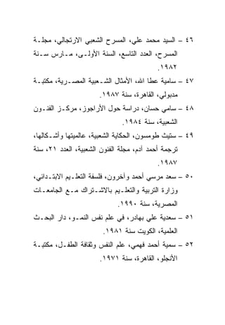 ‫٦٤ – ﺍﻟﺴﻴﺩ ﻤﺤﻤﺩ ﻋﻠﻲ، ﺍﻟﻤﺴﺭﺡ ﺍﻟﺸﻌﺒﻲ ﺍﻻﺭﺘﺠﺎﻟﻲ، ﻤﺠﻠـﺔ‬
‫ﺍﻟﻤﺴﺭﺡ، ﺍﻟﻌﺩﺩ ﺍﻟﺘﺎﺴﻊ، ﺍﻟﺴﻨﺔ ﺍﻷﻭﻟـﻰ، ﻤـﺎﺭﺱ ﺴـﻨﺔ‬
                                           ‫٢٨٩١.‬
‫٧٤ – ﺴﺎﻤﻴﺔ ﻋﻁﺎ ﺍﷲ، ﺍﻷﻤﺜﺎل ﺍﻟﺸـﻌﺒﻴﺔ ﺍﻟﻤﺼـﺭﻴﺔ، ﻤﻜﺘﺒـﺔ‬
                      ‫ﻤﺩﺒﻭﻟﻲ، ﺍﻟﻘﺎﻫﺭﺓ، ﺴﻨﺔ ٧٨٩١.‬
‫٨٤ – ﺴﺎﻤﻲ ﺤﺴﺎﻥ، ﺩﺭﺍﺴﺔ ﺤﻭل ﺍﻷﺭﺍﺠﻭﺯ، ﻤﺭﻜـﺯ ﺍﻟﻔﻨـﻭﻥ‬
                              ‫ﺍﻟﺸﻌﺒﻴﺔ، ﺴﻨﺔ ٤٨٩١.‬
‫٩٤ – ﺴﺘﻴﺙ ﻁﻭﻤﺴﻭﻥ، ﺍﻟﺤﻜﺎﻴﺔ ﺍﻟﺸﻌﺒﻴﺔ، ﻋﺎﻟﻤﻴﺘﻬﺎ ﻭﺃﺸـﻜﺎﻟﻬﺎ،‬
‫ﺘﺭﺠﻤﺔ ﺃﺤﻤﺩ ﺁﺩﻡ، ﻤﺠﻠﺔ ﺍﻟﻔﻨﻭﻥ ﺍﻟﺸﻌﺒﻴﺔ، ﺍﻟﻌﺩﺩ ١٢، ﺴﻨﺔ‬
                                           ‫٧٨٩١.‬
‫٠٥ – ﺴﻌﺩ ﻤﺭﺴﻲ ﺃﺤﻤﺩ ﻭﺁﺨﺭﻭﻥ، ﻓﻠﺴﻔﺔ ﺍﻟﺘﻌﻠـﻴﻡ ﺍﻻﺒﺘـﺩﺍﺌﻲ،‬
‫ﻭﺯﺍﺭﺓ ﺍﻟﺘﺭﺒﻴﺔ ﻭﺍﻟﺘﻌﻠـﻴﻡ ﺒﺎﻻﺸـﺘﺭﺍﻙ ﻤـﻊ ﺍﻟﺠﺎﻤﻌـﺎﺕ‬
                             ‫ﺍﻟﻤﺼﺭﻴﺔ، ﺴﻨﺔ ٠٩٩١.‬
‫١٥ – ﺴﻌﺩﻴﺔ ﻋﻠﻲ ﺒﻬﺎﺩﺭ، ﻓﻲ ﻋﻠﻡ ﻨﻔﺱ ﺍﻟﻨﻤـﻭ، ﺩﺍﺭ ﺍﻟﺒﺤـﺙ‬
                        ‫ﺍﻟﻌﻠﻤﻴﺔ، ﺍﻟﻜﻭﻴﺕ ﺴﻨﺔ ١٨٩١.‬
‫٢٥ – ﺴﻤﻴﺔ ﺃﺤﻤﺩ ﻓﻬﻤﻲ، ﻋﻠﻡ ﺍﻟﻨﻔﺱ ﻭﺜﻘﺎﻓﺔ ﺍﻟﻁﻔـل، ﻤﻜﺘﺒـﺔ‬
                       ‫ﺍﻷﻨﺠﻠﻭ، ﺍﻟﻘﺎﻫﺭﺓ، ﺴﻨﺔ ١٧٩١.‬
 