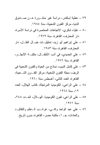 ‫٩٧ – ﻋﻁﻴﺔ ﺇﺴﻜﻨﺩﺭ، ﺩﺭﺍﺴﺔ ﻏﻴﺭ ﻤﻨﺸـﻭﺭﺓ ﻋـﻥ ﺼـﻨﺩﻭﻕ‬
            ‫ﺍﻟﺩﻨﻴﺎ، ﻤﺭﻜﺯ ﺍﻟﻔﻨﻭﻥ ﺍﻟﺸﻌﺒﻴﺔ، ﺴﻨﺔ ٤٨٩١.‬
‫٠٨ – ﻋﻠﻴﺎﺀ ﺸﻜﺭﻱ، ﺍﻻﺘﺠﺎﻫﺎﺕ ﺍﻟﻤﻌﺎﺼﺭﺓ ﻓﻲ ﺩﺭﺍﺴﺔ ﺍﻷﺴﺭﺓ،‬
                 ‫ﺩﺍﺭ ﺍﻟﻤﻌﺎﺭﻑ، ﺍﻟﻘﺎﻫﺭﺓ، ﺴﻨﺔ ٩٧٩١.‬
‫١٨ – ﻋﻠﻲ ﺇﺒﺭﺍﻫﻴﻡ ﺃﺒﻭ ﺯﻴﺩ، ﺘﻤﺜﻴﻠﻴـﺎﺕ ﺨﻴـﺎل ﺍﻟﻅـل، ﺩﺍﺭ‬
                     ‫ﺍﻟﻤﻌﺎﺭﻑ، ﺍﻟﻘﺎﻫﺭﺓ، ﺴﻨﺔ ٣٨٩١.‬
‫٢٨ – ﻋﻠﻲ ﺍﻟﺤﺩﻴﺩﻱ، ﻓﻲ ﺃﺩﺏ ﺍﻷﻁﻔـﺎل، ﻤﻜﺘﺒـﺔ ﺍﻷﻨﺠﻠـﻭ،‬
                               ‫ﺍﻟﻘﺎﻫﺭﺓ، ﺴﻨﺔ ٦٧٩١.‬
‫٣٨ – ﻋﻠﻲ ﻜﺎﻤل ﺍﻟﺩﻴﺏ، ﻨﻤﺎﺫﺝ ﻤﻥ ﺍﻟﺤﻴﺎﺓ ﻭﺍﻟﻔﻨﻭﻥ ﺍﻟﺸﻌﺒﻴﺔ ﻓﻲ‬
‫ﺍﻟﺭﻴﻑ، ﻤﺠﻠﺔ ﺍﻟﻔﻨﻭﻥ ﺍﻟﺸﻌﺒﻴﺔ، ﻤﺭﻜﺯ ﺍﻟﻔﻨـﻭﻥ ﺍﻟﺸـﻌﺒﻴﺔ،‬
          ‫ﺍﻟﻘﺎﻫﺭﺓ، ﺍﻟﻌﺩﺩ ﺍﻟﺜﺎﻨﻲ، ﺃﻏﺴﻁﺱ ﺴﻨﺔ ٠٦٩١.‬
‫٤٨ – ﻋﻠﻲ ﺍﻟﺭﺍﻋﻲ، ﺍﻟﻜﻭﻤﻴﺩﻴﺎ ﺍﻟﻤﺭﺘﺠﻠﺔ، ﻜﺘﺎﺏ ﺍﻟﻬﻼل، ﺍﻟﻌﺩﺩ‬
                                  ‫٢١، ﺴﻨﺔ ٨٦٩١.‬
‫٥٨ – ﻋﻠﻲ ﺍﻟﺭﺍﻋﻲ، ﻓﻨﻭﻥ ﺍﻟﻜﻭﻤﻴﺩﻴﺎ، ﺍﻟﻬـﻼل، ﺍﻟﻌـﺩﺩ ٨٤٢،‬
                                      ‫ﺴﻨﺔ ١٧٩١.‬
‫٦٨ – ﻋﻠﻲ ﻋﺒﺩ ﺍﻟﻭﺍﺤﺩ ﻭﺍﻓـﻲ، ﻏﺭﺍﺌـﺏ ﺍﻟـﻨﻅﻡ ﻭﺍﻟﺘﻘﺎﻟﻴـﺩ‬
  ‫ﻭﺍﻟﻌﺎﺩﺍﺕ، ﺠـ١، ﻤﻜﺘﺒﺔ ﻤﺼﺭ، ﺍﻟﻘﺎﻫﺭﺓ، ﺒﺩﻭﻥ ﺘﺎﺭﻴﺦ.‬
 