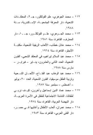 ‫٢١١ – ﻤﺤﻤﺩ ﺍﻟﺠﻭﻫﺭﻱ، ﻋﻠﻡ ﺍﻟﻔﻭﻟﻜﻠﻭﺭ، ﺠـ٢، ﺍﻟﻤﻌﺘﻘـﺩﺍﺕ‬
‫ﺍﻟﺸﻌﺒﻴﺔ، ﺩﺍﺭ ﺍﻟﻤﻌﺭﻓﺔ ﺍﻟﺠﺎﻤﻌﻴـﺔ، ﺍﻹﺴـﻜﻨﺩﺭﻴﺔ، ﺴـﻨﺔ‬
                                             ‫٨٨٩١.‬
‫٣١١ – ﻤﺤﻤﺩ ﺍﻟﺠـﻭﻫﺭﻱ، ﻋﻠـﻡ ﺍﻟﻔﻭﻟﻜﻠـﻭﺭ، ﺠــ١، ﺩﺍﺭ‬
                      ‫ﺍﻟﻤﻌﺎﺭﻑ، ﺍﻟﻘﺎﻫﺭﺓ، ﺴﻨﺔ ١٨٩١.‬
‫٤١١ – ﻤﺤﻤﺩ ﻋﺎﺩل ﺨﻁﺎﺏ، ﺍﻷﻟﻌﺎﺏ ﺍﻟﺭﻴﻔﻴﺔ ﺍﻟﺸﻌﺒﻴﺔ، ﻤﻜﺘﺒـﺔ‬
                        ‫ﺍﻷﻨﺠﻠﻭ، ﺍﻟﻘﺎﻫﺭﺓ، ﺴﻨﺔ ٤٦٩١.‬
‫٥١١ – ﻤﺤﻤﺩ ﻋﺒﺩ ﺍﻟﺴﻼﻡ ﺇﺒﺭﺍﻫﻴﻡ، ﻓﻲ ﺍﻟﻤﻌﺘﻘﺩ ﺍﻟﺸﻌﺒﻲ، ﺍﻟﻔﻨﻭﻥ‬
‫ﺍﻟﺸﻌﺒﻴﺔ، ﺍﻟﻌﺩﺩ ﺍﻟﺜﺎﻨﻲ ﻭﺍﻟﻌﺸﺭﻭﻥ، ﻴﻨـﺎﻴﺭ – ﻓﺒﺭﺍﻴـﺭ –‬
                                  ‫ﻤﺎﺭﺱ ﺴﻨﺔ ٨٨٩١.‬
‫٦١١ – ﻤﺤﻤﺩ ﻋﺒﺩ ﺍﻟﻭﻫﺎﺏ ﻋﺒﺩ ﺍﻟﻔﺘـﺎﺡ، ﺍﻷﻟﺤـﺎﻥ ﺍﻟﺸـﻌﺒﻴﺔ‬
‫ﻭﺘﺭﺒﻴﺔ ﺍﻟﻁﻔل ﻤﻭﺴﻴﻘﻴﺎ، ﺍﻟﻔﻨﻭﻥ ﺍﻟﺸﻌﺒﻴﺔ، ﺍﻟﻌﺩﺩ ٠٢، ﻴﻭﻟﻴﻭ‬
                                  ‫‪‬‬
                   ‫– ﺃﻏﺴﻁﺱ – ﺴﺒﺘﻤﺒﺭ ﺴﻨﺔ ٧٨٩١.‬
‫٧١١ – ﻤﺤﻤﺩ ﻋﻤﺎﺩ ﺍﻟﺩﻴﻥ ﺇﺴﻤﺎﻋﻴل ﻭﺁﺨﺭﻭﻥ، ﻜﻴـﻑ ﻨﺭﺒـﻲ‬
‫ﺃﻁﻔﺎﻟﻨﺎ، ﺍﻟﺘﻨﺸﺌﺔ ﺍﻻﺠﺘﻤﺎﻋﻴﺔ ﻟﻠﻁﻔل ﻓﻲ ﺍﻷﺴﺭﺓ ﺍﻟﻌﺭﺒﻴـﺔ،‬
            ‫ﺩﺍﺭ ﺍﻟﻨﻬﻀﺔ ﺍﻟﻌﺭﺒﻴﺔ، ﺍﻟﻘﺎﻫﺭﺓ، ﺴﻨﺔ ٤٧٩١.‬
‫٨١١ – ﻤﺤﻤﺩ ﻋﻤﺭﺍﻥ، ﺃﻟﻌﺎﺏ ﺍﻷﻁﻔﺎل ﻭﺃﻏﺎﻨﻴﻬﺎ ﻓـﻲ ﻤﺼـﺭ،‬
              ‫ﺩﺍﺭ ﺍﻟﻔﺘﻰ ﺍﻟﻌﺭﺒﻲ، ﺍﻟﻘﺎﻫﺭﺓ، ﺴﻨﺔ ٣٨٩١.‬
 