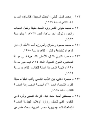 ‫٩١١ – ﻤﺤﻤﺩ ﻗﻨﺩﻴل ﺍﻟﺒﻘﻠﻲ، ﺍﻷﻤﺜﺎل ﺍﻟﺸﻌﺒﻴﺔ، ﻜﺘﺎﺒـﻙ، ﺍﻟﻌـﺩﺩ‬
                          ‫٤٤، ﺍﻟﻘﺎﻫﺭﺓ، ﺴﻨﺔ ٧٨٩١.‬
‫٠٢١ – ﻤﺤﻤﺩ ﻤﺘﻭﻟﻲ ﺍﻟﺸﻌﺭﺍﻭﻱ، ﺍﻟﺤﺴﺩ ﺤﻘﻴﻘﺔ ﻭﻋﻤل ﺍﻟﺤﺠﺎﺏ‬
‫ﻭﺍﻟﺨﺭﺯﺓ ﺸﺭﻙ، ﺁﺨﺭ ﺴﺎﻋﺔ، ﺍﻟﻌﺩﺩ ٧٣٠٣، ٦ ﻴﻨﺎﻴﺭ ﺴﻨﺔ‬
                                           ‫٣٩٩١.‬
‫١٢١ – ﻤﺤﻤﺩ ﻤﺤﻤﻭﺩ ﺭﻀﻭﺍﻥ ﻭﺁﺨﺭﻭﻥ، ﺃﺩﺏ ﺍﻷﻁﻔـﺎل، ﺩﺍﺭ‬
       ‫ﺍﻟﺯﻫﺭﺍﺀ ﻟﻠﻁﺒﺎﻋﺔ ﻭﺍﻟﻨﺸﺭ، ﺍﻟﻘﺎﻫﺭﺓ، ﺴﻨﺔ ٥٨٩١.‬
‫٢٢١ – ﻤﺤﻤﻭﺩ ﺍﻟﻨﺒﻭﻱ ﺍﻟﺸﺎل، ﺍﻷﻏﺎﻨﻲ ﺍﻟﺸـﻌﺒﻴﺔ ﻓـﻲ ﺤﻴـﺎﺓ‬
‫ﺍﻟﺠﻤﺎﻫﻴﺭ، ﺍﻟﻔﻨﻭﻥ ﺍﻟﺸﻌﺒﻴﺔ، ﺍﻟﻌﺩﺩ ٤٣٢، ﺩﻴﺴـﻤﺒﺭ ﺴـﻨﺔ‬
‫١٩٩١، ﺍﻟﻬﻴﺌﺔ ﺍﻟﻤﺼﺭﻴﺔ ﺍﻟﻌﺎﻤﺔ ﻟﻠﻜﺘﺎﺏ، ﺍﻟﻘﺎﻫﺭﺓ، ﺴـﻨﺔ‬
                                           ‫٢٩٩١.‬
‫٣٢١ – ﻤﺤﻤﻭﺩ ﺫﻫﻨﻲ، ﺒﻴﻥ ﺍﻷﺩﺏ ﺍﻟﺸﻌﺒﻲ ﻭﺃﺩﺏ ﺍﻟﻁﻔل، ﻤﺠﻠﺔ‬
‫ﺍﻟﻔﻨﻭﻥ ﺍﻟﺸﻌﺒﻴﺔ، ﺍﻟﻌﺩﺩ ١٢، ﺍﻟﻬﻴﺌـﺔ ﺍﻟﻤﺼـﺭﻴﺔ ﺍﻟﻌﺎﻤـﺔ‬
                               ‫ﻟﻠﻜﺘﺎﺏ، ﺴﻨﺔ ٧٨٩١.‬
‫٤٢١ – ﻤﺼﻁﻔﻰ ﺃﺤﻤﺩ ﺃﺤﻤﺩ ﻋﻴﺩ، ﺍﻟﺘﺭﺍﺙ ﺍﻟﺸﻌﺒﻲ ﻭﺃﺜﺭﻩ ﻓـﻲ‬
‫ﺍﻟﺘﻜﻭﻴﻥ ﺍﻟﻔﻨﻲ ﻟﻠﻁﻔل، ﻭﺯﺍﺭﺓ ﺍﻹﻋﻼﻡ، ﺍﻟﻬﻴﺌـﺔ ﺍﻟﻌﺎﻤـﺔ‬
‫ﻟﻼﺴﺘﻌﻼﻤﺎﺕ، ﺠﻤﻬﻭﺭﻴﺔ ﻤﺼﺭ ﺍﻟﻌﺭﺒﻴﺔ، ﺒﺤﺙ ﻤﻘﺩﻡ ﻤﻥ‬
 