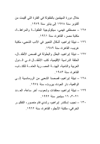 ‫ﺨﻼل ﺩﻭﺭﺓ ﺍﻟﻤﻬﺘﻤﻴﻥ ﺒﺎﻟﻁﻔﻭﻟﺔ ﻓﻲ ﺍﻟﻔﺘﺭﺓ ﺍﻟﺘﻲ ﺃﻗﻴﻤﺕ ﻤﻥ‬
            ‫ﺃﻜﺘﻭﺒﺭ ﺴﻨﺔ ٨٧٩١ ﺇﻟﻰ ﻴﻨﺎﻴﺭ ﺴﻨﺔ ٩٧٩١.‬
‫٥٢١ – ﻤﺼﻁﻔﻰ ﻓﻬﻤﻲ، ﺴﻴﻜﻭﻟﻭﺠﻴﺔ ﺍﻟﻁﻔﻭﻟـﺔ ﻭﺍﻟﻤﺭﺍﻫﻘـﺔ،‬
                   ‫ﻤﻜﺘﺒﺔ ﻤﺼﺭ، ﺍﻟﻘﺎﻫﺭﺓ، ﺴﻨﺔ ١٦٩١.‬
‫٦٢١ – ﻨﺒﻴﻠﺔ ﺇﺒﺭﺍﻫﻴﻡ، ﺃﺸﻜﺎل ﺍﻟﺘﻌﺒﻴﺭ ﻓﻲ ﺍﻷﺩﺏ ﺍﻟﺸﻌﺒﻲ، ﻤﻜﺘﺒﺔ‬
                        ‫ﻏﺭﻴﺏ، ﺍﻟﻘﺎﻫﺭﺓ، ﺴﻨﺔ ٩٨٩١.‬
‫٧٢١ – ﻨﺒﻴﻠﺔ ﺇﺒﺭﺍﻫﻴﻡ، ﺍﻟﺒﻁل ﻭﺍﻟﺒﻁﻭﻟﺔ ﻓﻲ ﻗﺼﺹ ﺍﻷﻁﻔـﺎل،‬
‫ﺍﻟﺤﻠﻘﺔ ﺍﻟﺩﺭﺍﺴﻴﺔ ﺍﻹﻗﻠﻴﻤﻴﺔ، ﻜﺘﺏ ﺍﻷﻁﻔـﺎل ﻓـﻲ ﺍﻟـﺩﻭل‬
‫ﺍﻟﻌﺭﺒﻴﺔ ﻭﺍﻟﻨﺎﻤﻴﺔ، ﺍﻟﻬﻴﺌـﺔ ﺍﻟﻤﺼـﺭﻴﺔ ﺍﻟﻌﺎﻤـﺔ ﻟﻠﻜﺘـﺎﺏ،‬
                               ‫ﺍﻟﻘﺎﻫﺭﺓ، ﺴﻨﺔ ٣٨٩١.‬
‫٨٢١ – ﻨﺒﻴﻠﺔ ﺇﺒﺭﺍﻫﻴﻡ، ﻗﺼﺼﻨﺎ ﺍﻟﺸﻌﺒﻲ ﻤﻥ ﺍﻟﺭﻭﻤﺎﻨﺴﻴﺔ ﺇﻟـﻰ‬
           ‫ﺍﻟﻭﺍﻗﻌﻴﺔ، ﺩﺍﺭ ﺍﻟﻌﻭﺩﺓ، ﺒﻴﺭﻭﺕ، ﺴﻨﺔ ٤٧٩١.‬
‫٩٢١ – ﻨﺒﻴﻠﺔ ﺇﺒﺭﺍﻫﻴﻡ، ﻤﻌﺘﻘﺩﺍﺕ ﻭﺸﻌﻭﺏ، ﺁﺨﺭ ﺴﺎﻋﺔ، ﺍﻟﻌـﺩﺩ‬
                    ‫١٢٠٣، ٦١ ﺴﺒﺘﻤﺒﺭ ﺴﻨﺔ ٢٩٩١.‬
‫٠٣١ – ﻨﺠﻴﺏ ﺇﺴﻜﻨﺩﺭ ﺇﺒﺭﺍﻫﻴﻡ، ﺭﺸﺩﻱ ﻓﺎﻡ ﻤﻨﺼﻭﺭ، ﺍﻟﺘﻔﻜﻴـﺭ‬
        ‫ﺍﻟﺨﺭﺍﻓﻲ، ﻤﻜﺘﺒﺔ ﺍﻷﻨﺠﻠﻭ، ﺍﻟﻘﺎﻫﺭﺓ، ﺴﻨﺔ ٢٦٩١.‬
 