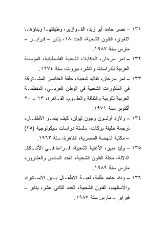 ‫١٣١ – ﻨﺼﺭ ﺤﺎﻤﺩ ﺃﺒﻭ ﺯﻴﺩ، ﺍﻟﻔـﻭﺍﺯﻴﺭ، ﻭﻅﻴﻔﺘﻬـﺎ ﻭﺒﻨﺎﺅﻫـﺎ‬
‫ﺍﻟﻠﻐﻭﻱ، ﺍﻟﻔﻨﻭﻥ ﺍﻟﺸﻌﺒﻴﺔ، ﺍﻟﻌﺩﺩ ٨١، ﻴﻨﺎﻴﺭ – ﻓﺒﺭﺍﻴـﺭ –‬
                                 ‫ﻤﺎﺭﺱ ﺴﻨﺔ ٧٨٩١.‬
‫٢٣١ – ﻨﻤﺭ ﺴﺭﺤﺎﻥ، ﺍﻟﺤﻜﺎﻴﺎﺕ ﺍﻟﺸﻌﺒﻴﺔ ﺍﻟﻔﻠﺴﻁﻴﻨﻴﺔ، ﺍﻟﻤﺅﺴﺴﺔ‬
       ‫ﺍﻟﻌﺭﺒﻴﺔ ﻟﻠﺩﺭﺍﺴﺎﺕ ﻭﺍﻟﻨﺸﺭ، ﺒﻴﺭﻭﺕ، ﺴﻨﺔ ٤٧٩١.‬
‫٣٣١ – ﻨﻤﺭ ﺴﺭﺤﺎﻥ، ﺘﻘﺎﻟﻴﺩ ﺸﻌﺒﻴﺔ، ﺤﻠﻘﺔ ﺍﻟﻌﻨﺎﺼﺭ ﺍﻟﻤﺸـﺘﺭﻜﺔ‬
‫ﻓﻲ ﺍﻟﻤﺄﺜﻭﺭﺍﺕ ﺍﻟﺸﻌﺒﻴﺔ ﻓﻲ ﺍﻟﻭﻁﻥ ﺍﻟﻌﺭﺒـﻲ، ﺍﻟﻤﻨﻅﻤـﺔ‬
‫ﺍﻟﻌﺭﺒﻴﺔ ﻟﻠﺘﺭﺒﻴﺔ ﻭﺍﻟﺜﻘﺎﻓﺔ ﻭﺍﻟﻌﻠـﻭﻡ، ﺍﻟﻘـﺎﻫﺭﺓ، ٣١ – ٠٢‬
                                 ‫ﺃﻜﺘﻭﺒﺭ ﺴﻨﺔ ١٧٩١.‬
‫٤٣١ – ﻭﻻﺭﺩ ﺃﻭﻟﺴﻭﻥ ﻭﺠﻭﻥ ﻟﻴﻭﻟﻥ، ﻜﻴﻑ ﻴﻨﻤـﻭ ﺍﻷﻁﻔـﺎل،‬
‫ﺘﺭﺠﻤﺔ ﺨﻠﻴﻔﺔ ﺒﺭﻜﺎﺕ، ﺴﻠﺴﻠﺔ ﺩﺭﺍﺴﺎﺕ ﺴﻴﻜﻭﻟﻭﺠﻴﺔ )٥٢(‬
      ‫– ﻤﻜﺘﺒﺔ ﺍﻟﻨﻬﻀﺔ ﺍﻟﻤﺼﺭﻴﺔ، ﺍﻟﻘﺎﻫﺭﺓ، ﺴﻨﺔ ٣٦٩١.‬
‫٥٣١ – ﻭﻟﻴﺩ ﻤﻨﻴﺭ، ﺍﻷﻏﻨﻴﺔ ﺍﻟﺸﻌﺒﻴﺔ، ﻗـﺭﺍﺀﺓ ﻓـﻲ ﺍﻷﺸـﻜﺎل‬
‫ﺍﻟﺩﻻﻟﺔ، ﻤﺠﻠﺔ ﺍﻟﻔﻨﻭﻥ ﺍﻟﺸﻌﺒﻴﺔ، ﺍﻟﻌﺩﺩ ﺍﻟﺴﺎﺩﺱ ﻭﺍﻟﻌﺸﺭﻭﻥ،‬
                                 ‫ﻤﺎﺭﺱ ﺴﻨﺔ ٩٨٩١.‬
‫٦٣١ – ﻭﺩﺍﺩ ﺤﺎﻤﺩ ﻁﻠﺒﺔ، ﻟﻌﺒـﺔ ﺍﻷﻁﻔـﺎل ﺒـﻴﻥ ﺍﻻﺴـﺘﻴﺭﺍﺩ‬
‫ﻭﺍﻻﺴﺘﻠﻬﺎﻡ، ﺍﻟﻔﻨﻭﻥ ﺍﻟﺸﻌﺒﻴﺔ، ﺍﻟﻌﺩﺩ ﺍﻟﺜﺎﻨﻲ ﻋﺸﺭ، ﻴﻨﺎﻴﺭ –‬
                        ‫ﻓﺒﺭﺍﻴﺭ – ﻤﺎﺭﺱ ﺴﻨﺔ ٧٨٩١.‬
 