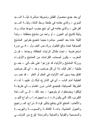 ‫ﺃﻱ ﺒﻌﺩ ﺠﻤﻊ ﻤﺤﺼﻭل ﺍﻟﻘﻁﻥ ﻭﺘﺴﻭﻴﻘﻪ ﻤﺒﺎﺸﺭﺓ، ﻟﻴﻠـﺔ ﺍﻟﺴـﻴﺩ‬
‫ﺍﻟﺒﺩﻭﻱ – ﻭﺍﻟﺫﻱ ﻤﻘﺎﻤﻪ ﻓﻲ ﻁﻨﻁﺎ ﻭﺴﻁ ﺍﻟﺩﻟﺘﺎ، ﻭﻟﻴﻠـﺔ ﺍﻟﺴـﻴﺩ‬
‫ﺍﻟﻔﺭﻏﻠﻲ – ﻭﺍﻟﺫﻱ ﻤﻘﺎﻤﻪ ﻓﻲ ﺃﺒﻭ ﺘﻴﺞ ﺠﻨﻭﺏ ﺃﺴﻴﻭﻁ ﻤﺒﺎﺸـﺭﺓ،‬
‫ﻭﻟﻴﻠﺔ ﻟﻠﺸﻴﺦ ﺃﺒﻭ ﺍﻟﻌﻴﻭﻥ – ﺃﻭ ﻭﺍﺤﺩ ﻤﻥ ﻤﺸﺎﻴﺦ ﻤﻨﻁﻘﺘﻨﺎ – ﻭﺘﺒﺩﺃ‬
‫ﺍﻟﻠﻴﻠﺔ ﻋﺎﺩﺓ ﺒﻌﺩ ﺍﻟﻌﺼﺭ ﻤﺒﺎﺸﺭﺓ ﺤﻴﻨﻤﺎ ﺘﺘﺠﻤﻊ ﻁﻭﺍﺒﻴﺭ ﺍﻟﻤﺸﺎﻴﺦ‬
‫ﺍﻟﺼﻭﻓﻴﺔ ﺘﺤﺕ ﻭﻗﻊ ﺍﻟﻁﺒﻭل ﻭﺭﻗـﺹ ﺍﻟﺨﻴـﻭل – ﻓـﻲ ﺩﻭﺭﺓ‬
‫ﺍﺴﺘﻌﺭﺍﻀﻴﺔ – ﺘﺤﺕ ﻅﻼل ﺍﻟﺭﺍﻴﺎﺕ ﺍﻟﺨﻔﺎﻗﺔ، ﻭﺒﻌﺩﻫﺎ – ﻗﺒـل‬
‫ﺍﻟﻤﻐﺭﺏ – ﻴﻜﻭﻥ ﺃﺼﺤﺎﺏ ﺍﻟﻜﺭﺍﻤﺎﺕ ﻤﻥ ﺍﻟﻤﺸﺎﻴﺦ ﻭﺍﻷﻭﻟﻴـﺎﺀ‬
‫ﻭﻭﺭﺜﺔ ﺍﻟﻤﺸﺎﻴﺦ ﻭﺍﻷﻭﻟﻴﺎﺀ ﻗﺩ ﺘﻭﺯﻋﻭﺍ ﻋﻠﻰ ﻁﺒـﺎﻟﻲ – ﺠﻤـﻊ‬
‫ﻁﺒﻠﻴﺔ – ﺃﻫل ﺍﻟﺒﻠﺩ، ﺇﺫﺍ ﺃﻥ ﻜل ﺼﺎﺤﺏ ﻭﻋﺩ – ﺃﻱ ﻜل ﺼﺎﺤﺏ‬
‫ﺍﺘﻔﺎﻕ ﺒﻴﻨﻪ ﻭﺒﻴﻥ ﺃﺤﺩ ﺍﻷﻭﻟﻴﺎﺀ ﻓﻲ ﺍﻟﺤﻠﻡ ﺃﻭ ﺍﻟﻌﻠﻡ - ﻗﺩ ﻨﺼـﺏ‬
‫ﺍﻟﻁﺒﻠﻴﺔ ﺃﻤﺎﻡ ﺍﻟﺒﺎﺏ – ﺃﻱ ﻓﻲ ﺍﻟﺸﺎﺭﻉ، ﻟﻴﺄﻜـل ﻋﻠﻴﻬـﺎ ﺃﺒﻨـﺎﺀ‬
‫ﺍﻟﻁﺭﻴﻘﺔ ﺍﻟﺼﻭﻓﻴﺔ، ﻓﻴﺘﺠﻤﻊ ﺍﻟﻨﺎﺱ ﺩﻭﻥ ﺍﻫﺘﻤﺎﻡ ﺒـﺄﻱ ﻁﺭﻴﻘـﺔ‬
‫ﻟﻴﺄﻜﻠﻭﺍ ﻭﻴﻀﺤﻜﻭﺍ، ﺜﻡ ﻴﺘﻭﺠﻬﻭﺍ – ﺒﻌﺩ ﺫﻟﻙ – ﺇﻟـﻰ ﺍﻟﺴـﺎﺤﺔ‬
‫ﺍﻟﻜﺒﺭﻯ، ﺘﻠﻙ ﺍﻟﺘﻲ ﻴﻜﻭﻥ ﻗـﺩ ﺘـﻡ ﺘﺠﻬﻴﺯﻫـﺎ ﺒـﺄﻨﻭﺍﻉ ﺍﻟﻠﻬـﻭ‬
‫ﻭﺍﻷﻟﻌﺎﺏ: ﺍﻟﻤﺩﻓﻊ ﺍﻟﺫﻱ ﻴﻨﺩﻓﻊ ﺒﺘﺄﺜﻴﺭ ﻗﻭﺓ ﺍﻟـﺫﺭﺍﻉ، ﺍﻟﻤـﺭﺍﺠﻴﺢ‬
‫ﻭﺍﻟﺨﻴﻭل ﺍﻟﺨﺸﺒﻴﺔ، ﺒﺎﻋـﺔ ﺍﻟﻜﻨﺎﻓـﺔ ﻭﺍﻟﺒﺴﺒﻭﺴـﺔ ﻭﺍﻟﻬﺭﻴﺴـﺔ‬
‫ﻭﺍﻟﺴﻤﺴﻤﻴﺔ ﻭﺍﻟﻔﻭﻟﻴﺔ ﻭﺍﻟﻌﺴﻠﻴﺔ ﻭﺍﻟﺩﺭﺩﻤﻨﺔ )ﻨﻭﻉ ﻤﻥ ﺍﻟﺩﻭﻟﺴـﻲ‬
 