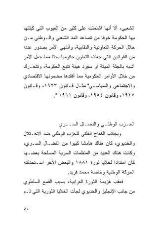 ‫ﺍﻟﺸﻌﺒﻲ، ﺃﻻ ﺃﻨﻬﺎ ﺍﺸﺘﻤﻠﺕ ﻋﻠﻰ ﻜﺜﻴﺭ ﻤﻥ ﺍﻟﻌﻴﻭﺏ ﺍﻟﺘﻲ ﻜﺒﻠﺘﻬﺎ‬
‫ﺒﻬﺎ ﺍﻟﺤﻜﻭﻤﺔ ﺨﻭ ﹰﺎ ﻤﻥ ﺘﺼﺎﻋﺩ ﺍﻟﻤﺩ ﺍﻟﺸﻌﺒﻲ ﻭﺍﻟـﻭﻁﻨﻲ ﻤـﻥ‬
                                   ‫ﻓ‬
‫ﺨﻼل ﺍﻟﺤﺭﻜﺔ ﺍﻟﺘﻌﺎﻭﻨﻴﺔ ﻭﺍﻟﻨﻘﺎﺒﻴﺔ، ﻭﺃﻨﺘﻬﻲ ﺍﻷﻤﺭ ﺒﺼﺩﻭﺭ ﻋﺩ ‪‬ﺍ‬
 ‫ﺩ‬
‫ﻤﻥ ﺍﻟﻘﻭﺍﻨﻴﻥ ﺍﻟﺘﻲ ﺠﻌﻠﺕ ﺍﻟﺘﻌﺎﻭﻥ ﺤﻜﻭﻤ ‪‬ﺎ ﺒﺤ ﹰﺎ ﻤﻤﺎ ﺠﻌل ﺍﻷﻤﺭ‬
              ‫ﻴ ﺘ‬
‫ﺃﺸﺒﻪ ﺒﺎﻟﺠﺜﺔ ﺍﻟﻤﻴﺘﺔ ﺃﻭ ﻤﺠﺭﺩ ﻫﻴﺌﺔ ﺘﺘﺒﻊ ﺍﻟﺤﻜﻭﻤﺔ، ﻭﺘﺘﺤـﺭﻙ‬
‫ﻤﻥ ﺨﻼل ﺍﻷﻭﺍﻤﺭ ﺍﻟﺤﻜﻭﻤﻴﺔ ﻤﻤﺎ ﺃﻓﻘﺩﻫﺎ ﻤﻀﻤﻭﻨﻬﺎ ﺍﻻﻗﺘﺼﺎﺩﻱ‬
‫ﻭﺍﻻﺠﺘﻤﺎﻋﻲ ﻭﺍﻟﺴﻴﺎﺴـﻲ" ﻤﺜـل ﻗـﺎﻨﻭﻥ ٣٢٩١، ﻭﻗـﺎﻨﻭﻥ‬
               ‫٧٢٩١، ﻭﻗﺎﻨﻭﻥ ٤٥٩١، ﻭﻗﺎﻨﻭﻥ ١٦٩١ ".‬



                 ‫ﺍﻟﺤـﺯﺏ ﺍﻟﻭﻁﻨـﻲ ﻭﺍﻟﻨﻀـﺎل ﺍﻟﺴــﺭﻱ‬
‫ﻭﺒﺠﺎﻨﺏ ﺍﻟﻜﻔﺎﺡ ﺍﻟﻌﻠﻨﻲ ﻟﻠﺤﺯﺏ ﺍﻟﻭﻁﻨﻲ ﻀﺩ ﺍﻻﺤـﺘﻼل‬
‫ﻭﺍﻟﺨﺩﻴﻭﻱ، ﻜﺎﻥ ﻫﻨﺎﻙ ﻫﺎﻤ ﹰﺎ ﻜﺒﻴ ‪‬ﺍ ﻤﻥ ﺍﻟﻨﻀـﺎل ﺍﻟﺴـﺭﻱ،‬
                    ‫ﺭ‬      ‫ﺸ‬
‫ﻭﻜﺎﻨﺕ ﻫﻨﺎﻙ ﺍﻟﻌﺩﻴﺩ ﻤﻥ ﺍﻟﻤﻨﻅﻤﺎﺕ ﺍﻟﺴﺭﻴﺔ ﺍﻟﻤﺴﻠﺤﺔ ﺒﻌﻀـﻬﺎ‬
‫ﻜﺎﻥ ﺍﻤﺘﺩﺍ ‪‬ﺍ ﻟﺨﻼﻴﺎ ﺜﻭﺭﺓ ١٨٨١ ﻭﺍﻟﺒﻌﺽ ﺍﻵﺨﺭ ﺍﺴـﺘﺤﺩﺜﺘﻪ‬
                                       ‫ﺩ‬
                      ‫ﺍﻟﺤﺭﻜﺔ ﺍﻟﻭﻁﻨﻴﺔ ﻭﺨﺎﺼﺔ ﻤﺤﻤﺩ ﻓﺭﻴﺩ.‬
‫ﻓﻌﻘﺏ ﻫﺯﻴﻤﺔ ﺍﻟﺜﻭﺭﺓ ﺍﻟﻌﺭﺍﺒﻴﺔ، ﺒﺴﺒﺏ ﺍﻟﻘﻤﻊ ﺍﻟﺴﻠﻁﻭﻱ‬
‫ﻤﻥ ﺠﺎﻨﺏ ﺍﻹﻨﺠﻠﻴﺯ ﻭﺍﻟﺨﺩﻴﻭﻱ ﻟﺠﺄﺕ ﺍﻟﺨﻼﻴﺎ ﺍﻟﺜﻭﺭﻴﺔ ﺍﻟﺘﻲ ﻟـﻡ‬


‫٠٥‬
 