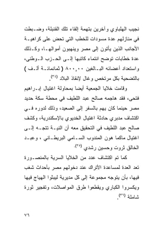 ‫ﻨﺠﻴﺏ ﺍﻟﻬﻠﺒﺎﻭﻱ ﻭﺁﺨﺭﻴﻥ ﺒﺘﻬﻤﺔ ﺇﻟﻘﺎﺀ ﺘﻠﻙ ﺍﻟﻘﻨﺒﻠﺔ، ﻭﻀـﺒﻁﺕ‬
‫ﻓﻲ ﻤﻨﺎﺯﻟﻬﻡ ﻋﺩﺓ ﻤﺴﻭﺩﺍﺕ ﻟﻠﺨﻁﺏ ﺍﻟﺘﻲ ﺘﺤﺽ ﻋﻠﻰ ﻜﺭﺍﻫﻴـﺔ‬
‫ﺍﻷﺠﺎﻨﺏ ﺍﻟﺫﻴﻥ ﻴﺄﺘﻭﻥ ﺇﻟﻰ ﻤﺼﺭ ﻭﻴﻨﻬﺒﻭﻥ ﺃﻤﻭﺍﻟﻬـﺎ، ﻭﻜـﺫﻟﻙ‬
‫ﻋﺩﺓ ﺨﻁﺎﺒﺎﺕ ﺘﻭﻀﺢ ﺍﻨﺘﻤﺎﺀ ﻜﺎﺘﺒﻬﺎ ﺇﻟـﻰ ﺍﻟﺤـﺯﺏ ﺍﻟـﻭﻁﻨﻰ،‬
‫ﻭﺍﺴﺘﻌﺩﺍﺩ ﺃﻋﻀﺎﺌﻪ ﺍﻟﺒـﺎﻟﻐﻴﻥ ٠٠,٠٠٨ ) ﺜﻤﺎﻨﻤﺎﺌـﺔ ﺃﻟـﻑ (‬
           ‫ﺒﺎﻟﺘﻀﺤﻴﺔ ﺒﻜل ﻤﺭﺘﺨﺹ ﻭﻏﺎل ﻹﻨﻘﺎﺫ ﺍﻟﺒﻼﺩ )٤٣(.‬
‫ﻭﻗﺎﻤﺕ ﺨﻼﻴﺎ ﺍﻟﺠﻤﻌﻴﺔ ﺃﻴ ‪‬ﺎ ﺒﻤﺤﺎﻭﻟﺔ ﺍﻏﺘﻴﺎل ﺇﺒـﺭﺍﻫﻴﻡ‬
                         ‫ﻀ‬
‫ﻓﺘﺤﻰ، ﻓﻘﺩ ﻫﺎﺠﻤﻪ ﺼﺎﻟﺢ ﻋﺒﺩ ﺍﻟﻠﻁﻴﻑ ﻓﻲ ﻤﺤﻁﺔ ﺴﻜﺔ ﺤﺩﻴﺩ‬
‫ﻤﺼﺭ ﺤﻴﻨﻤﺎ ﻜﺎﻥ ﻴﻬﻡ ﺒﺎﻟﺴﻔﺭ ﺇﻟﻰ ﺍﻟﺼﻌﻴﺩ، ﻭﺫﻟﻙ ﻟﺩﻭﺭﻩ ﻓـﻲ‬
‫ﺍﻜﺘﺸﺎﻑ ﻤﺩﺒﺭﻱ ﺤﺎﺩﺜﺔ ﺍﻏﺘﻴﺎل ﺍﻟﺨﺩﻴﻭﻱ ﺒﺎﻹﺴﻜﻨﺩﺭﻴﺔ، ﻭﻜﺸﻑ‬
‫ﺼﺎﻟﺢ ﻋﺒﺩ ﺍﻟﻠﻁﻴﻑ ﻓﻲ ﺍﻟﺘﺤﻘﻴﻕ ﻤﻌﻪ ﺃﻥ ﺍﻟﻨﻴـﺔ ﺘﺘﺠـﻪ ﺇﻟـﻰ‬
‫ﺍﻏﺘﻴﺎل ﻤﺎﻜﻤﺎ ﻫﻭﻥ ﺍﻟﻤﻨﺩﻭﺏ ﺍﻟﺴـﺎﻤﻲ ﺍﻟﺒﺭﻴﻁـﺎﻨﻲ ، ﻭﻋﺒـﺩ‬
                       ‫)٥٣(.‬
                               ‫ﺍﻟﺨﺎﻟﻕ ﺜﺭﻭﺕ ﻭﺤﺴﻴﻥ ﺭﺸﺩﻱ‬
‫ﻜﻤﺎ ﺘﻡ ﺍﻜﺘﺸﺎﻑ ﻋﺩﺩ ﻤﻥ ﺍﻟﺨﻼﻴﺎ ﺍﻟﺴﺭﻴﺔ ﺒﺎﻟﻤﻨﺼـﻭﺭﺓ‬
‫ﺘﻌﺩ ﺍﻟﻌﺩﺓ ﻟﻤﺴﺎﻋﺩﺓ ﺍﻷﺘﺭﺍﻙ ﻋﻨﺩ ﺩﺨﻭﻟﻬﻡ ﻤﺼﺭ ﺒﺄﺤﺩﺍﺙ ﺸﻐﺏ‬
‫ﻓﻴﻬﺎ، ﺒﺄﻥ ﻴﺘﻭﺠﻪ ﻤﺠﻤﻭﻋﺔ ﺇﻟﻰ ﻜل ﻤﺩﻴﺭﻴﺔ ﻟﻴﺒﺜﻭﺍ ﺍﻟﻬﻴﺎﺝ ﻓﻴﻬﺎ‬
‫ﻭﻴﻜﺴﺭﻭﺍ ﺍﻟﻜﺒﺎﺭﻱ ﻭﻴﻘﻁﻌﻭﺍ ﻁﺭﻕ ﺍﻟﻤﻭﺍﺼﻼﺕ، ﻭﺘﻔﺠﻴﺭ ﺜﻭﺭﺓ‬
                                            ‫ﺸﺎﻤﻠﺔ )٦٣(.‬


‫٦٧‬
 