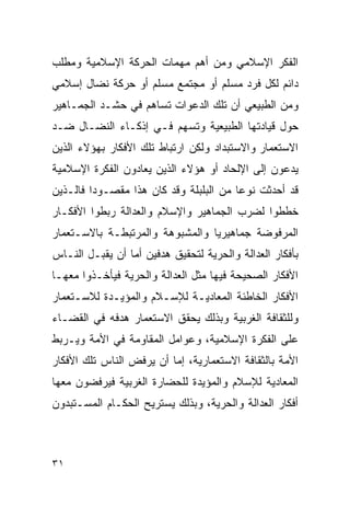 ‫ﺍﻟﻔﻜﺭ ﺍﻹﺴﻼﻤﻲ ﻭﻤﻥ ﺃﻫﻡ ﻤﻬﻤﺎﺕ ﺍﻟﺤﺭﻜﺔ ﺍﻹﺴﻼﻤﻴﺔ ﻭﻤﻁﻠﺏ‬
‫ﺩﺍﺌﻡ ﻟﻜل ﻓﺭﺩ ﻤﺴﻠﻡ ﺃﻭ ﻤﺠﺘﻤﻊ ﻤﺴﻠﻡ ﺃﻭ ﺤﺭﻜﺔ ﻨﻀﺎل ﺇﺴﻼﻤﻲ‬
‫ﻭﻤﻥ ﺍﻟﻁﺒﻴﻌﻲ ﺃﻥ ﺘﻠﻙ ﺍﻟﺩﻋﻭﺍﺕ ﺘﺴﺎﻫﻡ ﻓﻲ ﺤﺸـﺩ ﺍﻟﺠﻤـﺎﻫﻴﺭ‬
‫ﺤﻭل ﻗﻴﺎﺩﺘﻬﺎ ﺍﻟﻁﺒﻴﻌﻴﺔ ﻭﺘﺴﻬﻡ ﻓـﻲ ﺇﺫﻜـﺎﺀ ﺍﻟﻨﻀـﺎل ﻀـﺩ‬
‫ﺍﻻﺴﺘﻌﻤﺎﺭ ﻭﺍﻻﺴﺘﺒﺩﺍﺩ ﻭﻟﻜﻥ ﺍﺭﺘﺒﺎﻁ ﺘﻠﻙ ﺍﻷﻓﻜﺎﺭ ﺒﻬﺅﻻﺀ ﺍﻟﺫﻴﻥ‬
‫ﻴﺩﻋﻭﻥ ﺇﻟﻰ ﺍﻹﻟﺤﺎﺩ ﺃﻭ ﻫﺅﻻﺀ ﺍﻟﺫﻴﻥ ﻴﻌﺎﺩﻭﻥ ﺍﻟﻔﻜﺭﺓ ﺍﻹﺴﻼﻤﻴﺔ‬
‫ﻗﺩ ﺃﺤﺩﺜﺕ ﻨﻭ ‪‬ﺎ ﻤﻥ ﺍﻟﺒﻠﺒﻠﺔ ﻭﻗﺩ ﻜﺎﻥ ﻫﺫﺍ ﻤﻘﺼـﻭ ‪‬ﺍ ﻓﺎﻟـﺫﻴﻥ‬
         ‫ﺩ‬                               ‫ﻋ‬
‫ﺨﻁﻁﻭﺍ ﻟﻀﺭﺏ ﺍﻟﺠﻤﺎﻫﻴﺭ ﻭﺍﻹﺴﻼﻡ ﻭﺍﻟﻌﺩﺍﻟﺔ ﺭﺒﻁﻭﺍ ﺍﻷﻓﻜـﺎﺭ‬
‫ﺍﻟﻤﺭﻓﻭﻀﺔ ﺠﻤﺎﻫﻴﺭ ‪‬ﺎ ﻭﺍﻟﻤﺸﺒﻭﻫﺔ ﻭﺍﻟﻤﺭﺘﺒﻁـﺔ ﺒﺎﻻﺴـﺘﻌﻤﺎﺭ‬
                                 ‫ﻴ‬
‫ﺒﺄﻓﻜﺎﺭ ﺍﻟﻌﺩﺍﻟﺔ ﻭﺍﻟﺤﺭﻴﺔ ﻟﺘﺤﻘﻴﻕ ﻫﺩﻓﻴﻥ ﺃﻤﺎ ﺃﻥ ﻴﻘﺒـل ﺍﻟﻨـﺎﺱ‬
‫ﺍﻷﻓﻜﺎﺭ ﺍﻟﺼﺤﻴﺤﺔ ﻓﻴﻬﺎ ﻤﺜل ﺍﻟﻌﺩﺍﻟﺔ ﻭﺍﻟﺤﺭﻴﺔ ﻓﻴﺄﺨـﺫﻭﺍ ﻤﻌﻬـﺎ‬
‫ﺍﻷﻓﻜﺎﺭ ﺍﻟﺨﺎﻁﺌﺔ ﺍﻟﻤﻌﺎﺩﻴـﺔ ﻟﻺﺴـﻼﻡ ﻭﺍﻟﻤﺅﻴـﺩﺓ ﻟﻼﺴـﺘﻌﻤﺎﺭ‬
‫ﻭﻟﻠﺜﻘﺎﻓﺔ ﺍﻟﻐﺭﺒﻴﺔ ﻭﺒﺫﻟﻙ ﻴﺤﻘﻕ ﺍﻻﺴﺘﻌﻤﺎﺭ ﻫﺩﻓﻪ ﻓﻲ ﺍﻟﻘﻀـﺎﺀ‬
‫ﻋﻠﻰ ﺍﻟﻔﻜﺭﺓ ﺍﻹﺴﻼﻤﻴﺔ، ﻭﻋﻭﺍﻤل ﺍﻟﻤﻘﺎﻭﻤﺔ ﻓﻲ ﺍﻷﻤﺔ ﻭﻴـﺭﺒﻁ‬
‫ﺍﻷﻤﺔ ﺒﺎﻟﺜﻘﺎﻓﺔ ﺍﻻﺴﺘﻌﻤﺎﺭﻴﺔ، ﺇﻤﺎ ﺃﻥ ﻴﺭﻓﺽ ﺍﻟﻨﺎﺱ ﺘﻠﻙ ﺍﻷﻓﻜﺎﺭ‬
‫ﺍﻟﻤﻌﺎﺩﻴﺔ ﻟﻺﺴﻼﻡ ﻭﺍﻟﻤﺅﻴﺩﺓ ﻟﻠﺤﻀﺎﺭﺓ ﺍﻟﻐﺭﺒﻴﺔ ﻓﻴﺭﻓﻀﻭﻥ ﻤﻌﻬﺎ‬
‫ﺃﻓﻜﺎﺭ ﺍﻟﻌﺩﺍﻟﺔ ﻭﺍﻟﺤﺭﻴﺔ، ﻭﺒﺫﻟﻙ ﻴﺴﺘﺭﻴﺢ ﺍﻟﺤﻜـﺎﻡ ﺍﻟﻤﺴـﺘﺒﺩﻭﻥ‬



‫١٣‬
 