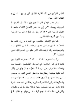 ‫ﺃﻨﺘﺸﺭ ﺍﻟﺘﺒﺸﻴﺭ ﻓﻲ ﺘﻠﻙ ﺍﻟﻔﺘﺭﺓ ﺍﻨﺘﺸﺎ ‪‬ﺍ ﻜﺒﻴـ ‪‬ﺍ ﺒﻬـﺩﻑ ﺯﺭﻉ‬
           ‫ﺭ‬       ‫ﺭ‬
                                     ‫ﺍﻟﺜﻘﺎﻓﺔ ﺍﻷﻭﺭﻭﺒﻴﺔ٠‬
‫ﻭﻓﻲ ﻨﻔﺱ ﺍﻹﻁﺎﺭ ﻗﺎﻡ ﺍﻹﻨﺠﻠﻴﺯ ﺒﺯﺭﻉ ﺃﻓﻜـﺎﺭ ﺍﻟﻘﻭﻤﻴـﺔ‬
‫ﺍﻟﻌﺭﺒﻴﺔ، ﻭﻭﺼل ﺍﻷﻤﺭ ﺇﻟﻰ ﺤﺩ ﺩﻋﻡ ﺍﻹﻨﺠﻠﻴﺯ ﻹﻨﺸﺎﺀ ﺠﺎﻤﻌـﺔ‬
‫ﺍﻟﺩﻭل ﺍﻟﻌﺭﺒﻴﺔ ﻋﺎﻡ ٥٤٩١، ﻭﻜل ﻫﺫﺍ ﻟﺘﻜﻭﻥ ﺍﻟﻘﻭﻤﻴﺔ ﺍﻟﻌﺭﺒﻴﺔ‬
                             ‫ﺒﺩﻴﻼ ﻋﻥ ﺍﻟﺘﻭﺠﻪ ﺍﻹﺴﻼﻤﻲ.‬
                                               ‫ﹰ‬
‫ﻜﻤﺎ ﻗﺎﻡ ﺍﻹﻨﺠﻠﻴﺯ ﺒﺎﻟﺘﻌﺎﻭﻥ ﻤﻊ ﺍﻟﻴﻬﻭﺩ ﺒﺯﺭﻉ ﻭﺘﻨﺸـﻴﻁ‬
‫ﺍﻟﻤﻨﻅﻤﺎﺕ ﺍﻟﺸﻴﻭﻋﻴﺔ ﻓﻲ ﻤﺼﺭ، ﻭﺨﺎﺼـﺔ ﻓـﻲ ﺍﻟﺜﻼﺜﻴﻨـﺎﺕ‬
‫ﻭﺍﻷﺭﺒﻌﻴﻨﺎﺕ، ﻭﻗﺩ ﺍﺭﺘﺒﻁ ﺫﻟﻙ ﺍﻷﻤﺭ ﺒﻅﻬـﻭﺭ ﺇﺴـﺭﺍﺌﻴل ﻓـﻲ‬
                                           ‫ﺍﻟﻤﻨﻁﻘﺔ )٢(.‬
‫ﻭﺸﻬﺩﺕ ﺃﻋﻭﺍﻡ ٤٢٩١ ـ ٢٥٩١، ﺼﺭﺍ ‪‬ﺎ ﺜﺎﻨﻭ ‪‬ﺎ ﺒﻴﻥ‬
     ‫ﻴ‬       ‫ﻋ‬
‫ﺜﻼﺙ ﻗﻭﻱ ﻏﻴﺭ ﺇﺴﻼﻤﻴﺔ ﻫﻲ ﺍﻟﻤﻠـﻙ، ﺍﻹﻨﺠﻠﻴـﺯ، ﺍﻷﺤـﺯﺍﺏ،‬
‫ﻭﺍﺨﺘﻠﻔﺕ ﺍﻷﺤﺯﺍﺏ ﻋﻠﻰ ﺩﺭﺠﺔ ﺍﻟﺘﺴﺎﻫل ﻤﻊ ﺍﻹﻨﺠﻠﻴﺯ ﻓﻲ ﺇﻁﺎﺭ‬
‫ﺃﻨﻬﺎ ﻜﻠﻬﺎ ﻤﻬﺎﺩﻨﺔ ﻭﻤﻔﺎﻭﻀﻪ ﻭﺘﺭﻓﺽ ﺍﻟﻨﻬﺞ ﺍﻟﺜﻭﺭﻯ، ﻭﻤـﻥ‬
‫ﺨﻼل ﻫﺫﺍ ﺍﻟﺼﺭﺍﻉ ﺍﻟﺜﺎﻨﻭﻱ ﻜﺎﻨﺕ ﺘﺼﻌﺩ ﻭﺘﺴـﻘﻁ ﺍﻷﺤـﺯﺍﺏ،‬
‫ﻭﺍﻟﺤﻜﻭﻤﺎﺕ ﻭﺍﻟﺒﺭﻟﻤﺎﻨﺎﺕ ﻭﺍﻟﺩﺴﺎﺘﻴﺭ، ﻭﻫﺫﺍ ﻓﻲ ﻟﻌﺒﺔ ﻤﺴـﺘﻤﺭﺓ‬
‫ﺫﺍﺕ ﺜﻼﺜﺔ ﺃﻁﺭﺍﻑ ﻴﺘﺤﺎﻟﻑ ﻤﻨﻬﺎ ﻁﺭﻓﺎﻥ ﻀﺩ ﻁﺭﻑ ﻭﻫﻜـﺫﺍ،‬
‫ﻭﻟﻜﻥ ﻓﻲ ﺴﻨﺔ ٦٣٩١ ﻨﺠﺢ ﺍﻟﻭﻓـﺩ ﻓـﻲ ﺘﻭﻗﻴـﻊ ﺍﺘﻔﺎﻗﻴـﺔ )‬


‫٣٨‬
 