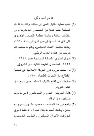 ‫ﻫـﻭﺍﻤــﺵ‬
‫)١( ﻋﻘﺏ ﻋﻤﻠﻴﺔ ﺍﻏﺘﻴﺎل ﺍﻟﺴﻴﺭ ﻟﻲ ﺴﺘﺎﻙ، ﻭﻜﺎﻨـﺕ ﺘﻠـﻙ‬
‫ﺍﻟﻤﻨﻅﻤﺔ ﺘﻀﻡ ﻋﺩ ‪‬ﺍ ﻤﻥ ﺍﻟﻌﻨﺎﺼـﺭ ﺍﻨﺤـﺩﺭﺕ ﻤـﻥ‬
                         ‫ﺩ‬
‫ﻤﻨﻅﻤﺎﺕ ﺴﺎﺒﻘﺔ ﻭﺨﺎﺼﺔ ﻤﻨﻅﻤﺔ ﺍﻟﺘﻀﺎﻤﻥ ﺍﻷﺨـﻭﻱ‬
‫ﺍﻟﺘﻲ ﻜﺎﻥ ﻗﺩ ﺃﺴﺴﻬﺎ ﺇﺒﺭﺍﻫﻴﻡ ﺍﻟﻭﺭﺩﺍﻨﻲ ﺴﻨﺔ ٠١٩١،‬
‫ﻭﻜﺫﻟﻙ ﻤﻨﻅﻤﺔ ﺍﻻﺘﺤﺎﺩ ﺍﻹﺴﻼﻤﻰ، ﻭﻜﻠﻬـﺎ ﻤﻨﻅﻤـﺎﺕ‬
              ‫ﺨﺭﺠﺕ ﻤﻥ ﻋﺒﺎﺀﺓ ﺍﻟﺤﺯﺏ ﺍﻟﻭﻁﻨﻲ.‬
‫)٢( ﻁﺎﺭﻕ ﺍﻟﺒﺸﺭﻱ، ﺍﻟﺤﺭﻜﺔ ﺍﻟﺴﻴﺎﺴﻴﺔ ﻤﺼﺭ ٥٤٩١ ـ‬
  ‫٢٥٩١، ﺍﻟﻤﻘﺩﻤﺔ ﻥ ﺍﻟﻁﺒﻌﺔ ﺍﻟﺜﺎﻨﻴﺔ، ﺩﺍﺭ ﺍﻟﺸﺭﻭﻕ.‬
‫)٣( ﺩ٠ ﻤﺤﻤﺩ ﻤﻭﺭﻭ، ﺩﻭﺭ ﺍﻟﺤﺭﻜﺔ ﺍﻹﺴﻼﻤﻴﺔ ﻓﻲ ﺘﺼﻔﻴﺔ‬
           ‫ﺍﻹﻗﻁﺎﻉ، ﺩﺍﺭ ﺍﻟﺒﺤﻭﺙ ﺍﻟﻌﻠﻤﻴﺔ، ٠٨٩١.‬
‫)٤( ﺼﻔﺤﺎﺕ ﻤﻥ ﻜﻔﺎﺡ ﺍﻟﺸﺒﺎﺏ ﺍﻟﻤﺴﻠﻡ، ﺤﺴﻥ ﺩﻭﺡ، ﺩﺍﺭ‬
                                ‫ﺍﻟﻘﻠﻡ، ﺍﻟﻜﻭﻴﺕ.‬
‫)٥( ﻜﺎﻤل ﺍﻟﺸﺭﻴﻑ، ﺍﻷﺨـﻭﺍﻥ ﺍﻟﻤﺴـﻠﻤﻭﻥ ﻓـﻲ ﺤـﺭﺏ‬
                          ‫ﻓﻠﺴﻁﻴﻥ، ﺩﺍﺭ ﺍﻟﻭﻓﺎﺀ.‬
‫)٦( ﺭﺍﺠﻊ ﻓﻲ ﻫﺫﺍ ﺍﻟﺼﺩﺩ، ﺩ٠ ﻤﺤﻤﻭﺩ ﻤﺘـﻭﻟﻰ، ﻤﺭﺠـﻊ‬
‫ﺴﺎﺒﻕ، ﻭﻜﺫﻟﻙ ﺃﺤﻤﺩ ﻋـﺎﺩل ﻜﻤـﺎل، ﺍﻟـﻨﻘﻁ ﻓـﻭﻕ‬
‫ﺍﻟﺤﺭﻭﻑ، ﺍﻷﺨﻭﺍﻥ ﺍﻟﻤﺴﻠﻤﻭﻥ ﻭﺍﻟﻨﻅـﺎﻡ ﺍﻟﺨـﺎﺹ،‬

‫١٩‬
 