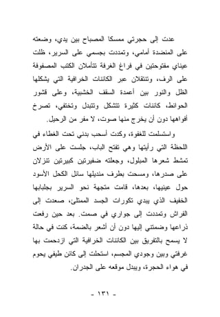 ‫ﻋﺩﺕ ﺇﻟﻰ ﺤﺠﺭﺘﻲ ﻤﻤﺴﻜﺎ ﺍﻟﻤﺼﺒﺎﺡ ﺒﻴﻥ ﻴﺩﻱ، ﻭﻀﻌﺘﻪ‬
‫ﻋﻠﻰ ﺍﻟﻤﻨﻀﺩﺓ ﺃﻤﺎﻤﻲ، ﻭﺘﻤﺩﺩﺕ ﺒﺠﺴﻤﻲ ﻋﻠﻰ ﺍﻟﺴﺭﻴﺭ، ﻅﻠﺕ‬
‫ﻋﻴﻨﺎﻱ ﻤﻔﺘﻭﺤﺘﻴﻥ ﻓﻲ ﻓﺭﺍﻍ ﺍﻟﻐﺭﻓﺔ ﺘﺘﺄﻤﻼﻥ ﺍﻟﻜﺘﺏ ﺍﻟﻤﺼﻔﻭﻓﺔ‬
‫ﻋﻠﻰ ﺍﻟﺭﻑ، ﻭﺘﻨﺘﻘﻼﻥ ﻋﺒﺭ ﺍﻟﻜﺎﺌﻨﺎﺕ ﺍﻟﺨﺭﺍﻓﻴﺔ ﺍﻟﺘﻲ ﻴﺸﻜﻠﻬﺎ‬
‫ﺍﻟﻅل ﻭﺍﻟﻨﻭﺭ ﺒﻴﻥ ﺃﻋﻤﺩﺓ ﺍﻟﺴﻘﻑ ﺍﻟﺨﺸﺒﻴﺔ، ﻭﻋﻠﻰ ﻗﺸﻭﺭ‬
‫ﺍﻟﺤﻭﺍﺌﻁ، ﻜﺎﺌﻨﺎﺕ ﻜﺜﻴﺭﺓ ﺘﺘﺸﻜل ﻭﺘﺘﺒﺩل ﻭﺘﺨﺘﻔﻲ، ﺘﺼﺭﺥ‬
    ‫ﺃﻓﻭﺍﻫﻬﺎ ﺩﻭﻥ ﺃﻥ ﻴﺨﺭﺝ ﻤﻨﻬﺎ ﺼﻭﺕ، ﻻ ﻤﻔﺭ ﻤﻥ ﺍﻟﺭﺤﻴل.‬
‫ﻭﺍﺴﺘﺴﻠﻤﺕ ﻟﻠﻐﻔﻭﺓ، ﻭﻜﺩﺕ ﺃﺴﺤﺏ ﺒﺩﻨﻲ ﺘﺤﺕ ﺍﻟﻐﻁﺎﺀ ﻓﻲ‬
‫ﺍﻟﻠﺤﻅﺔ ﺍﻟﺘﻲ ﺭﺃﻴﺘﻬﺎ ﻭﻫﻲ ﺘﻔﺘﺢ ﺍﻟﺒﺎﺏ، ﺠﻠﺴﺕ ﻋﻠﻰ ﺍﻷﺭﺽ‬
‫ﺘﻤﺸﻁ ﺸﻌﺭﻫﺎ ﺍﻟﻤﺒﻠﻭل، ﻭﺠﻌﻠﺘﻪ ﻀﻔﻴﺭﺘﻴﻥ ﻜﺒﻴﺭﺘﻴﻥ ﺘﻨﺯﻻﻥ‬
‫ﻋﻠﻰ ﺼﺩﺭﻫﺎ، ﻭﻤﺴﺤﺕ ﺒﻁﺭﻑ ﻤﻨﺩﻴﻠﻬﺎ ﺴﺎﺌل ﺍﻟﻜﺤل ﺍﻷﺴﻭﺩ‬
‫ﺤﻭل ﻋﻴﻨﻴﻬﺎ، ﺒﻌﺩﻫﺎ، ﻗﺎﻤﺕ ﻤﺘﺠﻬﺔ ﻨﺤﻭ ﺍﻟﺴﺭﻴﺭ ﺒﺠﻠﺒﺎﺒﻬﺎ‬
‫ﺍﻟﺨﻔﻴﻑ ﺍﻟﺫﻱ ﻴﺒﺩﻱ ﺘﻜﻭﺭﺍﺕ ﺍﻟﺠﺴﺩ ﺍﻟﻤﻤﺘﻠﺊ، ﺼﻌﺩﺕ ﺇﻟﻰ‬
‫ﺍﻟﻔﺭﺍﺵ ﻭﺘﻤﺩﺩﺕ ﺇﻟﻰ ﺠﻭﺍﺭﻱ ﻓﻲ ﺼﻤﺕ. ﺒﻌﺩ ﺤﻴﻥ ﺭﻓﻌﺕ‬
‫ﺫﺭﺍﻋﻬﺎ ﻭﻀﻤﺘﻨﻲ ﺇﻟﻴﻬﺎ ﺩﻭﻥ ﺃﻥ ﺃﺸﻌﺭ ﺒﺎﻟﻀﻤﺔ، ﻜﻨﺕ ﻓﻲ ﺤﺎﻟﺔ‬
‫ﻻ ﻴﺴﻤﺢ ﺒﺎﻟﺘﻔﺭﻴﻕ ﺒﻴﻥ ﺍﻟﻜﺎﺌﻨﺎﺕ ﺍﻟﺨﺭﺍﻓﻴﺔ ﺍﻟﺘﻲ ﺍﺯﺩﺤﻤﺕ ﺒﻬﺎ‬
‫ﻏﺭﻓﺘﻲ ﻭﺒﻴﻥ ﻭﺠﻭﺩﻱ ﺍﻟﻤﺠﺴﻡ، ﺍﺴﺘﺤﻠﺕ ﺇﻟﻰ ﻜﺎﺌﻥ ﻁﻴﻔﻲ ﻴﺤﻭﻡ‬
            ‫ﻓﻲ ﻫﻭﺍﺀ ﺍﻟﺤﺠﺭﺓ، ﻭﻴﺒﺩل ﻤﻭﻗﻌﻪ ﻋﻠﻰ ﺍﻟﺠﺩﺭﺍﻥ.‬


                   ‫- ١٣١ -‬
 