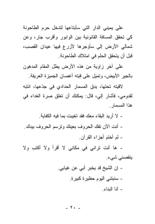 ‫ﻋﻠﻰ ﻴﻤﻴﻨﻲ ﺍﻟﺩﺍﺭ ﺍﻟﺘﻲ ﺴﺄﺒﺘﺎﻋﻬﺎ ﻟﺘﺩﺨل ﺤﺭﻡ ﺍﻟﻁﺎﺤﻭﻨﺔ‬
‫ﻜﻲ ﺘﺤﻘﻕ ﺍﻟﻤﺴﺎﻓﺔ ﺍﻟﻘﺎﻨﻭﻨﻴﺔ ﺒﻴﻥ ﺍﻟﻭﺍﺒﻭﺭ ﻭﺃﻗﺭﺏ ﺠﺎﺭ، ﻭﻋﻥ‬
‫ﺸﻤﺎﻟﻲ ﺍﻷﺭﺽ ﺇﻟﻰ ﺴﺄﺅﺠﺭﻫﺎ ﻷﺯﺭﻉ ﻓﻴﻬﺎ ﻋﻴﺩﺍﻥ ﺍﻟﻘﺼﺏ،‬
                 ‫ﻗﺒل ﺃﻥ ﻴﺘﺤﻘﻕ ﺍﻟﺤﻠﻡ ﻓﻲ ﺍﻤﺘﻼﻙ ﺍﻟﻁﺎﺤﻭﻨﺔ.‬
‫ﻋﻠﻰ ﺁﺨﺭ ﺯﺍﻭﻴﺔ ﻤﻥ ﻫﺫﻩ ﺍﻷﺭﺽ ﻴﻁل ﺍﻟﻤﻘﺎﻡ ﺍﻟﻤﺩﻫﻭﻥ‬
  ‫ﺒﺎﻟﺠﻴﺭ ﺍﻷﺒﻴﺽ، ﻭﺘﻤﻴل ﻋﻠﻰ ﻗﺒﺘﻪ ﺃﻏﺼﺎﻥ ﺍﻟﺠﻤﻴﺯﺓ ﺍﻟﻌﺭﻴﻘﺔ.‬
‫ﻻﻗﻴﺘﻪ ﺘﺤﺘﻬﺎ، ﻴﺩﻕ ﺍﻟﻤﺴﻤﺎﺭ ﺍﻟﺤﺩﺍﺩﻱ ﻓﻲ ﺠﺫﻋﻬﺎ، ﺍﻨﺘﺒﻪ‬
‫ﻟﻘﺩﻭﻤﻲ، ﻓﺄﺸﺎﺭ ﺇﻟﻲ، ﻗﺎل: ﻴﻤﻜﻨﻙ ﺃﻥ ﺘﻌﻠﻕ ﺼﺭﺓ ﺍﻟﻐﺩﺍﺀ ﻓﻲ‬
                                             ‫ﻫﺫﺍ ﺍﻟﻤﺴﻤﺎﺭ.‬
       ‫- ﻻ ﺃﺭﻴﺩ ﺍﻟﺒﻘﺎﺀ ﻤﻌﻙ ﻓﻘﺩ ﺘﻐﻴﺒﺕ ﺒﻤﺎ ﻓﻴﻪ ﺍﻟﻜﻔﺎﻴﺔ.‬
‫- ﺃﻨﺕ ﺍﻵﻥ ﺘﻔﻙ ﺍﻟﺤﺭﻭﻑ ﺒﻌﻴﻨﻙ ﻭﺘﺭﺴﻡ ﺍﻟﺤﺭﻭﻑ ﺒﻴﺩﻙ.‬
                            ‫- ﻟﻡ ﺃﺨﺘﻡ ﺃﺠﺯﺍﺀ ﺍﻟﻘﺭﺁﻥ.‬
‫- ﻫﺎ ﺃﻨﺕ ﺘﺭﺍﻨﻲ ﻓﻲ ﻤﻜﺎﻨﻲ ﻻ ﺃﻗﺭﺃ ﻭﻻ ﺃﻜﺘﺏ ﻭﻻ‬
                                           ‫ﻴﻨﻘﺼﻨﻲ ﺸﻲﺀ.‬
                 ‫- ﺇﻥ ﺍﻟﺸﻴﺦ ﻗﺩ ﻴﺨﺒﺭ ﺃﺒﻲ ﻋﻥ ﻏﻴﺎﺒﻲ.‬
                       ‫- ﺴﻨﺒﺘﻨﻲ ﺍﻟﻴﻭﻡ ﺤﻅﻴﺭﺓ ﻜﺒﻴﺭﺓ.‬
                                         ‫- ﺃﻨﺎ ﺍﻟﺒ ﹼﺎﺀ.‬
                                            ‫ﻨ‬


                     ‫- ٠٢ -‬
 