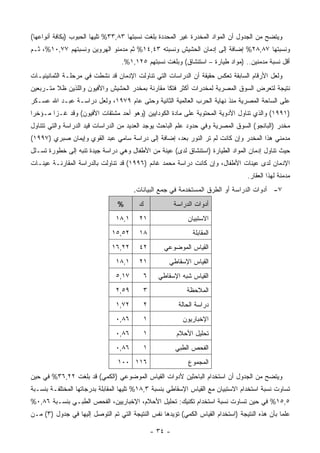 ‫ﻭﻴﺘﻀﺢ ﻤﻥ ﺍﻟﺠﺩﻭل ﺃﻥ ﺍﻟﻤﻭﺍﺩ ﺍﻟﻤﺨﺩﺭﺓ ﻏﻴﺭ ﺍﻟﻤﺤﺩﺩﺓ ﺒﻠﻐﺕ ﻨﺴﺒﺘﻬﺎ ٣٨,٣٣% ﺘﻠﻴﻬﺎ ﺍﻟﺤﺒﻭﺏ )ﺒﻜﺎﻓﺔ ﺃﻨﻭﺍﻋﻬﺎ(‬
‫ﻭﻨﺴﺒﺘﻬﺎ ٧٨,٨٢% ﺇﻀﺎﻓﺔ ﺇﻟﻰ ﺇﺩﻤﺎﻥ ﺍﻟﺤﺸﻴﺵ ﻭﻨﺴﺒﺘﻪ ٣٤,٤١% ﺜﻡ ﻤﺩﻤﻨﻭ ﺍﻟﻬﺭﻭﻴﻥ ﻭﻨﺴﺒﺘﻬﻡ ٧٧,٠١%، ﺜـﻡ‬
                                  ‫ﺃﻗل ﻨﺴﺒﺔ ﻤﺩﻤﻨﻴﻥ.. )ﻤﻭﺍﺩ ﻁﻴﺎﺭﺓ – ﺍﺴﺘﻨﺸﺎﻕ( ﻭﺒﻠﻐﺕ ﻨﺴﺒﺘﻬﻡ ٥٢١,١%.‬
‫ﻭﻟﻌل ﺍﻷﺭﻗﺎﻡ ﺍﻟﺴﺎﺒﻘﺔ ﺘﻌﻜﺱ ﺤﻘﻴﻘﺔ ﺃﻥ ﺍﻟﺩﺭﺍﺴﺎﺕ ﺍﻟﺘﻲ ﺘﻨﺎﻭﻟﺕ ﺍﻹﺩﻤﺎﻥ ﻗﺩ ﻨﺸﻁﺕ ﻓﻲ ﻤﺭﺤﻠـﺔ ﺍﻟﺜﻤﺎﻨﻴﻨﻴـﺎﺕ‬
‫ﻨﺘﻴﺠﺔ ﻟﺘﻌﺭﺽ ﺍﻟﺴﻭﻕ ﺍﻟﻤﺼﺭﻴﺔ ﻟﻤﺨﺩﺭﺍﺕ ﺃﻜﺜﺭ ﻓﺘ ﹰﺎ ﻤﻘﺎﺭﻨﺔ ﺒﻤﺨﺩﺭ ﺍﻟﺤﺸﻴﺵ ﻭﺍﻷﻓﻴﻭﻥ ﻭﺍﻟﻠﺫﻴﻥ ﻅﻼ ﻤﺘـﺭﺒﻌﻴﻥ‬
                                                 ‫ﻜ‬
‫ﻋﻠﻰ ﺍﻟﺴﺎﺤﺔ ﺍﻟﻤﺼﺭﻴﺔ ﻤﻨﺫ ﻨﻬﺎﻴﺔ ﺍﻟﺤﺭﺏ ﺍﻟﻌﺎﻟﻤﻴﺔ ﺍﻟﺜﺎﻨﻴﺔ ﻭﺤﺘﻰ ﻋﺎﻡ ٩٧٩١، ﻭﻟﻌل ﺩﺭﺍﺴـﺔ ﻋﺒـﺩ ﺍﷲ ﻋﺴـﻜﺭ‬
‫)١٩٩١( ﻭﺍﻟﺫﻱ ﺘﻨﺎﻭل ﺍﻷﺩﻭﻴﺔ ﺍﻟﻤﺤﺘﻭﻴﺔ ﻋﻠﻰ ﻤﺎﺩﺓ ﺍﻟﻜﻭﺩﺍﻴﻴﻥ )ﻭﻫﻭ ﺃﺤﺩ ﻤﺸﺘﻘﺎﺕ ﺍﻷﻓﻴﻭﻥ( ﻭﻗﺩ ﻏـﺯﺍ ﻤـﺅﺨﺭﺍ‬
‫ﻤﺨﺩﺭ )ﺍﻟﺒﺎﻨﺠﻭ( ﺍﻟﺴﻭﻕ ﺍﻟﻤﺼﺭﻴﺔ ﻭﻓﻲ ﺤﺩﻭﺩ ﻋﻠﻡ ﺍﻟﺒﺎﺤﺙ ﻴﻭﺠﺩ ﺍﻟﻌﺩﻴﺩ ﻤﻥ ﺍﻟﺩﺭﺍﺴﺎﺕ ﻗﻴﺩ ﺍﻟﺩﺭﺍﺴﺔ ﻭﺍﻟﺘﻲ ﺘﺘﻨﺎﻭل‬
‫ﻤﺩﻤﻨﻲ ﻫﺫﺍ ﺍﻟﻤﺨﺩﺭ ﻭﺇﻥ ﻜﺎﻨﺕ ﻟﻡ ﺘﺭ ﺍﻟﻨﻭﺭ ﺒﻌﺩ، ﺇﻀﺎﻓﺔ ﺇﻟﻰ ﺩﺭﺍﺴﺔ ﺴﺎﻤﻲ ﻋﺒﺩ ﺍﻟﻘﻭﻱ ﻭﺇﻴﻤﺎﻥ ﺼﺒﺭﻱ )٧٩٩١(‬
‫ﺤﻴﺙ ﺘﻨﺎﻭل ﺇﺩﻤﺎﻥ ﺍﻟﻤﻭﺍﺩ ﺍﻟﻁﻴﺎﺭﺓ )ﺍﺴﺘﻨﺸﺎﻕ ﻟﺩﻯ( ﻋﻴﻨﺔ ﻤﻥ ﺍﻷﻁﻔﺎل ﻭﻫﻲ ﺩﺭﺍﺴﺔ ﺠﻴﺩﺓ ﺘﻨﺒﻪ ﺇﻟﻰ ﺨﻁﻭﺭﺓ ﺘﺴـﻠل‬
‫ﺍﻹﺩﻤﺎﻥ ﻟﺩﻯ ﻋﻴﻨﺎﺕ ﺍﻷﻁﻔﺎل، ﻭﺇﻥ ﻜﺎﻨﺕ ﺩﺭﺍﺴﺔ ﻤﺤﻤﺩ ﻏﺎﻨﻡ )٦٩٩١( ﻗﺩ ﺘﻨﺎﻭﻟﺕ ﺒﺎﻟﺩﺭﺍﺴﺔ ﺍﻟﻤﻘﺎﺭﻨـﺔ ﻋﻴﻨـﺎﺕ‬
                                                                                  ‫ﻤﺩﻤﻨﺔ ﻟﻬﺫﺍ ﺍﻟﻌﻘﺎﺭ.‬
                                       ‫٧- ﺃﺩﻭﺍﺕ ﺍﻟﺩﺭﺍﺴﺔ ﺃﻭ ﺍﻟﻁﺭﻕ ﺍﻟﻤﺴﺘﺨﺩﻤﺔ ﻓﻲ ﺠﻤﻊ ﺍﻟﺒﻴﺎﻨﺎﺕ.‬
                                 ‫%‬       ‫ﻙ‬              ‫ﺃﺩﻭﺍﺕ ﺍﻟﺩﺭﺍﺴﺔ‬
                                ‫١,٨١‬     ‫١٢‬                  ‫ﺍﻻﺴﺘﺒﻴﺎﻥ‬
                               ‫٢٥,٥١‬     ‫٨١‬                    ‫ﺍﻟﻤﻘﺎﺒﻠﺔ‬
                               ‫٢٢,٦١‬     ‫٢٤‬        ‫ﺍﻟﻘﻴﺎﺱ ﺍﻟﻤﻭﻀﻭﻋﻲ‬
                                ‫١,٨١‬     ‫١٢‬         ‫ﺍﻟﻘﻴﺎﺱ ﺍﻹﺴﻘﺎﻁﻲ‬
                                ‫٧١,٥‬       ‫٦‬     ‫ﺍﻟﻘﻴﺎﺱ ﺸﺒﻪ ﺍﻹﺴﻘﺎﻁﻲ‬
                                ‫٩٥,٢‬       ‫٣‬                ‫ﺍﻟﻤﻼﺤﻅﺔ‬
                                ‫٢٧,١‬       ‫٢‬             ‫ﺩﺭﺍﺴﺔ ﺍﻟﺤﺎﻟﺔ‬
                                ‫٦٨,٠‬       ‫١‬               ‫ﺍﻹﺨﺒﺎﺭﻴﻭﻥ‬
                                ‫٦٨,٠‬       ‫١‬             ‫ﺘﺤﻠﻴل ﺍﻷﺤﻼﻡ‬
                                ‫٦٨,٠‬       ‫١‬            ‫ﺍﻟﻔﺤﺹ ﺍﻟﻁﺒﻲ‬
                                 ‫٦١١ ٠٠١‬                     ‫ﺍﻟﻤﺠﻤﻭﻉ‬
‫ﻭﻴﺘﻀﺢ ﻤﻥ ﺍﻟﺠﺩﻭل ﺃﻥ ﺍﺴﺘﺨﺩﺍﻡ ﺍﻟﺒﺎﺤﺜﻴﻥ ﻷﺩﻭﺍﺕ ﺍﻟﻘﻴﺎﺱ ﺍﻟﻤﻭﻀﻭﻋﻲ )ﺍﻟﻜﻤﻲ( ﻗﺩ ﺒﻠﻐﺕ ٢٢,٦٣% ﻓﻲ ﺤﻴﻥ‬
‫ﺘﺴﺎﻭﺕ ﻨﺴﺒﺔ ﺍﺴﺘﺨﺩﺍﻡ ﺍﻻﺴﺘﺒﻴﺎﻥ ﻤﻊ ﺍﻟﻘﻴﺎﺱ ﺍﻹﺴﻘﺎﻁﻲ ﺒﻨﺴﺒﺔ ٣,٨١% ﺘﻠﻴﻬﺎ ﺍﻟﻤﻘﺎﺒﻠﺔ ﺒﺩﺭﺠﺎﺘﻬﺎ ﺍﻟﻤﺨﺘﻠﻔـﺔ ﺒﻨﺴـﺒﺔ‬
‫٥,٥١% ﻓﻲ ﺤﻴﻥ ﺘﺴﺎﻭﺕ ﻨﺴﺒﺔ ﺍﺴﺘﺨﺩﺍﻡ ﺘﻜﻨﻴﻙ: ﺘﺤﻠﻴل ﺍﻷﺤﻼﻡ، ﺍﻹﺨﺒﺎﺭﻴﻴﻥ، ﺍﻟﻔﺤﺹ ﺍﻟﻁﺒـﻲ ﺒﻨﺴـﺒﺔ ٦٨,٠%‬
‫ﻋﻠﻤﺎ ﺒﺄﻥ ﻫﺫﻩ ﺍﻟﻨﺘﻴﺠﺔ )ﺍﺴﺘﺨﺩﺍﻡ ﺍﻟﻘﻴﺎﺱ ﺍﻟﻜﻤﻲ( ﺘﺅﻴﺩﻫﺎ ﻨﻔﺱ ﺍﻟﻨﺘﻴﺠﺔ ﺍﻟﺘﻲ ﺘﻡ ﺍﻟﺘﻭﺼل ﺇﻟﻴﻬﺎ ﻓﻲ ﺠﺩﻭل )٣( ﻤـﻥ‬

                                               ‫- ٤٣ -‬
 