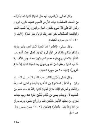 ‫ﻭﻗﺎل ﺘﻌﺎﻟﻰ: ‪‬ﻭ‪‬ﺍﺿﺮﺏ ﹶﻟ ‪‬ﻢ ﻣﺜﻞ ﺍﹾﻟﺤﻴ‪‬ﺎﺓ ﺍﻟﺪ‪‬ﻧﻴ‪‬ﺎ ﻛﻤ‪‬ﺎﺀ ﹶﺃ‪‬ﻧﺰﹾﻟﻨ‪‬ﺎﻩ‬
‫‪  ِ ‬ﻬ ‪‬ﹶ ﹶ ‪  ِ ‬ﹶ ٍ ‪ ‬‬
‫ﻣﻦ ﺍﻟﺴﻤ‪‬ﺎﺀ ﻓﹶﺎﺧﺘﻠﻂ ِﺑﻪ ‪‬ﻧﺒ‪‬ﺎﺕ ﺍﻷﺭﺽ ﻓﺄﺻﺒﺢ ﻫﺸِﻴﻤ‪‬ﺎ ‪‬ﺗﺬ ‪‬ﻭﻩ ﺍﻟ ‪‬ﻳﺎﺡ‬
‫ﹾﺭ ‪ ‬ﺮ ‪‬‬              ‫ِ ‪  ِ  ‬ﹶ ﹶ ِ ‪ ِ  َ ‬ﹶﹶ ‪  ‬‬
‫ﻭﻛﹶﺎﻥ ﺍﷲ ﻋﻠﹶﻰ ﻛﻞ ﺷﻲﺀ ﻣﻘﺘﺪﺭ‪‬ﺍ، ﺍﹾﻟﻤ‪‬ﺎﻝ ﻭ‪‬ﺍﹾﻟﺒ‪‬ﻮﻥ ﺯِﻳﻨ ﹸ ﺍﹾﻟﺤﻴ‪‬ﺎﺓ ﺍﻟﺪ‪‬ﻧﻴﺎ‬
 ‫ﹸ ‪‬ﻨ ﹶ ‪‬ﺔ ‪  ِ ‬‬                            ‫‪ ‬ﹶ ُ ‪ ‬ﹸ ﱢ ‪  ٍ  ‬ﹾ‪ِ ‬‬
‫‪‬ﺍﻟ‪‬ﺎﻗ‪‬ﺎﺕ ﺍﻟ ‪‬ﺎﻟ ‪‬ﺎﺕ ﺧﻴ ‪ ‬ﻋﻨﺪ ﺭﺑﻚ ﺛ ‪‬ﺍ‪‬ﺎ ﻭﺧﻴ ‪ ‬ﺃﻣﻼ‪) ‬ﺍﻵﻴﺘـﺎﻥ‬
          ‫ﻭ ﹾﺒ ِﻴ ‪ ‬ﺼ ِﺤ ‪  ‬ﺮ ِ ‪    ‬ﹶﻮ ﺑ ‪  ‬ﺮ ﹶ ‪ ‬ﹰ‬
                                       ‫٥٤ ،٦٤ ﻤﻥ ﺴﻭﺭﺓ ﺍﻟﻜﻬﻑ(.‬

‫ﻭﻗﺎل ﺘﻌﺎﻟﻰ: ‪‬ﺍﻋﻠ ‪‬ﻮﺍ ﹶﺃ‪‬ﻧﻤ‪‬ﺎ ﺍﹾﻟﺤﻴ‪‬ﺎﺓ ﺍﻟﺪ‪‬ﻧﻴ‪‬ﺎ ﹶﻟﻌ ‪ ‬ﻭﹶﻟﻬ ‪ ‬ﻭﺯِﻳﻨ ﹲ‬
‫‪ ‬ﹸ ‪ِ ‬ﺐ ‪ ‬ﻮ ‪ ‬ﺔ‬                               ‫‪ ‬ﹶﻤ‬
‫ﻭ‪‬ﺗﻔﹶﺎﺧ ‪ ‬ﺑﻴﻨﻜﻢ ﻭ‪‬ﺗﻜﹶﺎﹸﺛ ‪ ‬ﻓِﻲ ﺍﻷﻣﻮ‪‬ﺍﻝ ﻭ‪‬ﺍﻷﻭﻻﺩ ﻛﻤﺜﻞ ﻏﻴﺚ ﹶﺃﻋﺠ‪‬ـﺐ‬
‫‪‬‬   ‫َ ‪  َ ِ ‬ﹶ ِ ﹶ ‪‬ﹶ ِ ﹶ ‪ ٍ ‬‬     ‫‪ ‬ﺮ ‪ ‬ﹸ ‪  ‬ﺮ‬
‫ﺍﹾﻟﻜ ﱠﺎﺭ ‪‬ﻧﺒ‪‬ﺎ‪‬ﺗﻪ ﹸﺛﻢ ‪‬ﻳﻬِﻴﺞ ﻓﺘﺮ‪‬ﺍﻩ ﻣﺼﻔ ‪‬ﺍ ﹸﺛﻢ ‪‬ﻳ ﹸﻮﻥ ﺣﻄﹶﺎﻣ‪‬ﺎ ﻭﻓِﻲ ﺍﻵﺧِـﺮﺓ‬
‫‪ِ َ ‬‬             ‫ﹸﻔ ‪    ‬ﹶ‪    ‬ﹶﺮ ‪ ‬ﻜ ﹸ ‪‬‬
‫ﻋﺬﹶﺍ ‪ ‬ﺷﺪِﻳ ‪ ‬ﻭﻣﻐﻔﺮ ﹲ ﻣﻦ ﺍﷲ ﻭﺭﺿﻮ‪‬ﺍ ﹲ ﻭﻣ‪‬ﺎ ﺍﹾﻟﺤﻴ‪‬ﺎﺓ ﺍﻟﺪ‪‬ﻧﻴ‪‬ﺎ ِﺇﻻ ﻣﺘ‪‬ﺎﻉ‬
‫‪ ‬ﺏ ‪ ‬ﺪ ‪ ِ   ‬ﺓ ‪  ِ  ِ  ‬ﻥ ‪  ‬ﹸ ‪ ‬ﱠ ‪ ‬‬
                            ‫ﺍﻟﻐ ‪‬ﻭﺭ‪) ‬ﺍﻵﻴﺔ ٠٢ ﻤﻥ ﺴﻭﺭﺓ ﺍﻟﺤﺩﻴﺩ(.‬
                                                       ‫ﹾ ‪‬ﺮ ِ‬
‫ﻭﻗﺎل ﺘﻌﺎﻟﻰ: ‪ ‬ﻳﻦ ﻟِﻠ‪‬ﺎﺱ ﺣﺐ ﺍﻟﺸﻬﻮ‪‬ﺍﺕ ﻣِـﻦ ﺍﻟﻨﺴ‪‬ـﺎﺀ‬
‫ﺯ ‪ ‬ﻨ ِ ‪ِ   ِ   ‬‬
‫ﻭ‪‬ﺍﹾﻟﺒﻨﲔ ﻭ‪‬ﺍﹾﻟﻘﻨ‪‬ﺎﻃﲑ ﺍﹾﻟﻤ‪‬ﻘﻨﻄﺮﺓ ﻣﻦ ﺍﻟﺬﻫﺐ ﻭ‪‬ﺍﹾﻟﻔﻀﺔ ﻭ‪‬ﺍﹾﻟﺨﻴﻞ ﺍﹾﻟﻤ‪‬ﺴﻮﻣﺔ‬
‫‪  ِ‬ﹶ ِ ِ ﹶ ‪ ‬ﹶ ‪  ِ ِ ‬ﱠ ‪ِ    ِ   ِ  ِ ِ ‬‬
‫ﻭ‪‬ﺍﻷ‪‬ﻧﻌ‪‬ﺎﻡ ﻭ‪‬ﺍﹾﻟﺤﺮﺙ ﺫِﻟﻚ ﻣﺘ‪‬ﺎﻉ ﺍﹾﻟﺤﻴ‪‬ﺎﺓ ﺍﻟﺪ‪‬ﻧﻴ‪‬ﺎ ﻭ‪‬ﺍﷲ ﻋﻨ‪‬ـﺪ ‪ ‬ﺣﺴ‪‬ـﻦ‬
‫ُ ِ ‪‬ﻩ ‪ ‬‬              ‫ِ ‪ ِ ‬ﹶ ‪ ِ    ‬‬
‫ِ ﹸ ﹾ ﺅ ‪‬ﺌﻜ ‪ ٍ   ‬ﻣ ﹶ ﻜ ‪ ‬ﱠ ‪ ‬ﹶ ِ ‪  ِ   ‬ﻨ ﺕ‬
‫ﺍﹾﻟﻤ‪‬ﺂﺏ، ﻗﻞ ﹶﺃ ‪‬ﻧﺒﹸ ﹸﻢ ِﺑﺨﻴﺮ ‪‬ﻦ ﺫِﻟ ﹸﻢ ِﻟﻠﺬِﻳﻦ ﺍ‪‬ﺗﻘﻮ‪‬ﺍ ﻋﻨﺪ ﺭ‪‬ﺑﻬﻢ ﺟ‪‬ﺎ ‪‬‬
‫ﻥ‬
‫‪‬ﺗﺠﺮِﻱ ﻣِﻦ ‪‬ﺗﺤﺘﻬ‪‬ﺎ ﺍﻷ‪‬ﻧﻬ‪‬ﺎﺭ ﺧ‪‬ﺎِﻟﺪِﻳﻦ ﻓِﻴﻬ‪‬ﺎ ﻭﹶﺃﺯﻭ‪‬ﺍ ‪ ‬ﻣﻄﻬﺮ ﹲ ﻭﺭﺿ‪‬ـﻮ‪‬ﺍ ﹲ‬
        ‫‪  ‬ﺝ ‪ ‬ﹶ ‪ ‬ﺓ ‪ِ ‬‬         ‫‪‬‬         ‫‪‬‬           ‫‪ِ‬‬          ‫‪‬‬
‫ﻣﻦ ﺍﷲ ‪‬ﺍﷲ ﺑﺼ ‪ِ ‬ﺎﻟﻌ‪‬ﺎﺩ‪) ‬ﺍﻵﻴﺘﺎﻥ ٤١ ،٥١ ﻤـﻥ ﺴـﻭﺭﺓ ﺁل‬
                             ‫‪ ِ  ‬ﻭ ُ ‪ِ ‬ﲑ ﺑ ﹾ ِﺒ ِ‬
                                                                ‫ﻋﻤﺭﺍﻥ(.‬

‫٨٩١‬
 