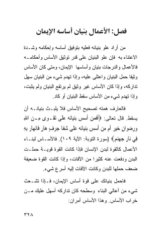 ‫א‬                                ‫:א‬

‫ﻤﻥ ﺃﺭﺍﺩ ﻋﻠﻭ ﺒﻨﻴﺎﻨﻪ ﻓﻌﻠﻴﻪ ﺒﺘﻭﻓﻴﻕ ﺃﺴﺎﺴﻪ ﻭﺇﺤﻜﺎﻤﻪ ﻭﺸـﺩﺓ‬
‫ﺍﻻﻋﺘﻨﺎﺀ ﺒﻪ ﻓﺈﻥ ﻋﻠﻭ ﺍﻟﺒﻨﻴﺎﻥ ﻋﻠﻰ ﻗﺩﺭ ﺘﻭﺜﻴﻕ ﺍﻷﺴﺎﺱ ﻭﺃﺤﻜﺎﻤـﻪ‬
‫ﻓﺎﻷﻋﻤﺎل ﻭﺍﻟﺩﺭﺠﺎﺕ ﺒﻨﻴﺎﻥ ﻭﺃﺴﺎﺴﻬﺎ ﺍﻹﻴﻤﺎﻥ، ﻭﻤﺘﻰ ﻜﺎﻥ ﺍﻷﺴﺎﺱ‬
‫ﻭﺜﻴﻘﺎ ﺤﻤل ﺍﻟﺒﻨﻴﺎﻥ ﻭﺍﻋﺘﻠﻰ ﻋﻠﻴﻪ، ﻭﺇﺫﺍ ﺘﻬﺩﻡ ﺸﻲﺀ ﻤﻥ ﺍﻟﺒﻨﻴﺎﻥ ﺴﻬل‬
‫ﺘﺩﺍﺭﻜﻪ، ﻭﺇﺫﺍ ﻜﺎﻥ ﺍﻷﺴﺎﺱ ﻏﻴﺭ ﻭﺜﻴﻕ ﻟﻡ ﻴﺭﺘﻔﻊ ﺍﻟﺒﻨﻴﺎﻥ ﻭﻟﻡ ﻴﺜﺒﺕ،‬
                 ‫ﻭﺇﺫﺍ ﺘﻬﺩﻡ ﺸﻲﺀ ﻤﻥ ﺍﻷﺴﺎﺱ ﺴﻘﻁ ﺍﻟﺒﻨﻴﺎﻥ ﺃﻭ ﻜﺎﺩ.‬

‫ﻓﺎﻟﻌﺎﺭﻑ ﻫﻤﺘﻪ ﺘﺼﺤﻴﺢ ﺍﻷﺴﺎﺱ ﻓﻼ ﻴﻠﺒـﺙ ﺒﻨﻴﺎﻨـﻪ ﺃﻥ‬
‫ﻴﺴﻘﻁ. ﻗﺎل ﺘﻌﺎﻟﻰ: ‪‬ﹶﺃﻓﻤﻦ ﹶﺃﺳﺲ ‪‬ﺑﻨﻴ‪‬ﺎ‪‬ﻧﻪ ﻋﻠﹶﻰ ‪‬ﺗﻘﹾـﻮ‪‬ﻯ ﻣِـﻦ ﺍﷲ‬
‫‪ِ ‬‬                 ‫ﹶ‪      ‬‬
‫ﻭﺭﺿﻮ‪‬ﺍﻥ ﺧﻴ ‪ ‬ﺃﹶﻡ ﻣﻦ ﹶﺃﺳﺲ ‪‬ﺑﻨﻴ‪‬ﺎ‪‬ﻧﻪ ﻋﻠﹶﻰ ﺷﻔﹶﺎ ‪ ‬ﻑ ﻫ‪‬ﺎﺭ ﻓﹶﺎ‪‬ﻧﻬ‪‬ﺎﺭ ِﺑﻪ‬
‫‪ِ ‬‬           ‫‪  ٍ  ِ ‬ﺮ ‪        ‬ﺟ ﺮ ٍ ٍ‬
‫ِﻲ ‪‬ﺎﺭ ﺟﻬﻨﻢ‪) ‬ﺴﻭﺭﺓ ﺍﻟﺘﻭﺒﺔ: ﺍﻵﻴﺔ ٩٠١(. ﻓﺎﻷﺴـﺎﺱ ﻟﺒﻨـﺎﺀ‬
                                         ‫ﻓ ﻧ ِ ‪  ‬‬
‫ﺍﻷﻋﻤﺎل ﻜﺎﻟﻘﻭﺓ ﻟﺒﺩﻥ ﺍﻹﻨﺴﺎﻥ ﻓﺈﺫﺍ ﻜﺎﻨﺕ ﺍﻟﻘﻭﺓ ﻗﻭﻴـﺔ ﺤﻤﻠـﺕ‬
‫ﺍﻟﺒﺩﻥ ﻭﺩﻓﻌﺕ ﻋﻨﻪ ﻜﺜﻴﺭﺍ ﻤﻥ ﺍﻵﻓﺎﺕ، ﻭﺇﺫﺍ ﻜﺎﻨﺕ ﺍﻟﻘﻭﺓ ﻀﻌﻴﻔﺔ‬
           ‫ﻀﻌﻑ ﺤﻤﻠﻬﺎ ﻟﻠﺒﺩﻥ ﻭﻜﺎﻨﺕ ﺍﻵﻓﺎﺕ ﺇﻟﻴﻪ ﺃﺴﺭﻉ ﺸﻲﺀ.‬

‫ﻓﺎﺤﻤل ﺒﻨﻴﺎﻨﻙ ﻋﻠﻰ ﻗﻭﺓ ﺃﺴﺎﺱ ﺍﻹﻴﻤﺎﻥ، ﻓـﺈﺫﺍ ﺘﺸـﻌﺙ‬
‫ﺸﻲﺀ ﻤﻥ ﺃﻋﺎﻟﻲ ﺍﻟﺒﻨﺎﺀ ﻭﺴﻁﺤﻪ ﻜﺎﻥ ﺘﺩﺍﺭﻜﻪ ﺃﺴﻬل ﻋﻠﻴﻙ ﻤـﻥ‬
                          ‫ﺨﺭﺍﺏ ﺍﻷﺴﺎﺱ. ﻭﻫﺫﺍ ﺍﻷﺴﺎﺱ ﺃﻤﺭﺍﻥ:‬

‫٨٢٣‬
 