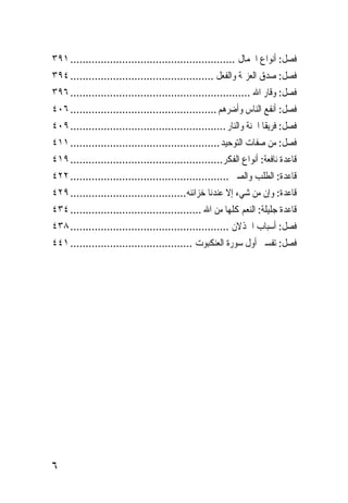 ‫ﻓﺼﻞ: ﺃﻧﻮﺍﻉ ﺍﳉﻤﺎﻝ ...................................................... ١٩٣‬
‫ﻓﺼﻞ: ﺻﺪﻕ ﺍﻟﻌﺰﳝﺔ ﻭﺍﻟﻔﻌﻞ ............................................... ٤٩٣‬
‫ﻓﺼﻞ: ﻭﻗﺎﺭ ﺍﷲ ........................................................... ٦٩٣‬
‫ﻓﺼﻞ: ﺃﻧﻔﻊ ﺍﻟﻨﺎﺱ ﻭﺃﺿﺮﻫﻢ ................................................ ٦٠٤‬
‫ﻓﺼﻞ: ﻓﺮﻳﻘﺎ ﺍﳉﻨﺔ ﻭﺍﻟﻨﺎﺭ ................................................... ٩٠٤‬
‫ﻓﺼﻞ: ﻣﻦ ﺻﻔﺎﺕ ﺍﻟﺘﻮﺣﻴﺪ ................................................. ١١٤‬
‫ﻗﺎﻋﺪﺓ ﻧﺎﻓﻌﺔ: ﺃﻧﻮﺍﻉ ﺍﻟﻔﻜﺮ.................................................. ٩١٤‬
‫ﻗﺎﻋﺪﺓ: ﺍﻟﻄﻠﺐ ﻭﺍﻟﺼﱪ .................................................... ٢٢٤‬
‫ﻗﺎﻋﺪﺓ: ﻭﺇﻥ ﻣﻦ ﺷﻲﺀ ﺇﻻ ﻋﻨﺪﻧﺎ ﺧﺰﺍﺋﻨﻪ ...................................... ٩٢٤‬
‫ﻗﺎﻋﺪﺓ ﺟﻠﻴﻠﺔ: ﺍﻟﻨﻌﻢ ﻛﻠﻬﺎ ﻣﻦ ﺍﷲ ........................................... ٤٣٤‬
‫ﻓﺼﻞ: ﺃﺳﺒﺎﺏ ﺍﳋﺬﻻﻥ .................................................... ٨٣٤‬
‫ﻓﺼﻞ: ﺗﻔﺴﲑ ﺃﻭﻝ ﺳﻮﺭﺓ ﺍﻟﻌﻨﻜﺒﻮﺕ ........................................ ١٤٤‬




‫٦‬
 