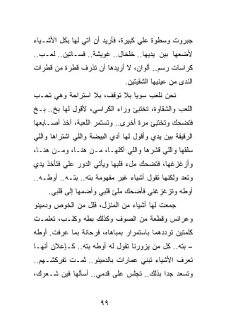 ‫ﺠﺒﺭﻭﺕ ﻭﺴﻁﻭﺓ ﻋﻠﻲ ﻜﺒﻴﺭﺓ، ﻓﺄﺭﻴﺩ ﺃﻥ ﺁﺘﻲ ﻟﻬﺎ ﺒﻜل ﺍﻷﺸـﻴﺎﺀ‬
                                    ‫‪‬‬
‫ﻷﻀﻌﻬﺎ ﺒﻴﻥ ﻴﺩﻴﻬﺎ.. ﺨﻠﺨﺎل.. ﻏﻭﻴﺸﺔ.. ﻓﺴـﺎﺘﻴﻥ.. ﻟﻌـﺏ..‬
‫ﻜﺭﺍﺴﺎﺕ ﺭﺴﻡ.. ﺃﻟﻭﺍﻥ، ﻻ ﺃﺭﻴﺩﻫﺎ ﺃﻥ ﺘﺫﺭﻑ ﻗﻁﺭﺓ ﻤﻥ ﻗﻁﺭﺍﺕ‬
                                ‫ﺍﻟﻨﺩﻯ ﻤﻥ ﻋﻴﻨﻴﻬﺎ ﺍﻟﺸﻘﻴﺘﻴﻥ.‬
‫ﻨﺤﻥ ﻨﻠﻌﺏ ﺴﻭﻴﺎ ﺒﻼ ﺘﻭﻗﻑ، ﺒﻼ ﺍﺴﺘﺭﺍﺤﺔ ﻭﻫﻲ ﺘﺤـﺏ‬
                              ‫‪‬‬
‫ﺍﻟﻠﻌﺏ ﻭﺍﻟﺸﻘﺎﻭﺓ، ﺘﺨﺘﺒﺊ ﻭﺭﺍﺀ ﺍﻟﻜﺭﺍﺴﻲ، ﻷﻗﻭل ﻟﻬﺎ ﺒﺦ.. ﺒـﺦ‬
‫ﻓﺘﻀﺤﻙ ﻭﺘﺨﺘﺒﺊ ﻤﺭﺓ ﺃﺨﺭﻯ.. ﻭﺘﺴﺘﻤﺭ ﺍﻟﻠﻌﺒﺔ، ﺁﺨﺫ ﺃﺼـﺎﺒﻌﻬﺎ‬
‫ﺍﻟﺭﻗﻴﻘﺔ ﺒﻴﻥ ﻴﺩﻱ ﻭﺃﻗﻭل ﻟﻬﺎ ﺃﺩﻱ ﺍﻟﺒﻴﻀﺔ ﻭﺍﻟﻠﻲ ﺍﺸﺘﺭﺍﻫﺎ ﻭﺍﻟﻠﻲ‬
‫ﺴﻠﻘﻬﺎ ﻭﺍﻟﻠﻲ ﻗﺸﺭﻫﺎ ﻭﺍﻟﻠﻲ ﺃﻜﻠﻬـﺎ، ﻤـﻥ ﻫﻨـﺎ، ﻭﻤـﻥ ﻫﻨـﺎ،‬
‫ﻭﺃﺯﻏﺯﻏﻬﺎ، ﻓﺘﻀﺤﻙ ﻤلﺀ ﻗﻠﺒﻬﺎ ﻭﻴﺄﺘﻲ ﺍﻟﺩﻭﺭ ﻋﻠﻲ ﻓﺘﺄﺨﺫ ﻴﺩﻱ‬
          ‫‪‬‬
‫ﻭﺘﻌﺩ ﻭﻟﻜﻨﻬﺎ ﺘﻘﻭل ﺃﺸﻴﺎﺀ ﻏﻴﺭ ﻤﻔﻬﻭﻤﺔ ﺒﺘﻪ.. ﺒﺘـﻪ.. ﺃﻭﻁـﻪ..‬
     ‫ﺃﻭﻁﻪ ﻭﺘﺯﻏﺯﻏﻨﻲ ﻓﺄﻀﺤﻙ ﻤﻠﺊ ﻗﻠﺒﻲ ﻭﺃﻀﻤﻬﺎ ﺇﻟﻰ ﻗﻠﺒﻲ.‬
‫ﺠﻤﻌﺕ ﻟﻬﺎ ﺃﺸﻴﺎﺀ ﻤﻥ ﺍﻟﻤﻨﺯل، ﻗﻠل ﻤﻥ ﺍﻟﺨﻭﺹ ﻭﺩﻤﻴﻨﻭ‬
‫ﻭﻋﺭﺍﺌﺱ ﻭﻗﻁﻌﺔ ﻤﻥ ﺍﻟﺼﻭﻑ ﻭﻜﺫﻟﻙ ﺒﻁﻪ ﻭﻜﻠـﺏ، ﺘﻌﻠﻤـﺕ‬
‫ﻜﻠﻤﺘﻴﻥ ﺘﺭﺩﺩﻫﻤﺎ ﺒﺎﺴﺘﻤﺭﺍﺭ ﺒﻤﺒﺎﻫﺎﻩ، ﻓﺭﺤﺎﻨﺔ ﺒﻤﺎ ﻋﺭﻓﺕ. ﺃﻭﻁﻪ‬
‫– ﺒﺘﻪ.. ﻜل ﻤﻥ ﻴﺯﻭﺭﻨﺎ ﺘﻘﻭل ﻟﻪ ﺃﻭﻁﻪ ﺒﺘﻪ.. ﻜـﺈﻋﻼﻥ ﺃﻨﻬـﺎ‬
‫ﺘﻌﺭﻑ ﺍﻷﺸﻴﺎﺀ ﺘﺒﻨﻲ ﻋﻤﺎﺭﺍﺕ ﺒﺎﻟﺩﻤﻴﻨﻭ.. ﺜﻤـﺕ ﺘﻔﺭﻜﺸـﻬﻡ..‬
‫ﻭﺘﺴﻌﺩ ﺠﺩﺍ ﺒﺫﻟﻙ.. ﺘﺠﻠﺱ ﻋﻠﻰ ﻗﺩﻤﻲ.. ﺃﺴﺄﻟﻬﺎ ﻓﻴﻥ ﺸـﻌﺭﻙ،‬
                                          ‫‪‬‬


                       ‫٩٩‬
 