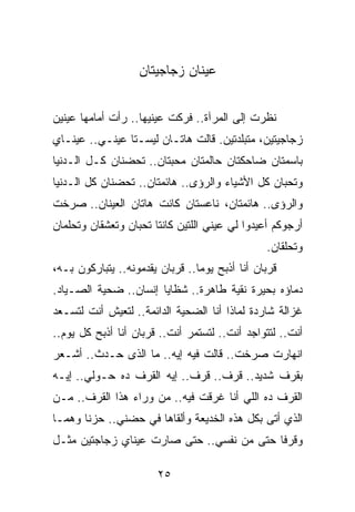 ‫ﻋﻴﻨﺎﻥ ﺯﺠﺎﺠﻴﺘﺎﻥ‬


‫ﻨﻅﺭﺕ ﺇﻟﻰ ﺍﻟﻤﺭﺁﺓ.. ﻓﺭﻜﺕ ﻋﻴﻨﻴﻬﺎ.. ﺭﺃﺕ ﺃﻤﺎﻤﻬﺎ ﻋﻴﻨﻴﻥ‬
‫ﺯﺠﺎﺠﻴﺘﻴﻥ، ﻤﺘﺒﻠﺩﺘﻴﻥ. ﻗﺎﻟﺕ ﻫﺎﺘـﺎﻥ ﻟﻴﺴـﺘﺎ ﻋﻴﻨـﻲ.. ﻋﻴﻨـﺎﻱ‬
‫ﺒﺎﺴﻤﺘﺎﻥ ﻀﺎﺤﻜﺘﺎﻥ ﺤﺎﻟﻤﺘﺎﻥ ﻤﺤﺒﺘﺎﻥ.. ﺘﺤﻀﻨﺎﻥ ﻜـل ﺍﻟـﺩﻨﻴﺎ‬
‫ﻭﺘﺤﺒﺎﻥ ﻜل ﺍﻷﺸﻴﺎﺀ ﻭﺍﻟﺭﺅﻯ.. ﻫﺎﺌﻤﺘﺎﻥ.. ﺘﺤﻀﻨﺎﻥ ﻜل ﺍﻟـﺩﻨﻴﺎ‬
‫ﻭﺍﻟﺭﺅﻯ.. ﻫﺎﺌﻤﺘﺎﻥ، ﻨﺎﻋﺴﺘﺎﻥ ﻜﺎﻨﺕ ﻫﺎﺘﺎﻥ ﺍﻟﻌﻴﻨﺎﻥ.. ﺼﺭﺨﺕ‬
‫ﺃﺭﺠﻭﻜﻡ ﺃﻋﻴﺩﻭﺍ ﻟﻲ ﻋﻴﻨﻲ ﺍﻟﻠﺘﻴﻥ ﻜﺎﻨﺘﺎ ﺘﺤﺒﺎﻥ ﻭﺘﻌﺸﻘﺎﻥ ﻭﺘﺤﻠﻤﺎﻥ‬
                                                ‫ﻭﺘﺤﻠﻘﺎﻥ.‬
‫ﻗﺭﺒﺎﻥ ﺃﻨﺎ ﺃﺫﺒﺢ ﻴﻭﻤﺎ.. ﻗﺭﺒﺎﻥ ﻴﻘﺩﻤﻭﻨﻪ.. ﻴﺘﺒﺎﺭﻜﻭﻥ ﺒـﻪ،‬
                                 ‫‪‬‬
‫ﺩﻤﺎﺅﻩ ﺒﺤﻴﺭﺓ ﻨﻘﻴﺔ ﻁﺎﻫﺭﺓ.. ﺸﻅﺎﻴﺎ ﺇﻨﺴﺎﻥ.. ﻀﺤﻴﺔ ﺍﻟﺼـﻴﺎﺩ.‬
‫ﻏﺯﺍﻟﺔ ﺸﺎﺭﺩﺓ ﻟﻤﺎﺫﺍ ﺃﻨﺎ ﺍﻟﻀﺤﻴﺔ ﺍﻟﺩﺍﺌﻤﺔ.. ﻟﺘﻌﻴﺵ ﺃﻨﺕ ﻟﺘﺴـﻌﺩ‬
‫ﺃﻨﺕ.. ﻟﺘﺘﻭﺍﺠﺩ ﺃﻨﺕ.. ﻟﺘﺴﺘﻤﺭ ﺃﻨﺕ.. ﻗﺭﺒﺎﻥ ﺃﻨﺎ ﺃﺫﺒﺢ ﻜل ﻴﻭﻡ..‬
‫ﺍﻨﻬﺎﺭﺕ ﺼﺭﺨﺕ.. ﻗﺎﻟﺕ ﻓﻴﻪ ﺇﻴﻪ.. ﻤﺎ ﺍﻟﺫﻯ ﺤـﺩﺙ.. ﺃﺸـﻌﺭ‬
‫ﺒﻘﺭﻑ ﺸﺩﻴﺩ.. ﻗﺭﻑ.. ﻗﺭﻑ.. ﺇﻴﻪ ﺍﻟﻘﺭﻑ ﺩﻩ ﺤـﻭﻟﻲ.. ﺇﻴـﻪ‬
‫ﺍﻟﻘﺭﻑ ﺩﻩ ﺍﻟﻠﻲ ﺃﻨﺎ ﻏﺭﻗﺕ ﻓﻴﻪ.. ﻤﻥ ﻭﺭﺍﺀ ﻫﺫﺍ ﺍﻟﻘﺭﻑ.. ﻤـﻥ‬
‫ﺍﻟﺫﻱ ﺃﺘﻰ ﺒﻜل ﻫﺫﻩ ﺍﻟﺨﺩﻴﻌﺔ ﻭﺃﻟﻘﺎﻫﺎ ﻓﻲ ﺤﻀﻨﻲ.. ﺤﺯﻨﺎ ﻭﻫ ‪‬ـﺎ‬
  ‫ﹰ ﻤ‬
‫ﻭﻗﺭﻓﺎ ﺤﺘﻰ ﻤﻥ ﻨﻔﺴﻲ.. ﺤﺘﻰ ﺼﺎﺭﺕ ﻋﻴﻨﺎﻱ ﺯﺠﺎﺠﺘﻴﻥ ﻤﺜـل‬
                                           ‫ﹰ‬

                       ‫٥٢‬
 