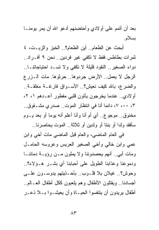 ‫ﺒﻌﺩ ﺃﻥ ﺃﺘﻤﻡ ﻋﻠﻰ ﺃﻭﻻﺩﻱ ﻭﺃﺤﺘﻀﻨﻬﻡ ﺃﺩﻋﻭ ﺍﷲ ﺃﻥ ﻴﻤﺭ ﻴﻭﻤﻨـﺎ‬
                                                  ‫ﺒﺴﻼﻡ.‬
‫ﺃﺒﺤﺙ ﻋﻥ ﺍﻟﻁﻌﺎﻡ.. ﺃﻴﻥ ﺍﻟﻁﻌﺎﻡ؟.. ﺍﻟﺨﺒﺯ ﻭﺍﻟﺯﻴـﺕ، ٤‬
‫ﺜﻤﺭﺍﺕ ﺒﻁﺎﻁﺱ ﻓﻘﻁ ﻻ ﺘﻜﻔﻲ ﻏﻴﺭ ﻓﺭﺩﻴﻥ.. ﻨﺤﻥ ٩ ﺃﻓـﺭﺍﺩ..‬
‫ﺩﻭﺍﺀ ﺍﻟﺼﻐﻴﺭ.. ﺍﻟﻨﻘﻭﺩ ﻗﻠﻴﻠﺔ ﻻ ﺘﻜﻔﻲ ﻭﻻ ﺘﺴـﺩ ﺍﺤﺘﻴﺎﺠﺎﺘﻨـﺎ..‬
‫ﺍﻟﺭﺠل ﻻ ﻴﻌﻤل.. ﺍﻷﺭﺽ ﺠﺭﺩﻭﻫﺎ.. ﺤﺭﺜﻭﻫﺎ. ﻤﺎﺕ ﺍﻟـﺯﺭﻉ‬
‫ﻭﺍﻟﻀﺭﻉ، ﺒﺎﷲ ﻜﻴﻑ ﻨﻌﻴﺵ؟.. ﺍﻷﺴـﻭﺍﻕ ﻓﺎﺭﻏـﺔ ﻤﻐﻠﻘـﺔ..‬
‫ﺃﻭﻻﺩﻱ.. ﻋﻨﺩﻤﺎ ﻴﺨﺭﺠﻭﻥ ﻴﺄﺘﻭﻥ ﻗﻠﺒﻲ ﻤﻔﻁﻭﺭ ﺃﻋـﺩﻫﻡ ١، ٢،‬
‫٣، ٠٠، ٧، ﺩﺍﺌﻤﺎ ﺃﻨﺎ ﻓﻲ ﺍﻨﺘﻅﺎﺭ ﺍﻟﻤﻭﺕ.. ﺼﺩﺭﻱ ﻤﺸـﻘﻭﻕ..‬
                                     ‫‪‬‬
‫ﻤﺨﻨﻭﻕ.. ﻤﻭﺠﻭﻉ.. ﺃﻱ ﺃﻡ ﺃﻨﺎ ﻭﺃﻨﺎ ﺃﻋﻠﻡ ﺃﻨﻪ ﻴﻭﻤﺎ ﺃﻭ ﺒﻌﺩ ﻴـﻭﻡ‬
             ‫‪‬‬
    ‫ﺴﺄﻓﻘﺩ ﻭﻟﺩﺍ ﺃﻭ ﺒﻨﺘﺎ ﺃﻭ ﻭﻟﺩﻴﻥ ﺃﻭ ﺜﻼﺜﺔ.. ﺍﻟﻤﻭﺕ ﻴﺤﺎﺼﺭﻨﺎ..‬
                                        ‫ﹰ‬       ‫‪‬‬
‫ﻓﻲ ﺍﻟﻌﺎﻡ ﺍﻟﻤﺎﻀﻲ، ﻭﺍﻟﻌﺎﻡ ﻗﺒل ﺍﻟﻤﺎﻀﻲ ﻤﺎﺕ ﺃﺨﻲ ﻭﺍﺒﻥ‬
‫ﻋﻤﻲ ﻭﺍﺒﻥ ﺨﺎﻟﻲ ﻭﺃﺨﻲ ﺍﻟﺼﻐﻴﺭ ﺍﻟﻌﺭﻴﺱ ﻭﻋﺭﻭﺴﻪ ﺍﻟﺤﺎﻤـل‬
‫ﻭﻤﺎﺕ ﺃﺒﻲ.. ﺃﻨﻬﻡ ﻴﺤﺼﺩﻭﻨﻨﺎ ﻭﻻ ﻴﻤﻠﻭﻥ ﻤـﻥ ﺭﺅﻴـﺔ ﺩﻤﺎﺌﻨـﺎ‬
‫ﻭﺩﻤﻭﻋﻨﺎ ﻭﻋﺫﺍﺒﻨﺎ ﺍﻟﻁﻭﻴل ﻋﻠﻰ ﺃﺤﺒﺎﺒﻨﺎ ﺃﻱ ﺒﺸـﺭ ﻫـﺅﻻﺀ؟..‬
‫ﻭﺤﻭﺵ؟.. ﻏﻴﻼﻥ ﺒﻼ ﻗﻠـﻭﺏ.. ﺒﺄﺤـﺫﻴﺘﻬﻡ ﻴﺩﻭﺴـﻭﻥ ﻋﻠـﻰ‬
‫ﺃﺠﺴﺎﺩﻨﺎ.. ﻭﻴﻘﺘﻠﻭﻥ ﺍﻷﻁﻔﺎل ﻭﻫﻡ ﻴﻠﻌﺒﻭﻥ ﻜﻜل ﺃﻁﻔﺎل ﺍﻟﻌـﺎﻟﻡ..‬
‫ﺃﻁﻔﺎل ﻴﺭﻴﺩﻭﻥ ﺃﻥ ﻴﺘﻨﻔﺴﻭﺍ ﺍﻟﺤﻴـﺎﺓ ﻭﺃﻥ ﻴﻌﻴﺸـﻭﺍ ﺒـﻼ ﺫﻋـﺭ‬


                       ‫٣٨‬
 