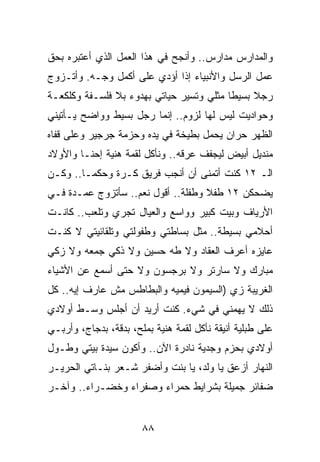 ‫ﻭﺍﻟﻤﺩﺍﺭﺱ ﻤﺩﺍﺭﺱ.. ﻭﺃﻨﺠﺢ ﻓﻲ ﻫﺫﺍ ﺍﻟﻌﻤل ﺍﻟﺫﻱ ﺃﻋﺘﺒﺭﻩ ﺒﺤﻕ‬
‫ﻋﻤل ﺍﻟﺭﺴل ﻭﺍﻷﻨﺒﻴﺎﺀ ﺇﺫﺍ ﺃﺅﺩﻱ ﻋﻠﻰ ﺃﻜﻤل ﻭﺠـﻪ. ﻭﺃﺘـﺯﻭﺝ‬
‫ﺭﺠﻼ ﺒﺴﻴﻁﺎ ﻤﺜﻠﻲ ﻭﺘﺴﻴﺭ ﺤﻴﺎﺘﻲ ﺒﻬﺩﻭﺀ ﺒﻼ ﻓﻠﺴـﻔﺔ ﻭﻜﻠﻜﻌـﺔ‬
                                          ‫ﹰ‬    ‫ﹰ‬
‫ﻭﺤﻭﺍﺩﻴﺕ ﻟﻴﺱ ﻟﻬﺎ ﻟﺯﻭﻡ.. ﺇﻨﻤﺎ ﺭﺠل ﺒﺴﻴﻁ ﻭﻭﺍﻀﺢ ﻴـﺄﺘﻴﻨﻲ‬
‫ﺍﻟﻅﻬﺭ ﺤﺭﺍﻥ ﻴﺤﻤل ﺒﻁﻴﺨﺔ ﻓﻲ ﻴﺩﻩ ﻭﺤﺯﻤﺔ ﺠﺭﺠﻴﺭ ﻭﻋﻠﻰ ﻗﻔﺎﻩ‬
‫ﻤﻨﺩﻴل ﺃﺒﻴﺽ ﻟﻴﺠﻔﻑ ﻋﺭﻗﻪ.. ﻭﻨﺄﻜل ﻟﻘﻤﺔ ﻫﻨﻴﺔ ﺇﺤﻨـﺎ ﻭﺍﻷﻭﻻﺩ‬
‫ﺍﻟـ ٢١ ﻜﻨﺕ ﺃﺘﻤﻨﻰ ﺃﻥ ﺃﻨﺠﺏ ﻓﺭﻴﻕ ﻜـﺭﺓ ﻭﺤﻜ ‪‬ـﺎ.. ﻭﻜـﻥ‬
         ‫ﻤ‬
‫ﻴﻀﺤﻜﻥ ٢١ ﻁﻔﻼ ﻭﻁﻔﻠﺔ.. ﺃﻗﻭل ﻨﻌﻡ.. ﺴﺄﺘﺯﻭﺝ ﻋﻤـﺩﺓ ﻓـﻲ‬
                                    ‫ﹰ‬
‫ﺍﻷﺭﻴﺎﻑ ﻭﺒﻴﺕ ﻜﺒﻴﺭ ﻭﻭﺍﺴﻊ ﻭﺍﻟﻌﻴﺎل ﺘﺠﺭﻱ ﻭﺘﻠﻌﺏ.. ﻜﺎﻨـﺕ‬
‫ﺃﺤﻼﻤﻲ ﺒﺴﻴﻁﺔ.. ﻤﺜل ﺒﺴﺎﻁﺘﻲ ﻭﻁﻔﻭﻟﺘﻲ ﻭﺘﻠﻘﺎﺌﻴﺘﻲ ﻻ ﻜﻨـﺕ‬
‫ﻋﺎﻴﺯﻩ ﺃﻋﺭﻑ ﺍﻟﻌﻘﺎﺩ ﻭﻻ ﻁﻪ ﺤﺴﻴﻥ ﻭﻻ ﺫﻜﻲ ﺠﻤﻌﻪ ﻭﻻ ﺯﻜﻲ‬
‫ﻤﺒﺎﺭﻙ ﻭﻻ ﺴﺎﺭﺘﺭ ﻭﻻ ﺒﺭﺠﺴﻭﻥ ﻭﻻ ﺤﺘﻰ ﺃﺴﻤﻊ ﻋﻥ ﺍﻷﺸﻴﺎﺀ‬
‫ﺍﻟﻐﺭﻴﺒﺔ ﺯﻱ )ﺍﻟﺴﻴﻤﻭﻥ ﻓﻴﻤﻴﻪ ﻭﺍﻟﺒﻁﺎﻁﺱ ﻤﺵ ﻋﺎﺭﻑ ﺇﻴﻪ.. ﻜل‬
‫ﺫﻟﻙ ﻻ ﻴﻬﻤﻨﻲ ﻓﻲ ﺸﻲﺀ. ﻜﻨﺕ ﺃﺭﻴﺩ ﺃﻥ ﺃﺠﻠﺱ ﻭﺴـﻁ ﺃﻭﻻﺩﻱ‬
‫ﻋﻠﻰ ﻁﺒﻠﻴﺔ ﺃﻨﻴﻘﺔ ﻨﺄﻜل ﻟﻘﻤﺔ ﻫﻨﻴﺔ ﺒﻤﻠﺢ، ﺒﺩﻗﺔ، ﺒﺩﺠﺎﺝ، ﻭﺃﺭﺒـﻲ‬
‫ﺃﻭﻻﺩﻱ ﺒﺤﺯﻡ ﻭﺠﺩﻴﺔ ﻨﺎﺩﺭﺓ ﺍﻵﻥ.. ﻭﺃﻜﻭﻥ ﺴﻴﺩﺓ ﺒﻴﺘﻲ ﻭﻁـﻭل‬
‫ﺍﻟﻨﻬﺎﺭ ﺃﺯﻋﻕ ﻴﺎ ﻭﻟﺩ، ﻴﺎ ﺒﻨﺕ ﻭﺃﻀﻔﺭ ﺸـﻌﺭ ﺒﻨـﺎﺘﻲ ﺍﻟﺤﺭﻴـﺭ‬
‫ﻀﻔﺎﺌﺭ ﺠﻤﻴﻠﺔ ﺒﺸﺭﺍﻴﻁ ﺤﻤﺭﺍﺀ ﻭﺼﻔﺭﺍﺀ ﻭﺨﻀـﺭﺍﺀ.. ﻭﺁﺨـﺭ‬


                       ‫٨٨‬
 