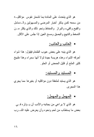 ‫ﻫﻭ ﺍﻟﺫﻱ ﻴﺘﺤﺩﺙ ﻋﻠﻰ ﺍﻟﻤﺎﺌﺩﺓ ﺒﻤﺎ ﺘﺸﻤﺌﺯ ﻨﻔﻭﺱ ﻤﺅﺍﻜﻠﻴـﻪ‬
‫ﻤﻥ ﺴﻤﻌﻪ ﻜﻤﻥ ﻴﺫﻜﺭ ﺃﺨﺒﺎﺭ ﺍﻟﻤﺭﻀﻰ ﻭﺍﻟﻤﺴﻬﻭﻟﻴﻥ ﻭﺍﻟـﺩﻤﺎﻤل‬
‫ﻭﺍﻟﻘﻴﺢ ﻭﺍﻟﻘﻲﺀ ﻭﺍﻟﺒﺭﺍﺯ ﻭﺍﻟﻤﺨﺎﻁ ﻭﻨﺤﻭ ﺫﻟﻙ ﻭﺍﻟﺫﻱ ﻴﻜﺜﺭ ﻤـﻥ‬
  ‫ﺍﻟﺘﻤﺨﻁ ﻭﺍﻟﺘﻨﻬﻊ ﻭﺍﻟﺒﺼﻕ ﻭﻤﺴﺢ ﺍﻟﻌﻴﻥ ﺇﺫﺍ ﺠﻠﺱ ﻋﻠﻰ ﺍﻷﻜل.‬

                             ‫ﺍﻟﻌﺎﺌﺏ ﻭﺍﻟﻌﺎﺌﺏ:‬
‫ﻫﻭ ﺍﻟﺫﻱ ﻴﻨﺒﻪ ﻋﻠﻰ ﺒﻌﺽ ﻋﻴﻭﺏ ﺍﻟﻁﻌﺎﻡ ﻓﻴﻘﻭل: ﻫﺫﺍ ﺸﻭﺍﺀ‬
‫ﺃﺤﺭﻗﻪ ﺍﻟﺸﻭﺍﺀ ﻭﻫﺫﻩ ﻫﺭﻴﺴﺔ ﺠﻴﺩﺓ ﻟﻭﻻ ﺃﻨﻬﺎ ﺴﻤﺭﺍﺀ ﻭﻫﺫﺍ ﻁﺒﻴﺦ‬
                     ‫ﻜﺜﻴﺭ ﺍﻟﻤﻠﺢ ﺃﻭ ﻗﻠﻴل ﺍﻟﺤﻤﺽ ﺃﻭ ﺍﻟﺤﻠﻭ.‬

                          ‫ﺍﻟﻤﺴﺘﺒﺩ ﻭﺍﻟﻤﺴﺘﺒﺩ:‬
‫ﻫﻭ ﺍﻟﺫﻱ ﻴﺴﺘﺒﺩ ﻟﻤﻠﻌﻘﺔ ﺩﻭﻥ ﻤﺅﺍﻜﻠﻴﻪ ﺃﻭ ﺒﻐﻴﺭﻫﺎ ﻤﻤﺎ ﻴﺠﺭﻱ‬
                                           ‫ﻫﺫﺍ ﺍﻟﻤﺠﺭﻯ.‬

                           ‫ﺍﻟﻤﻬﻤل ﻭﺍﻟﻤﻬﻤل:‬
 ‫ﻫﻭ ﺍﻟﺫﻱ ﻻ ﻴﺭﺍﻋﻲ ﻤﻥ ﺒﺠﺎﻨﺒﻪ ﻭﺍﻷﺩﺏ ﺃﻥ ﻴـﺅﺜﺭﻩ ﻓـﻲ‬
‫ﺒﻌﺽ ﻤﺎ ﻴﺴﺘﻁﺎﺏ ﻤﻥ ﻟﺤﻡ ﻭﻨﺤﻭﻩ ﻭﺃﻥ ﻴﻌﺭﺽ ﻋﻠﻴﻪ ﺍﻟﺸـﺭﺏ‬



‫٦١‬
 