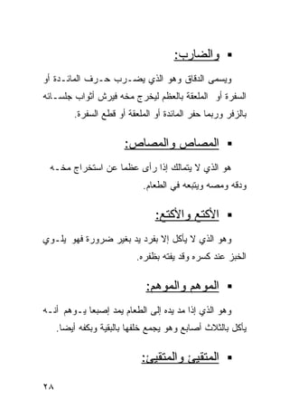 ‫ﻭﺍﻟﻀﺎﺭﺏ:‬
‫ﻭﻴﺴﻤﻰ ﺍﻟﺩﻗﺎﻕ ﻭﻫﻭ ﺍﻟﺫﻱ ﻴﻀـﺭﺏ ﺤـﺭﻑ ﺍﻟﻤﺎﺌـﺩﺓ ﺃﻭ‬
‫ﺍﻟﺴﻔﺭﺓ ﺃﻭ ﺍﻟﻤﻠﻌﻘﺔ ﺒﺎﻟﻌﻅﻡ ﻟﻴﺨﺭﺝ ﻤﺨﻪ ﻓﻴﺭﺵ ﺃﺜﻭﺍﺏ ﺠﻠﺴـﺎﺌﻪ‬
         ‫ﺒﺎﻟﺯﻓﺭ ﻭﺭﺒﻤﺎ ﺤﻔﺭ ﺍﻟﻤﺎﺌﺩﺓ ﺃﻭ ﺍﻟﻤﻠﻌﻘﺔ ﺃﻭ ﻗﻁﻊ ﺍﻟﺴﻔﺭﺓ.‬

                       ‫ﺍﻟﻤﺼﺎﺹ ﻭﺍﻟﻤﺼﺎﺹ:‬
 ‫ﻫﻭ ﺍﻟﺫﻱ ﻻ ﻴﺘﻤﺎﻟﻙ ﺇﺫﺍ ﺭﺃﻯ ﻋﻅﻤﺎ ﻋﻥ ﺍﺴﺘﺨﺭﺍﺝ ﻤﺨـﻪ‬
                 ‫ﹰ‬
                             ‫ﻭﺩﻗﻪ ﻭﻤﺼﻪ ﻭﻴﺘﺒﻌﻪ ﻓﻲ ﺍﻟﻁﻌﺎﻡ.‬

                                ‫ﺍﻷﻜﺘﻊ ﻭﺍﻷﻜﺘﻊ:‬
‫ﻭﻫﻭ ﺍﻟﺫﻱ ﻻ ﻴﺄﻜل ﺇﻻ ﺒﻔﺭﺩ ﻴﺩ ﺒﻐﻴﺭ ﻀﺭﻭﺭﺓ ﻓﻬﻭ ﻴﻠـﻭﻱ‬
                           ‫ﺍﻟﺨﺒﺯ ﻋﻨﺩ ﻜﺴﺭﻩ ﻭﻗﺩ ﻴﻔﺘﻪ ﺒﻅﻔﺭﻩ.‬

                             ‫ﺍﻟﻤﻭﻫﻡ ﻭﺍﻟﻤﻭﻫﻡ:‬
‫ﻭﻫﻭ ﺍﻟﺫﻱ ﺇﺫﺍ ﻤﺩ ﻴﺩﻩ ﺇﻟﻰ ﺍﻟﻁﻌﺎﻡ ﻴﻤﺩ ﺇﺼﺒﻌﺎ ﻴـﻭﻫﻡ ﺃﻨـﻪ‬
           ‫ﹰ‬
     ‫ﻴﺄﻜل ﺒﺎﻟﺜﻼﺙ ﺃﺼﺎﺒﻊ ﻭﻫﻭ ﻴﺠﻤﻊ ﺨﻠﻔﻬﺎ ﺒﺎﻟﺒﻘﻴﺔ ﻭﺒﻜﻔﻪ ﺃﻴﻀﺎ.‬
      ‫ﹰ‬

                            ‫ﺍﻟﻤﺘﻘﻴﺊ ﻭﺍﻟﻤﺘﻘﻴﺊ:‬

‫٨٢‬
 