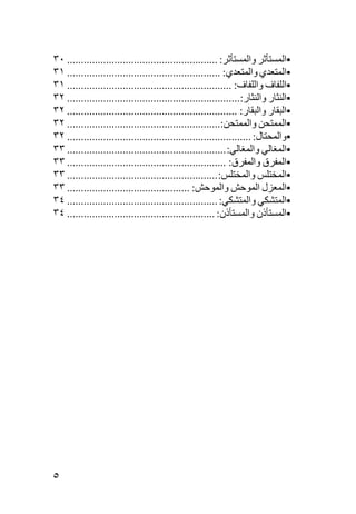 ‫اﻟﻤﺴﺘﺄﺙﺮ واﻟﻤﺴﺘﺄﺙﺮ: ...................................................... ٠٣‬
‫اﻟﻤﺘﻌﺪي واﻟﻤﺘﻌﺪي: ....................................................... ١٣‬
‫اﻟﻠﻔﺎف واﻟﻠﻔﺎف: ........................................................... ١٣‬
‫اﻟﻨﺜﺎر واﻟﻨﺜﺎر:.............................................................. ٢٣‬
‫اﻟﺒﻘﺎر واﻟﺒﻘﺎر: ............................................................. ٢٣‬
‫اﻟﻤﻤﺘﺤﻦ واﻟﻤﻤﺘﺤﻦ:....................................................... ٢٣‬
‫واﻟﻤﺤﺘﺎل: .................................................................. ٢٣‬
‫اﻟﻤﻐﺎﻟﻲ واﻟﻤﻐﺎﻟﻲ: ......................................................... ٣٣‬
‫اﻟﻤﻔﺮق واﻟﻤﻔﺮق: ......................................................... ٣٣‬
‫اﻟﻤﺨﺘﻠﺲ واﻟﻤﺨﺘﻠﺲ: ...................................................... ٣٣‬
‫اﻟﻤﻌﺰل اﻟﻤﻮﺡﺶ واﻟﻤﻮﺡﺶ: ............................................ ٣٣‬
‫اﻟﻤﺘﺸﻜﻲ واﻟﻤﺘﺸﻜﻲ: ...................................................... ٤٣‬
‫اﻟﻤﺴﺘﺄذن واﻟﻤﺴﺘﺄذن: ..................................................... ٤٣‬




‫٥‬
 