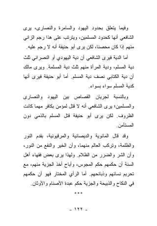 ‫ﻭﻓﻴﻤﺎ ﻴﺘﻌﻠﻕ ﺒﺤﺩﻭﺩ ﺍﻟﻴﻬﻭﺩ ﻭﺍﻟﺴﺎﻤﺭﺓ ﻭﺍﻟﻨﺼﺎﺭﻯ، ﻴﺭﻯ‬
‫ﺍﻟﺸﺎﻓﻌﻲ ﺃﻨﻬﺎ ﻜﺤﺩﻭﺩ ﺍﻟﻤﺴﻠﻤﻴﻥ، ﻭﻴﺘﺭﺘﺏ ﻋﻠﻰ ﻫﺫﺍ ﺭﺠﻡ ﺍﻟﺯﺍﻨﻲ‬
 ‫ﻤﻨﻬﻡ ﺇﺫﺍ ﻜﺎﻥ ﻤﺤﺼﻨﺎ، ﻟﻜﻥ ﻴﺭﻯ ﺃﺒﻭ ﺤﻨﻴﻔﺔ ﺃﻨﻪ ﻻ ﺭﺠﻡ ﻋﻠﻴﻪ.‬
                                     ‫ﹰ‬
‫ﺃﻤﺎ ﺍﻟﺩﻴﺔ ﻓﻴﺭﻯ ﺍﻟﺸﺎﻓﻌﻲ ﺃﻥ ﺩﻴﺔ ﺍﻟﻴﻬﻭﺩﻱ ﺃﻭ ﺍﻟﻨﺼﺭﺍﻨﻲ ﺜﻠﺙ‬
‫ﺩﻴﺔ ﺍﻟﻤﺴﻠﻡ، ﻭﺩﻴﺔ ﺍﻟﻤﺭﺃﺓ ﻤﻨﻬﻡ ﺜﻠﺙ ﺩﻴﺔ ﺍﻟﻤﺴﻠﻤﺔ. ﻭﻴﺭﻯ ﻤﺎﻟﻙ‬
‫ﺃﻥ ﺩﻴﺔ ﺍﻟﻜﺘﺎﺒﻲ ﻨﺼﻑ ﺩﻴﺔ ﺍﻟﻤﺴﻠﻡ. ﺃﻤﺎ ﺃﺒﻭ ﺤﻨﻴﻔﺔ ﻓﻴﺭﻯ ﺃﻨﻬﺎ‬
                                 ‫ﻜﺩﻴﺔ ﺍﻟﻤﺴﻠﻡ ﺴﻭﺍﺀ ﺒﺴﻭﺍﺀ.‬
‫ﻭﺒﺎﻟﻨﺴﺒﺔ ﻟﺠﺭﻴﺎﻥ ﺍﻟﻘﺼﺎﺹ ﺒﻴﻥ ﺍﻟﻴﻬﻭﺩ ﻭﺍﻟﻨﺼﺎﺭﻯ‬
‫ﻭﺍﻟﻤﺴﻠﻤﻴﻥ؛ ﻴﺭﻯ ﺍﻟﺸﺎﻓﻌﻲ ﺃﻨﻪ ﻻ ﻗﺘل ﻟﻤﺅﻤﻥ ﺒﻜﺎﻓﺭ ﻤﻬﻤﺎ ﻜﺎﻨﺕ‬
‫ﺍﻟﻅﺭﻭﻑ. ﻟﻜﻥ ﻴﺭﻯ ﺃﺒﻭ ﺤﻨﻴﻔﺔ ﻗﺘل ﺍﻟﻤﺴﻠﻡ ﺒﺎﻟﺫﻤﻲ ﺩﻭﻥ‬
                                               ‫ﺍﻟﻤﺴﺘﺄﻤﻥ.‬
‫ﻭﻗﺩ ﻗﺎل ﺍﻟﻤﺎﻨﻭﻴﺔ ﻭﺍﻟﺩﻴﺼﺎﻨﻴﺔ ﻭﺍﻟﻤﺭﻗﻴﻭﻨﻴﺔ، ﺒﻘﺩﻡ ﺍﻟﻨﻭﺭ‬
‫ﻭﺍﻟﻅﻠﻤﺔ، ﻭﺘﺭﻜﺏ ﺍﻟﻌﺎﻟﻡ ﻤﻨﻬﻤﺎ، ﻭﺃﻥ ﺍﻟﺨﻴﺭ ﻭﺍﻟﻨﻔﻊ ﻤﻥ ﺍﻟﻨﻭﺭ،‬
‫ﻭﺃﻥ ﺍﻟﺸﺭ ﻭﺍﻟﻀﺭﺭ ﻤﻥ ﺍﻟﻅﻼﻡ. ﻭﻟﻬﺫﺍ ﻴﺭﻯ ﺒﻌﺽ ﻓﻘﻬﺎﺀ ﺃﻫل‬
‫ﺍﻟﺴﻨﺔ ﺃﻥ ﺤﻜﻤﻬﻡ ﺤﻜﻡ ﺍﻟﻤﺠﻭﺱ، ﻭﺃﺒﺎﺡ ﺃﺨﺫ ﺍﻟﺠﺯﻴﺔ ﻤﻨﻬﻡ، ﻤﻊ‬
‫ﺘﺤﺭﻴﻡ ﻨﺴﺎﺌﻬﻡ ﻭﺫﺒﺎﺌﺤﻬﻡ. ﺃﻤﺎ ﺍﻟﺭﺃﻱ ﺍﻟﻤﺨﺘﺎﺭ ﻓﻬﻭ ﺃﻥ ﺤﻜﻤﻬﻡ‬
   ‫ﻓﻲ ﺍﻟﻨﻜﺎﺡ ﻭﺍﻟﺫﺒﻴﺤﺔ ﻭﺍﻟﺠﺯﻴﺔ ﺤﻜﻡ ﻋﺒﺩﺓ ﺍﻷﺼﻨﺎﻡ ﻭﺍﻷﻭﺜﺎﻥ.‬
                         ‫***‬

                       ‫- ٢٢١ -‬
 