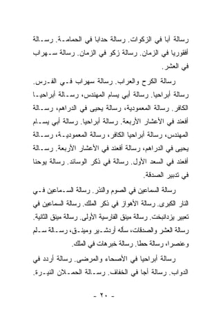 ‫ﺭﺴﺎﻟﺔ ﺁﺒﺎ ﻓﻲ ﺍﻟﺯﻜﻭﺍﺕ. ﺭﺴﺎﻟﺔ ﺤﺩﺍﺒﺎ ﻓﻲ ﺍﻟﺤﻤﺎﻤـﺔ. ﺭﺴـﺎﻟﺔ‬
‫ﺃﻓﻘﻭﺭﻴﺎ ﻓﻲ ﺍﻟﺯﻤﺎﻥ. ﺭﺴﺎﻟﺔ ﺯﻜﻭ ﻓﻲ ﺍﻟﺯﻤﺎﻥ. ﺭﺴﺎﻟﺔ ﺴـﻬﺭﺍﺏ‬
                                                   ‫ﻓﻲ ﺍﻟﻌﺸﺭ.‬
‫ﺭﺴﺎﻟﺔ ﺍﻟﻜﺭﺡ ﻭﺍﻟﻌﺭﺍﺏ. ﺭﺴﺎﻟﺔ ﺴﻬﺭﺍﺏ ﻓـﻲ ﺍﻟﻔـﺭﺱ.‬
‫ﺭﺴﺎﻟﺔ ﺃﺒﺭﺍﺤﻴﺎ. ﺭﺴﺎﻟﺔ ﺃﺒﻲ ﻴﺴﺎﻡ ﺍﻟﻤﻬﻨﺩﺱ، ﺭﺴـﺎﻟﺔ ﺃﺒﺭﺍﺤﻴـﺎ‬
‫ﺍﻟﻜﺎﻓﺭ. ﺭﺴﺎﻟﺔ ﺍﻟﻤﻌﻤﻭﺩﻴﺔ، ﺭﺴﺎﻟﺔ ﻴﺤﻴﻰ ﻓﻲ ﺍﻟﺩﺭﺍﻫﻡ، ﺭﺴـﺎﻟﺔ‬
‫ﺃﻓﻌﻨﺩ ﻓﻲ ﺍﻷﻋﺸﺎﺭ ﺍﻷﺭﺒﻌﺔ. ﺭﺴﺎﻟﺔ ﺃﺒﺭﺍﺤﻴﺎ. ﺭﺴﺎﻟﺔ ﺃﺒﻲ ﻴﺴـﺎﻡ‬
‫ﺍﻟﻤﻬﻨﺩﺱ، ﺭﺴﺎﻟﺔ ﺃﺒﺭﺍﺤﻴﺎ ﺍﻟﻜﺎﻓﺭ، ﺭﺴﺎﻟﺔ ﺍﻟﻤﻌﻤﻭﺩﻴـﺔ، ﺭﺴـﺎﻟﺔ‬
‫ﻴﺤﻴﻰ ﻓﻲ ﺍﻟﺩﺭﺍﻫﻡ، ﺭﺴﺎﻟﺔ ﺃﻓﻌﻨﺩ ﻓﻲ ﺍﻷﻋﺸﺎﺭ ﺍﻷﺭﺒﻌﺔ. ﺭﺴـﺎﻟﺔ‬
‫ﺃﻓﻌﻨﺩ ﻓﻲ ﺍﻟﺴﻌﺩ ﺍﻷﻭل. ﺭﺴﺎﻟﺔ ﻓﻲ ﺫﻜﺭ ﺍﻟﻭﺴﺎﺌﺩ. ﺭﺴﺎﻟﺔ ﻴﻭﺤﻨﺎ‬
                                           ‫ﻓﻲ ﺘﺩﺒﻴﺭ ﺍﻟﺼﺩﻗﺔ.‬
‫ﺭﺴﺎﻟﺔ ﺍﻟﺴﻤﺎﻋﻴﻥ ﻓﻲ ﺍﻟﺼﻭﻡ ﻭﺍﻟﻨﺫﺭ. ﺭﺴﺎﻟﺔ ﺍﻟﺴـﻤﺎﻋﻴﻥ ﻓـﻲ‬
‫ﺍﻟﻨﺎﺭ ﺍﻟﻜﺒﺭﻯ. ﺭﺴﺎﻟﺔ ﺍﻷﻫﻭﺍﺯ ﻓﻲ ﺫﻜﺭ ﺍﻟﻤﻠﻙ. ﺭﺴﺎﻟﺔ ﺍﻟﺴﻤﺎﻋﻴﻥ ﻓﻲ‬
‫ﺘﻌﺒﻴﺭ ﻴﺯﺩﺍﻨﺒﺨﺕ. ﺭﺴﺎﻟﺔ ﻤﻴﻨﻕ ﺍﻟﻔﺎﺭﺴﻴﺔ ﺍﻷﻭﻟﻰ. ﺭﺴﺎﻟﺔ ﻤﻴﻨﻕ ﺍﻟﺜﺎﻨﻴﺔ.‬
‫ﺭﺴﺎﻟﺔ ﺍﻟﻌﺸﺭ ﻭﺍﻟﺼﺩﻗﺎﺕ، ﺴﺄﻟﻪ ﺃﺭﺩﺸـﻴﺭ ﻭﻤﻴﻨـﻕ، ﺭﺴـﺎﻟﺔ ﺴـﻠﻡ‬
               ‫ﻭﻋﻨﺼﺭﺍ، ﺭﺴﺎﻟﺔ ﺤﻁﺎ. ﺭﺴﺎﻟﺔ ﺨﺒﺭﻫﺎﺕ ﻓﻲ ﺍﻟﻤﻠﻙ.‬
‫ﺭﺴﺎﻟﺔ ﺃﺒﺭﺍﺤﻴﺎ ﻓﻲ ﺍﻷﺼﺤﺎﺀ ﻭﺍﻟﻤﺭﻀﻰ. ﺭﺴﺎﻟﺔ ﺃﺭﺩﺩ ﻓﻲ‬
‫ﺍﻟﺩﻭﺍﺏ. ﺭﺴﺎﻟﺔ ﺃﺠﺎ ﻓﻲ ﺍﻟﺨﻔﺎﻑ. ﺭﺴـﺎﻟﺔ ﺍﻟﺤﻤـﻼﻥ ﺍﻟﻨﻴـﺭﺓ.‬

                       ‫- ٠٢ -‬
 