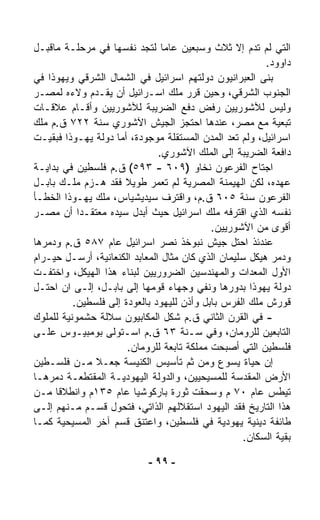 ‫ﺍﻟﺘﻲ ﻟﻡ ﺘﺩﻡ ﺇﻻ ﺜﻼﺙ ﻭﺴﺒﻌﻴﻥ ﻋﺎﻤﺎ ﻟﺘﺠﺩ ﻨﻔﺴﻬﺎ ﻓﻲ ﻤﺭﺤﻠـﺔ ﻤﺎﻗﺒـل‬
                                ‫ﹰ‬
                                                         ‫ﺩﺍﻭﻭﺩ.‬
‫ﺒﻨﻰ ﺍﻟﻌﺒﺭﺍﻨﻴﻭﻥ ﺩﻭﻟﺘﻬﻡ ﺍﺴﺭﺍﺌﻴل ﻓﻲ ﺍﻟﺸﻤﺎل ﺍﻟﺸﺭﻗﻲ ﻭﻴﻬﻭﺫﺍ ﻓﻲ‬
‫ﺍﻟﺠﻨﻭﺏ ﺍﻟﺸﺭﻗﻲ، ﻭﺤﻴﻥ ﻗﺭﺭ ﻤﻠﻙ ﺍﺴـﺭﺍﺌﻴل ﺃﻥ ﻴﻘـ ‪‬ﻡ ﻭﻻﺀﻩ ﻟﻤﺼـﺭ‬
              ‫ﺩ‬
‫ﻭﻟﻴﺱ ﻟﻶﺸﻭﺭﻴﻴﻥ ﺭﻓﺽ ﺩﻓﻊ ﺍﻟﻀﺭﻴﺒﺔ ﻟﻶﺸﻭﺭﻴﻴﻥ ﻭﺃﻗـﺎﻡ ﻋﻼﻗـﺎﺕ‬
‫ﺘﺒﻌﻴﺔ ﻤﻊ ﻤﺼﺭ، ﻋﻨﺩﻫﺎ ﺍﺤﺘﺠﺯ ﺍﻟﺠﻴﺵ ﺍﻵﺸﻭﺭﻱ ﺴﻨﺔ ٢٢٧ ﻕ.ﻡ ﻤﻠﻙ‬
‫ﺍﺴﺭﺍﺌﻴل، ﻭﻟﻡ ﺘﻌﺩ ﺍﻟﻤﺩﻥ ﺍﻟﻤﺴﺘﻘﻠﺔ ﻤﻭﺠﻭﺩﺓ، ﺃﻤﺎ ﺩﻭﻟﺔ ﻴﻬـﻭﺫﺍ ﻓﺒﻘﻴـﺕ‬
                               ‫ﺩﺍﻓﻌﺔ ﺍﻟﻀﺭﻴﺒﺔ ﺇﻟﻰ ﺍﻟﻤﻠﻙ ﺍﻵﺸﻭﺭﻱ.‬
‫ﺍﺠﺘﺎﺡ ﺍﻟﻔﺭﻋﻭﻥ ﻨﺨﺎﻭ )٩٠٦ - ٣٩٥( ﻕ.ﻡ ﻓﻠﺴﻁﻴﻥ ﻓﻲ ﺒﺩﺍﻴـﺔ‬
‫ﻋﻬﺩﻩ، ﻟﻜﻥ ﺍﻟﻬﻴﻤﻨﺔ ﺍﻟﻤﺼﺭﻴﺔ ﻟﻡ ﺘﻌ ‪‬ﺭ ﻁﻭﻴﻼ ﻓﻘﺩ ﻫـﺯﻡ ﻤﻠـﻙ ﺒﺎﺒـل‬
                      ‫ﹰ‬       ‫ﻤ‬
‫ﺍﻟﻔﺭﻋﻭﻥ ﺴﻨﺔ ٥٠٦ ﻕ.ﻡ، ﻭﺍﻗﺘﺭﻑ ﺴﻴﺩﻴﺸﻴﺎﺱ، ﻤﻠﻙ ﻴﻬـﻭﺫﺍ ﺍﻟﺨﻁـﺄ‬
‫ﻨﻔﺴﻪ ﺍﻟﺫﻱ ﺍﻗﺘﺭﻓﻪ ﻤﻠﻙ ﺍﺴﺭﺍﺌﻴل ﺤﻴﺙ ﺃﺒﺩل ﺴﻴﺩﻩ ﻤﻌﺘﻘـﺩﺍ ﺃﻥ ﻤﺼـﺭ‬
           ‫ﹰ‬
                                            ‫ﺃﻗﻭﻯ ﻤﻥ ﺍﻵﺸﻭﺭﻴﻴﻥ.‬
‫ﻋﻨﺩﺌﺫ ﺍﺤﺘل ﺠﻴﺵ ﻨﺒﻭﺨﺫ ﻨ ‪‬ﺭ ﺍﺴﺭﺍﺌﻴل ﻋﺎﻡ ٧٨٥ ﻕ.ﻡ ﻭﺩﻤﺭﻫﺎ‬
                                  ‫ﺼ‬
‫ﻭﺩ ‪‬ﺭ ﻫﻴﻜل ﺴﻠﻴﻤﺎﻥ ﺍﻟﺫﻱ ﻜﺎﻥ ﻤﺜﺎل ﺍﻟﻤﻌﺎﺒﺩ ﺍﻟﻜﻨﻌﺎﻨﻴﺔ، ﺃﺭﺴـل ﺤﻴـﺭﺍﻡ‬
                                                            ‫ﻤ‬
‫ﺍﻷﻭل ﺍﻟﻤﻌﺩﺍﺕ ﻭﺍﻟﻤﻬﻨﺩﺴﻴﻥ ﺍﻟﻀﺭﻭﺭﻴﻴﻥ ﻟﺒﻨﺎﺀ ﻫﺫﺍ ﺍﻟﻬﻴﻜل، ﻭﺍﺨﺘﻔـﺕ‬
‫ﺩﻭﻟﺔ ﻴﻬﻭﺫﺍ ﺒﺩﻭﺭﻫﺎ ﻭﻨﻔﻲ ﻭﺠﻬﺎﺀ ﻗﻭﻤﻬﺎ ﺇﻟﻰ ﺒﺎﺒـل، ﺇﻟـﻰ ﺍﻥ ﺍﺤﺘـل‬
          ‫ﻗﻭﺭﺵ ﻤﻠﻙ ﺍﻟﻔﺭﺱ ﺒﺎﺒل ﻭﺃﺫﻥ ﻟﻠﻴﻬﻭﺩ ﺒﺎﻟﻌﻭﺩﺓ ﺇﻟﻰ ﻓﻠﺴﻁﻴﻥ.‬
‫- ﻓﻲ ﺍﻟﻘﺭﻥ ﺍﻟﺜﺎﻨﻲ ﻕ.ﻡ ﺸﻜل ﺍﻟﻤﻜﺎﺒﻴﻭﻥ ﺴﻼﻟﺔ ﺤﺸﻤﻭﻨﻴﺔ ﻟﻠﻤﻠﻭﻙ‬
‫ﺍﻟﺘﺎﺒﻌﻴﻥ ﻟﻠﺭﻭﻤﺎﻥ، ﻭﻓﻲ ﺴـﻨﺔ ٣٦ ﻕ.ﻡ ﺍﺴـﺘﻭﻟﻰ ﺒﻭﻤﺒﻴـﻭﺱ ﻋﻠـﻰ‬
                       ‫ﻓﻠﺴﻁﻴﻥ ﺍﻟﺘﻲ ﺃﺼﺒﺤﺕ ﻤﻤﻠﻜﺔ ﺘﺎﺒﻌﺔ ﻟﻠﺭﻭﻤﺎﻥ.‬
‫ﺇﻥ ﺤﻴﺎﺓ ﻴﺴﻭﻉ ﻭﻤﻥ ﺜﻡ ﺘﺄﺴﻴﺱ ﺍﻟﻜﻨﻴﺴﺔ ﺠﻌـﻼ ﻤـﻥ ﻓﻠﺴـﻁﻴﻥ‬
‫ﺍﻷﺭﺽ ﺍﻟﻤﻘﺩﺴﺔ ﻟﻠﻤﺴﻴﺤﻴﻴﻥ، ﻭﺍﻟﺩﻭﻟﺔ ﺍﻟﻴﻬﻭﺩﻴـﺔ ﺍﻟﻤﻘﺘﻁﻌـﺔ ﺩ ‪‬ﺭﻫـﺎ‬
     ‫ﻤ‬
‫ﺘﻴﻁﺱ ﻋﺎﻡ ٠٧ ﻡ ﻭ ‪‬ﺤﻘﺕ ﺜﻭﺭﺓ ﺒﺎﺭﻜﻭﺸﻴﺎ ﻋﺎﻡ ٥٣١ﻡ ﻭﺍﻨﻁﻼﻗﺎ ﻤـﻥ‬
     ‫ﹰ‬                                      ‫ﺴ‬            ‫‪‬‬
‫ﻫﺫﺍ ﺍﻟﺘﺎﺭﻴﺦ ﻓﻘﺩ ﺍﻟﻴﻬﻭﺩ ﺍﺴﺘﻘﻼﻟﻬﻡ ﺍﻟﺫﺍﺘﻲ، ﻓﺘﺤﻭل ﻗﺴـﻡ ﻤـﻨﻬﻡ ﺇﻟـﻰ‬
‫ﻁﺎﺌﻔﺔ ﺩﻴﻨﻴﺔ ﻴﻬﻭﺩﻴﺔ ﻓﻲ ﻓﻠﺴﻁﻴﻥ، ﻭﺍﻋﺘﻨﻕ ﻗﺴﻡ ﺁﺨﺭ ﺍﻟﻤﺴﻴﺤﻴﺔ ﻜﻤـﺎ‬
                                                    ‫ﺒﻘﻴﺔ ﺍﻟﺴﻜﺎﻥ.‬

                            ‫- ٩٩ -‬
 