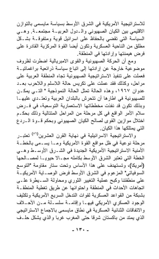 ‫ﻟﻼﺴﺘﺭﺍﺘﻴﺠﻴﺔ ﺍﻷﻤﺭﻴﻜﻴﺔ ﻓﻲ ﺍﻟﺸﺭﻕ ﺍﻷﻭﺴﻁ ﺒﺴﻴﺎﺴﺔ ﻤﺎ ‪‬ﺴﻤﻰ ﺒﺎﻟﺘﻭﺍﺯﻥ‬
                ‫ﻴ‬
‫ﺍﻻﻗﻠﻴﻤﻲ ﺒﻴﻥ ﺍﻟﻜﻴﺎﻥ ﺍﻟﺼﻬﻴﻭﻨﻲ ﻭﺍﻟـﺩﻭل ﺍﻟﻌﺭﺒﻴـﺔ ﻤﺠﺘﻤﻌـﺔ. ﻭﻫـﻲ‬
‫ﺍﻟﺴﻴﺎﺴﺔ ﺍﻟﺘﻲ ﺘﻘﻀﻲ ﺒﺎﻟﺤﻔﺎﻅ ﻋﻠﻰ ﺍﺴﺭﺍﺌﻴل ﻗﻭﻴﺔ ﻭﻤﺘﻔﻭﻗـﺔ ﺒﺸـﻜل‬
‫ﻤﻁﻠﻕ ﻤﻥ ﺍﻟﻨﺎﺤﻴﺔ ﺍﻟﻌﺴﻜﺭﻴﺔ ﻭﺘﻜﻭﻥ ﺃﻴﻀﺎ ﺍﻟﻘﻭﺓ ﺍﻟﻤﺭﻜﺯﻴﺔ ﺍﻟﻘﺎﺩﺭﺓ ﻋﻠﻰ‬
                           ‫ﹰ‬
                               ‫ﻓﺭﺽ ﻫﻴﻤﻨﺘﻬﺎ ﻭﺇﺭﺍﺩﺘﻬﺎ ﻓﻲ ﺍﻟﻤﻨﻁﻘﺔ.‬
‫ﻭﻤﻊ ﺃﻥ ﺍﻟﺤﺭﻜﺔ ﺍﻟﺼﻬﻴﻭﻨﻴﺔ ﻭﺍﻟﻘﻭﻯ ﺍﻻﻤﺒﺭﻴﺎﻟﻴﺔ ﺍﻀﻁﺭﺕ ﻟﻅﺭﻭﻑ‬
‫ﻤﻭﻀﻭﻋﻴﺔ ﺨﺎﺭﺠﺔ ﻋﻥ ﺇﺭﺍﺩﺘﻬﺎ ﺇﻟﻰ ﺍﺘﺒﺎﻉ ﺴﻴﺎﺴﺔ ﺫﺭﺍﺌﻌﻴﺔ ﺒﺭﺍﻏﻤﺎﺘﻴـﺔ‬
‫ﻓﻌﻤﻠﺕ ﻋﻠﻰ ﺘﻨﻔﻴﺫ ﺍﻻﺴﺘﺭﺍﺘﻴﺠﻴﺔ ﺍﻟﺼﻬﻴﻭﻨﻴﺔ ﺘﺠﺎﻩ ﺍﻟﻤﻨﻁﻘﺔ ﺍﻟﻌﺭﺒﻴﺔ ﻋﻠﻰ‬
‫ﻤﺭﺍﺤل، ﻭﻜﺫﻟﻙ ﻓﻘﺩ ﻋﻤﻠﺕ ﻋﻠﻰ ﺘﻜﺭﻴﺱ ﺤﺎﻟﺔ ﺍﻟﻼﺴﻠﻡ ﻭﺍﻟﻼﺤﺭﺏ ﺒﻌـﺩ‬
‫ﻋﺩﻭﺍﻥ ٧٦٩١، ﻭﻫﺫﻩ ﺍﻟﺤﺎﻟﺔ ﺘﻤﺜل ﺍﻟﺤﺎﻟﺔ ﺍﻟﻨﻤﻭﺫﺠﻴﺔ " ﺍﻟﺘـﻲ ﻴﻤﻜـﻥ‬
‫ﻟﻠﺼﻬﻴﻭﻨﻴﺔ ﻓﻲ ﺍﻁﺎﺭﻫﺎ ﺃﻥ ﺘﺘﺤ ‪‬ﺵ ﺒﺎﻟﺒﻠﺩﺍﻥ ﺍﻟﻌﺭﺒﻴﺔ ﻭﺘﻌﺘـﺩﻱ ﻋﻠﻴﻬـﺎ‬
                                   ‫ﺭ‬
‫ﻭﺒﺫﻟﻙ ﺘﻜﻭﻥ ﻗﺩ ﻨﻔﺫﺕ ﻤﺨﻁﻁﺎﺘﻬﺎ ﺍﻻﺴﺘﻌﻤﺎﺭﻴﺔ ﺍﻟﺘﻭﺴﻌﻴﺔ، ﻓﻲ ﻓـﺭﺽ‬
‫ﺴﻼﻡ ﺍﻷﻤﺭ ﺍﻟﻭﺍﻗﻊ ﻓﻲ ﻜل ﻤﺭﺤﻠﺔ ﻤﻥ ﺍﻟﻤﺭﺍﺤل ﺍﻟﻤﺘﺘﺎﻟﻴﺔ ﻭﺫﻟﻙ ﺒﺤﻜـﻡ‬
‫ﺍﺨﺘﻼل ﻤﻭﺍﺯﻴﻥ ﺍﻟﻘﻭﻯ ﻟﺼﺎﻟﺢ ﺍﻟﻜﻴﺎﻥ ﺍﻟﺼﻬﻴﻭﻨﻲ ﻭﺒﺤﻜﻡ ﻗـﻭﺓ ﺍﻟـﺭﺩﻉ‬
                                           ‫ﺍﻟﺘﻲ ﻴﻤﺘﻠﻜﻬﺎ ﻫﺫﺍ ﺍﻟﻜﻴﺎﻥ.‬
        ‫)٦٥(‬
‫ﺘﻌﺘﺒـﺭ‬       ‫ﻭﺍﻻﺴﺘﺭﺍﺘﻴﺠﻴﺔ ﺍﻻﺴﺭﺍﺌﻴﻠﻴﺔ ﻓﻲ ﻨﻬﺎﻴﺔ ﺍﻟﻘﺭﻥ ﺍﻟﻌﺸﺭﻴﻥ‬
‫ﻤﺭﺤﻠﺔ ﻨﻭﻋﻴﺔ ﻓﻲ ﻅل ﻤﻭﺍﻗﻊ ﺍﻟﻘﻭﺓ ﺍﻷﻤﺭﻴﻜﻴﺔ ﻭﻤـﺎ ﻴﺴـﻤﻰ ﺒﺎﻟﺨﻁـﺔ‬
‫ﺍﻷﻤﻨﻴﺔ ﺍﻻﺴﺘﺭﺍﺘﻴﺠﻴﺔ ﺍﻷﻤﺭﻴﻜﻴﺔ ﺍﻟﺠﺩﻴﺩﺓ ﻓﻲ ﺍﻟﺸـﺭﻕ ﺍﻷﻭﺴـﻁ ﻭﻫـﻲ‬
‫ﺍﻟﺨﻁﺔ ﺍﻟﺘﻲ ﺘﻌﺘﺒﺭ ﺍﻟﺸﺭﻕ ﺍﻷﻭﺴﻁ ﺒﻜﺎﻤﻠﻪ ﻤﺠـﺎﻻ ﺤﻴﻭﻴـﺎ ﻟﻤﺼـﺎﻟﺤﻬﺎ‬
              ‫ﹰ‬      ‫ﹰ‬
‫)ﺃﻤﺭﻴﻜﺎ(، ﻭﺘﺴﺘﻬﺩﻑ ﻋﻠﻰ ﻫﺫﺍ ﺍﻷﺴﺎﺱ ﻭﺘﺤﺕ ﺴﺘﺎﺭ ﻤﻘﺎﻭﻤﺔ "ﺍﻟﺘﻭﺴﻊ‬
‫ﺍﻟﺴﻭﻓﻴﺎﺘﻲ" ﺍﻟﻤﺯﻋﻭﻡ ﻓﻲ ﺍﻟﺸﺭﻕ ﺍﻷﻭﺴﻁ ﻓﺭﺽ ﺍﻟﻭﺼـﺎﻴﺔ ﺍﻷﻤﺭﻴﻜﻴـﺔ‬
‫ﻋﻠﻰ ﻤﻨﻁﻘﺘﻨﺎ ﻭﻜﺒﺢ ﻋﻤﻠﻴﺔ ﺍﻟﺘﻐﻴﻴﺭ ﺍﻟﺜﻭﺭﻱ ﻭﻤﺤﺎﻭﻟﺔ ﺍﻟﺴـﻴﻁﺭﺓ ﻋﻠـﻰ‬
‫ﺍﺘﺠﺎﻫﺎﺕ ﺍﻷﺤﺩﺍﺙ ﻓﻲ ﺍﻟﻤﻨﻁﻘﺔ ﻭﺍﺤﺘﻭﺍﺌﻬﺎ ﻋﻥ ﻁﺭﻴﻕ ﺘﻐﻁﻴﺔ ﺍﻟﻤﻨﻁﻘـﺔ‬
‫ﺒﺸﺒﻜﺔ ﻤﻥ ﺍﻟﻘﻭﺍﻋﺩ ﺍﻟﻌﺴﻜﺭﻴﺔ ﻟﻘﻭﺍﺕ ﺍﻟﺘﺩ ﹼل ﺍﻟﺴﺭﻴﻊ ﺍﻷﻤﺭﻴﻜﻴﺔ ﻭﺘﻜﺜﻴﻑ‬
                           ‫ﺨ‬
‫ﺍﻟﻭﺠﻭﺩ ﺍﻟﻌﺴﻜﺭﻱ ﺍﻷﻤﺭﻴﻜﻲ ﻓﻴﻬـﺎ ﻭﺇﻗﺎﻤـﺔ ﺴﻠﺴـﻠﺔ ﻤـﻥ ﺍﻷﺤـﻼﻑ‬
‫ﻭﺍﻻﺘﻔﺎﻗﺎﺕ ﺍﻟﺜﻨﺎﺌﻴﺔ ﺍﻟﻌﺴﻜﺭﻴﺔ ﻓﻲ ﻨﻁﺎﻕ ﻤﺎﻴﺴﻤﻰ ﺒﺎﻻﺠﻤﺎﻉ ﺍﻻﺴﺘﺭﺍﺘﻴﺠﻲ‬
‫ﺍﻟﺫﻱ ﻴﻤﺘﺩ ﻤﻥ ﺒﺎﻜﺴﺘﺎﻥ ﺸﺭﻗﺎ ﺤﺘﻰ ﺍﻟﻤﻐﺭﺏ ﻏﺭﺒﺎ ﻭﺍﻟﺫﻱ ﻴﺸﻜل ﺤﻠـﻑ‬
                     ‫ﹰ‬                ‫ﹰ‬

                             ‫- ٠٣١ -‬
 