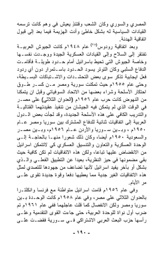 ‫ﺍﻟﻤﺼﺭﻱ ﻭﺍﻟﺴﻭﺭﻱ ﻭﻜﺎﻥ ﺍﻟﺸﻌﺏ ﻭﻗﺘﺌﺫ ﻴﻌﻴﺵ ﻓﻲ ﻭﻫﻡ ﻜﺎﻨﺕ ﺘﺭﺴﻤﻪ‬
                             ‫ٍ‬
‫ﺍﻟﻘﻴﺎﺩﺍﺕ ﺍﻟﺴﻴﺎﺴﻴﺔ ﻟﻪ ﺒﺸﻜل ﺨﺎﻁﺊ ﻭﺃﺩﺕ ﺍﻟﻬﺯﻴﻤﺔ ﻓﻴﻤﺎ ﺒﻌﺩ ﺇﻟﻰ ﻗﺒﻭل‬
                                                  ‫ﺍﺘﻔﺎﻗﻴﺔ ﺍﻟﻬﺩﻨﺔ.‬
                                     ‫)٨٧(‬
‫ﻭﺒﻌﺩ ﺍﺘﻔﺎﻗﻴﺔ ﺭﻭﺩﻭﺱ ﻋﺎﻡ ٨٤٩١ﻡ ﻜﺎﻨﺕ ﺍﻟﺠﻴﻭﺵ ﺍﻟﻌﺭﺒﻴـﺔ‬
‫ﺘﻔﺘﻘﺭ ﺇﻟﻰ ﺍﻟﺴﻼﺡ ﻭﺇﻟﻰ ﺍﻟﻘﻴﺎﺩﺍﺕ ﺍﻟﻌﺴﻜﺭﻴﺔ ﺍﻟﺠﻴﺩﺓ ﻭﻭﺠـﺩﺕ ﻨﻔﺴـﻬﺎ‬
‫ﻭﺨﺎﺼﺔ ﺍﻟﺠﻴﻭﺵ ﺍﻟﺘﻲ ﺘﺤﻴﻁ ﺒﺎﺴﺭﺍﺌﻴل ﺃﻤﺎﻡ ﺤـﺩﻭﺩ ﻁﻭﻴﻠـﺔ ﻓﺄﻗﺎﻤـﺕ‬
‫ﺍﻟﺩﻓﺎﻉ ﺍﻟﺴﻠﺒﻲ ﻭﻜﺎﻥ ﺍﻟﺘﻭ ﹼﺭ ﻴﺴﻭﺩ ﺍﻟﺤـﺩﻭﺩ ﺒﺎﺴـﺘﻤﺭﺍﺭ ﺩﻭﻥ ﺃﻱ ﺭﺩﻭﺩ‬
                                           ‫ﺘ‬
‫ﻓﻌل ﺍﻴﺠﺎﺒﻴﺔ ﹸﺫﻜﺭ ﺴﻭﻯ ﺒﻌﺽ ﺍﻟﺘﺤﺸـﺩﺍﺕ ﻭﺍﻻﺸـﺘﺒﺎﻜﺎﺕ ﺍﻟﺒﺴـﻴﻁﺔ،‬
                                                   ‫ﺘ‬
‫ﻭﺤﺘﻰ ﻋﺎﻡ ٥٥٩١ﻡ ﺤﻴﺙ ﺘﻤ ﹼﻨﺕ ﺴﻭﺭﻴﺔ ﻭﻤﺼﺭ ﻤـﻥ ﻜﺴـﺭ ﻁـﻭﻕ‬
                                     ‫ﻜ‬
‫ﺍﺤﺘﻜﺎﺭ ﺍﻷﺴﻠﺤﺔ ﻭﺸﺭﺍﺀ ﺒﻌﻀﻬﺎ ﻤﻥ ﺍﻻﺘﺤﺎﺩ ﺍﻟﺴﻭﻓﻴﺎﺘﻲ ﻭﻗﺒل ﺍﻥ ﻴﺘﻤ ﹼﻨﺎ‬
  ‫ﻜ‬
‫ﻤﻥ ﺍﻟﻨﻬﻭﺽ ﻜﺎﻨﺕ ﺤﺭﺏ ﻋﺎﻡ ٦٥٩١ﻡ )ﺍﻟﻌﺩﻭﺍﻥ ﺍﻟﺜﻼﺜﻲ( ﻋﻠﻰ ﻤﺼـﺭ‬
‫ﻓﻲ ﺍﻟﻭﻗﺕ ﺍﻟﺫﻱ ﻟﻡ ﻴﺘﻤ ﹼﻥ ﻓﻴﻪ ﺍﻟﺠﻴﺸﺎﻥ ﻤﻥ ﺘﻨﻔﻴﺫ ﻋﻘﻴﺩﺘﻬﻤﺎ ﺍﻟﻘﺘﺎﻟﻴـﺔ‬
                                             ‫ﻜ‬
‫ﻭﺍﻟﺘﺩﺭﻴﺏ ﺍﻟﻜﺎﻓﻲ ﻋﻠﻰ ﻫﺫﻩ ﺍﻷﺴﻠﺤﺔ ﺍﻟﺠﺩﻴﺩﺓ، ﻭﻗﺩ ﻟﺠﺄﺕ ﺒﻌﺽ ﺍﻟـﺩﻭل‬
‫ﺍﻟﻌﺭﺒﻴﺔ ﺇﻟﻰ ﺍﺘﻔﺎﻗﻴﺎﺕ ﺜﻨﺎﺌﻴﺔ ﻟﻠﺩﻓﺎﻉ ﺍﻟﻤﺸﺘﺭﻙ ﺒﻴﻥ ﺴﻭﺭﻴﺎ ﻭﻤﺼﺭ ﻋـﺎﻡ‬
‫٠٥٩١ﻡ ، ﻭﺒ ـﻴﻥ ﺴ ـﻭﺭﻴﺎ ﻭﺍﻷﺭﺩﻥ ﻋ ـﺎﻡ ٦٥٩١ﻡ، ﻭﺒ ـﻴﻥ ﻤﺼ ـﺭ‬
  ‫ـ‬         ‫ـ‬               ‫ـ‬                 ‫ـ‬   ‫ـ‬
‫ﻭﺍﻟﺴﻌﻭﺩﻴﺔ ٠٥٩١ﻡ ﺃﻴﻀ ﹰ، ﻭﻜﺎﻥ ﺫﻟﻙ ﺸﻌﻭﺭﺍ ﻤﻨﻬـﺎ ﺒﺎﻟﺤﺎﺠـﺔ ﺇﻟـﻰ‬
                       ‫ﹰ‬                  ‫ﺎ‬
‫ﺍﻟﻭﺤﺩﺓ ﺍﻟﻌﺴﻜﺭﻴﺔ ﻭﺍﻟﺘﻌﺎﻭﻥ ﻭﺍﻟﺘﻨﺴﻴﻕ ﺍﻟﻌﺴﻜﺭﻱ ﻜﻲ ﻻﺘﺘﻤ ﹼﻥ ﺍﺴﺭﺍﺌﻴل‬
           ‫ﻜ‬
‫ﻤﻥ ﺍﻻﻨﻘﻀﺎﺽ ﻋﻠﻴﻬﺎ ﺘﺒﺎﻋ ﹰ، ﻭﻟﻜﻥ ﻫﺫﻩ ﺍﻻﺘﻔﺎﻗﻴﺎﺕ ﻟﻡ ﺘﻜﻥ ﻜﺎﻓﻴﺔ ﺤﻴﺙ‬
                                        ‫ﺎ‬
‫ﺒﻘﻲ ﻤﻀﻤﻭﻨﻬﺎ ﻓﻲ ﺤ ‪‬ﺯ ﺍﻟﻨﻅﺭﻴﺔ، ﺒﻌﻴﺩﺍ ﻋﻥ ﺍﻟﺘﻁﺒﻴﻕ ﺍﻟﻔﻌﻠـﻲ ﻭﺍﻟـﺫﻱ‬
                               ‫ﹰ‬               ‫ﻴ‬
‫ﺒﺸﻜل ﺃﻭ ﺒﺂﺨﺭ ﻴﻔﻴﺩ ﺍﺴﺭﺍﺌﻴل ﻷﻨﻬﺎ ﺘﻀﺎﻋﻑ ﻤﻥ ﺠﻬﻭﺩﻫﺎ ﻟﻠﺘﺼ ‪‬ﻱ ﻟﻤﺜل‬
        ‫ﺩ‬
‫ﻫﺫﻩ ﺍﻻﺘﻔﺎﻗﻴﺎﺕ ﺍﻟﻐﻴﺭ ﺠﺩﻴﺔ ﻤﻤﺎ ﻴﻌﻁﻴﻬﺎ ﺩﻓﻌﺎ ﻭﻗﻭﺓ ﺠﺩﻴﺩﺓ ﺘﻘﻭﻯ ﻋﻠـﻰ‬
                         ‫ﹰ‬
                                                       ‫ﻤﺭ ﺍﻷﻴﺎﻡ.‬
                                                              ‫‪‬‬
‫ﻭﻓﻲ ﻋﺎﻡ ٦٥٩١ﻡ ﻗﺎﻤﺕ ﺍﺴﺭﺍﺌﻴل ﻤﺘﻭﺍﻁﺌﺔ ﻤﻊ ﻓﺭﻨﺴﺎ ﻭﺍﻨﻜﻠﺘـﺭﺍ‬
‫ﺒﺎﻟﻌﺩﻭﺍﻥ ﺍﻟﺜﻼﺜﻲ ﻋﻠﻰ ﻤﺼﺭ، ﻭﻓﻲ ﻋﺎﻡ ٨٥٩١ﻡ ﻜﺎﻨﺕ ﺍﻟﻭﺤـﺩﺓ ﺒـﻴﻥ‬
‫ﺴﻭﺭﻴﺎ ﻭﻤﺼﺭ ﻭﻟﻜﻥ ﺍﻻﻨﻔﺼﺎل ﻜﻤﺎ ﻗﻠﺕ ﻋﺎﺠﻠﻬﻤﺎ ﻓﻔﻲ ﻋﺎﻡ ١٦٩١ﻡ ﺘﻡ‬
‫ﻀﺭﺏ ﺃ ‪‬ل ﻨﻭﺍﺓ ﻟﻠﻭﺤﺩﺓ ﺍﻟﻌﺭﺒﻴﺔ، ﺤﺘﻰ ﺠﺎﺀﺕ ﺍﻟﻘﻭﻯ ﺍﻟﺘﻘﺩﻤﻴﺔ ﻭﻋﻠـﻰ‬
                                                        ‫ﻭ‬
‫ﺭﺃﺴﻬﺎ ﺤﺯﺏ ﺍﻟﺒﻌﺙ ﺍﻟﻌﺭﺒﻲ ﺍﻻﺸﺘﺭﺍﻜﻲ ﻓـﻲ ﺴـﻭﺭﻴﺔ ﻓﻘﻀـﺕ ﻋﻠـﻰ‬

                            ‫- ٠٩١ -‬
 