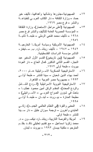 ‫ﺍﻟﺼﻬﻴﻭﻨﻴﺔ-ﺠﺫﻭﺭﻫﺎ ﻭﻨﺸﺄﺘﻬﺎ ﻭﺃﻫﺩﺍﻓﻬﺎ، ﺘﺄﻟﻴﻑ ﺨﻴﺭ‬           ‫٢١-‬
‫ﺤ ‪‬ﺎﺩ – ﻭﺯﺍﺭﺓ ﺍﻟﺜﻘﺎﻓﺔ – ﺩﺍﺭ ﺍﻟﻜﺎﺘﺏ ﺍﻟﻌﺭﺒـﻲ ﻟﻠﻁﺒﺎﻋـﺔ‬
                                                 ‫ﻤ‬
                         ‫ﻭﺍﻟﻨﺸﺭ – ﻓﺭﻉ ﻤﺼﺭ ٩٦٩١.‬
‫ﺍﻟﺼﻬﻴﻭﻨﻴﺔ )ﺃﻋﻠﻰ ﻤﺭﺍﺤل ﺍﻻﺴﺘﻌﻤﺎﺭ(، ﻭﺯﺍﺭﺓ ﺍﻟﺜﻘﺎﻓﺔ‬         ‫٣١-‬
‫– ﺍﻟﻤﺅﺴﺴﺔ ﺍﻟﻤﺼﺭﻴﺔ ﺍﻟﻌﺎﻤﺔ ﻟﻠﺘﺄﻟﻴﻑ ﻭﺍﻟﻨﺸﺭ ﻓﺭﻉ ﻤﺼﺭ‬
‫٨٦٩١ – ﺘﺄﻟﻴﻑ ﻤﺤﻤﺩ ﻓﺘﺤﻲ ﺍﻟﺭﻤﻠﻲ – ﻁﺒﻌـﺔ ﺜﺎﻨﻴـﺔ‬
                                            ‫٦٥٩١.‬
‫ﺍﻟﺼﻬﻴﻭﻨﻴﺔ ﺍﻷﻤﺭﻴﻜﻴﺔ ﻭﺴﻴﺎﺴﺔ ﺃﻤﺭﻴﻜـﺎ ﺍﻟﺨﺎﺭﺠﻴـﺔ‬            ‫٤١-‬
‫٢٤٩١ – ٧٤٩١ ، ﺘﺄﻟﻴﻑ ﺭﻴﺘﺸـﺎﺭﺩ. ﺏ. ﺴـﺘﻴﻔﻨﺯ-‬
                 ‫ﺍﻟﻨﺎﺸﺭ ﻤﺅﺴﺴﺔ ﺍﻟﺩﺭﺍﺴﺎﺕ ﺍﻟﻔﻠﺴﻁﻴﻨﻴﺔ.‬
‫ﺍﻟﺼﻬﻴﻭﻨﻴﺔ )ﺒﻴﻥ ﺘﺎﺭﻴﺨﻴﻥ( ﺍﻟﻘﺴﻡ ﺍﻷﻭل ﺍﻟﺴﻔﻴﺭ ﻋﺒﺩ‬          ‫٥١-‬
‫ﺍﻟﻨﺠﺎﺭ، ﺍﻟﻘﺴﻡ ﺍﻟﺜﺎﻨﻲ ﺍﻟﺩﻜﺘﻭﺭ ﻜﻤﺎل ﺍﻟﺤﺎﺝ – ﺩﺍﺭ ﺍﻟﻌﻭﺩﺓ‬
                         ‫ﺒﻴﺭﻭﺕ – ﻁﺒﻌﺔ ﺃﻭﻟﻰ ٢٧٩١.‬
‫ﺍﻻﺴﺘﺭﺍﺘﻴﺠﻴﺔ ﺍﻟﻌﺴﻜﺭﻴﺔ ﺍﻻﺴـﺭﺍﺌﻴﻠﻴﺔ ﻋـﺎﻡ ٠٠٠٢،‬            ‫٦١-‬
‫ﺃﺤﻤﺩ ﺒﻬﺎﺀ ﺍﻟﺩﻴﻥ ﺸﻌﺒﺎﻥ – ﺴﻴﻨﺎ ﻟﻠﻨﺸﺭ – ﻁﺒﻌﺔ ﺃﻭﻟـﻰ‬
          ‫٣٩٩١ – ﺠﻤﻬﻭﺭﻴﺔ ﻤﺼﺭ ﺍﻟﻌﺭﺒﻴﺔ – ﺍﻟﻘﺎﻫﺭﺓ.‬
‫ﺍﻻﺴﺘﺭﺍﺘﻴﺠﻴﺔ ﺍﻟﻨﻭﻭﻴﺔ ﺍﻻﺴﺭﺍﺌﻴﻠﻴﺔ )ﺍﻟـﺭﺩﻉ ﺍﻟﺸـﺎﻤل‬         ‫٧١-‬
‫ﻭﺍﻟﺭﺩﻉ ﺍﻟﻤﺤﺩﺩ(، ﺍﻟﻤﻘﺩﻡ ﺍﻟﺭﻜﻥ ﺃﻤﻴﻥ ﻤﺤﻤﻭﺩ ﻋﻁﺎﻴـﺎ –‬
‫ﺒﺎﺤﺙ ﻓﻲ ﺸﺅﻭﻥ ﺍﻟﺼﺭﺍﻉ ﺍﻟﻌﺭﺒـﻲ – ﺍﻻﺴـﺭﺍﺌﻴﻠﻲ( –‬
‫ﻤﻁﺒﻌﺔ ﺍﻟﻤﻨﺎﺭﺓ – ﺒﻴـﺭﻭﺕ – ﻟﺒﻨـﺎﻥ – ﻁﺒﻌـﺔ ﺃﻭﻟـﻰ‬
                                            ‫٥٩٩١.‬
‫ﺍﻟﻤﻌﻨﻰ ﻭﺍﻟﻘﻭﺓ )ﻓﻲ ﺍﻟﻨﻅﺎﻡ ﺍﻟﻌﺎﻟﻤﻲ ﺍﻟﺠﺩﻴـﺩ(، ﺯﻜـﻲ‬        ‫٨١-‬
‫ﺍﻟﻌﺎﻴﺩﻱ ﻭﺁﺨﺭﻭﻥ – ﺘﺭﺠﻤﺔ ﺴﻭﺯﺍﻥ ﺨﻠﻴل – ﺩﺍﺭ ﺴـﻴﻨﺎ‬
                                ‫ﻟﻠﻨﺸﺭ – ﻁﺒﻌﺔ ﺍﻭﻟﻰ.‬
‫ﺃﻤﺭﻴﻜﺎ ﻭﺍﻟﻔﺭﺼﺔ ﺍﻟﺘﺎﺭﻴﻴﺔ، ﺭﻴﺘﺸـﺎﺭﺩ ﻨﻴﻜﺴـﻭﻥ – ﺩ.‬         ‫٩١-‬
‫ﻤﺤﻤﺩ ﺯﻜﺭﻴﺎ ﺍﺴﻤﺎﻋﻴل – ﻤﻊ ﺘﻘﺩﻴﻡ ﺘﺤﻠﻴﻠﻲ ﻨﺎﻗـﺩ ﺒﻘﻠـﻡ‬
    ‫ﺍﻟﻤﺘﺭﺠﻡ – ﻤﻜﺘﺒﺔ ﺒﻴﺴﺎﻥ ٢٩٩١ – ﺒﻴﺭﻭﺕ – ﻟﺒﻨﺎﻥ.‬

                    ‫- ٢١٢ -‬
 