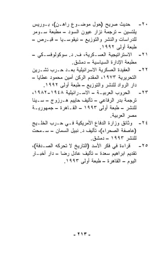 ‫ﺤﺩﻴﺙ ﺼﺭﻴﺢ )ﺤﻭل ﻤﻭﻀـﻭﻉ ﺭﺍﻫـﻥ(، ﺒـﻭﺭﻴﺱ‬                ‫٠٢-‬
‫ﻴﻠﺘﺴﻴﻥ – ﺘﺭﺠﻤﺔ ﻨﺯﺍﺭ ﻋﻴﻭﻥ ﺍﻟﺴﻭﺩ – ﻤﻁﺒﻌﺔ ﺴـﻭﻤﺭ‬
‫ﻟﻠﺩﺭﺍﺴﺎﺕ ﻭﺍﻟﻨﺸﺭ ﻭﺍﻟﺘﻭﺯﻴﻊ – ﻨﻴﻘﻭﺴـﻴﺎ – ﻗﺒـﺭﺹ –‬
                               ‫ﻁﺒﻌﺔ ﺃﻭﻟﻰ ٢٩٩١.‬
‫ﺍﻻﺴﺘﺭﺍﺘﻴﺠﻴﺔ ﺍﻟﻌﺴـﻜﺭﻴﺔ، ﻑ. ﺩ. ﺴﻭﻜﻭﻟﻭﻓﺴـﻜﻲ –‬          ‫١٢-‬
                 ‫ﻤﻁﺒﻌﺔ ﺍﻹﺩﺍﺭﺓ ﺍﻟﺴﻴﺎﺴﻴﺔ – ﺩﻤﺸﻕ.‬
‫ﺍﻟﻌﻘﻴﺩﺓ ﺍﻟﻌﺴﻜﺭﻴﺔ ﺍﻻﺴﺭﺍﺌﻴﻠﻴﺔ ﺒﻌـﺩ ﺤـﺭﺏ ﺘﺸـﺭﻴﻥ‬        ‫٢٢-‬
‫ﺍﻟﺘﺤﺭﻴﺭﻴﺔ ٣٧٩١، ﺍﻟﻤﻘﺩﻡ ﺍﻟﺭﻜﻥ ﺃﻤﻴﻥ ﻤﺤﻤﻭﺩ ﻋﻁﺎﻴﺎ –‬
      ‫ﺩﺍﺭ ﺍﻟﺭﻭﺍﺩ ﻟﻠﻨﺸﺭ ﻭﺍﻟﺘﻭﺯﻴﻊ – ﻁﺒﻌﺔ ﺃﻭﻟﻰ ٢٩٩١.‬
‫ﺍﻟﺤﺭﻭﺏ ﺍﻟﻌﺭﺒﻴـﺔ – ﺍﻻﺴـﺭﺍﺌﻴﻠﻴﺔ ٨٤٩١-٢٨٩١،‬            ‫٣٢-‬
‫ﺘﺭﺠﻤﺔ ﺒﺩﺭ ﺍﻟﺭﻓﺎﻋﻲ – ﺘﺄﻟﻴﻑ ﺤﺎﻴﻴﻡ ﻫـﺭﺯﻭﺝ – ﺴـﻴﻨﺎ‬
‫ﻟﻠﻨﺸﺭ – ﻁﺒﻌﺔ ﺃﻭﻟﻰ ٣٩٩١ – ﺍﻟﻘـﺎﻫﺭﺓ – ﺠﻤﻬﻭﺭﻴـﺔ‬
                                   ‫ﻤﺼﺭ ﺍﻟﻌﺭﺒﻴﺔ.‬
‫ﻭﺜﺎﺌﻕ ﻭﺯﺍﺭﺓ ﺍﻟﺩﻓﺎﻉ ﺍﻷﻤﺭﻴﻜﻴﺔ ﻓـﻲ ﺤـﺭﺏ ﺍﻟﺨﻠـﻴﺞ‬        ‫٤٢-‬
‫)ﻋﺎﺼﻔﺔ ﺍﻟﺼﺤﺭﺍﺀ(، ﺘﺄﻟﻴﻑ ﺩ. ﻨﺒﻴل ﺍﻟﺴﻤﺎﻥ – ﺴـﻤﺤﺕ‬
‫ﹾ‬
                           ‫ﻟﻠﻨﺸﺭ ٣٩٩١ – ﺩﻤﺸﻕ.‬
‫ﻗﺭﺍﺀﺓ ﻓﻲ ﻓﻜﺭ ﺍﻷﺴﺩ )ﺍﻟﺘﺎﺭﻴﺦ ﻻ ﺘﺤﺭﻜﻪ ﺍﻟﺼـﺩﻓﺔ(،‬        ‫٥٢-‬
‫ﺘﻘﺩﻴﻡ ﺍﺒﺭﺍﻫﻴﻡ ﺴﻌﺩﺓ – ﺘﺄﻟﻴﻑ ﻋﺎﺩل ﺭﻀﺎ – ﺩﺍﺭ ﺃﺨﺒـﺎﺭ‬
              ‫ﺍﻟﻴﻭﻡ – ﺍﻟﻘﺎﻫﺭﺓ – ﻁﺒﻌﺔ ﺃﻭﻟﻰ ٣٩٩١.‬




                   ‫- ٣١٢ -‬
 