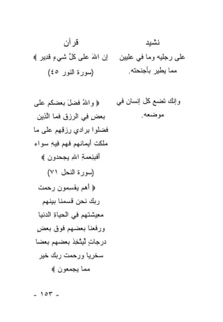 ‫ﻗﺭﺁﻥ‬                            ‫ﻨﺸﻴﺩ‬
‫ﺇﻥ ﺍﷲ ﻋ ﹶﻰ ﻜ ﱢ ﺸﻲ ٍ ﻗ ِﻴﺭ ‪‬‬
  ‫ِ ‪ َ ‬ﻠ ﹸل ﹶ ‪‬ﺀ ﹶﺩ ‪‬‬             ‫ﻋﻠﻰ ﺭﺠﻠﻴﻪ ﻭﻤﺎ ﻓﻲ ﻋﻠﻴﻴﻥ‬
      ‫)ﺴﻭﺭﺓ ﺍﻟﻨﻭﺭ ٥٤(‬                  ‫ﻤﻤﺎ ﻴﻁﻴﺭ ﺒﺄﺠﻨﺤﺘﻪ.‬


‫‪ ‬ﺍﷲ ﻓﻀل ﺒﻌﻀﻜﻡ ﻋ ﹶﻰ‬
 ‫ﻭ ُ ﹶ ‪    َ ‬ﹸ ‪ ‬ﻠ‬             ‫ﻭﺇﻨﻙ ﺘﻀﻊ ﻜل ﺇﻨﺴﺎﻥ ﻓﻲ‬
 ‫ﺒﻌﺽ ِﻲ ﺍﻟﺭﺯﻕ ﻓ ‪‬ﺎ ﺍﻟ ِﻴﻥ‬
 ‫‪ ٍ  ‬ﻓ ﹾ ‪ ِ  ‬ﹶ ﻤ ﱠﺫ ‪‬‬                  ‫ﻤﻭﻀﻌﻪ.‬
‫ﻓ ‪‬ﹸﻭﺍ ﺒﺭﺍ ‪‬ﻱ ﺭﺯﻗﻬﻡ ﻋ ﹶﻰ ‪‬ﺎ‬
 ‫ﹸ ﻀ ﻠ ِ ‪ ‬ﺩ ِ ‪  ِ ِ ‬ﻠ ﻤ‬
‫‪‬ﻠﻜﺕ ﺃﻴ ‪‬ﺎﻨﻬﻡ ﻓﻬﻡ ِﻴﻪ ﺴ ‪‬ﺍﺀ‬
‫ﻤ ﹶ ﹶ ﹾ َ ‪‬ﻤ ﹸ ‪  ‬ﹶ ‪  ‬ﻓ ِ ‪‬ﻭ ‪‬‬
   ‫ﺃﻓ ِ ِﻌ ‪ ِ ‬ﺍﷲ ﻴﺠﺤ ‪‬ﻭﻥ ‪‬‬
     ‫َ ﹶﺒﻨ ‪‬ﻤﺔ ِ ‪  ‬ﺩ ‪‬‬
     ‫)ﺴﻭﺭﺓ ﺍﻟﻨﺤل ١٧(‬
 ‫‪ ‬ﺃﻫﻡ ﻴﻘﺴ ‪‬ﻭﻥ ‪‬ﺤ ‪‬ﺕ‬
 ‫َ ‪   ‬ﹾ ِﻤ ‪ ‬ﺭ ‪‬ﻤ ﹶ‬
   ‫ﺭﺒﻙ ﻨﺤﻥ ﻗﺴﻤ ﹶﺎ ﺒﻴﻨ ‪‬ﻡ‬
    ‫‪   ‬ﹶ ‪  ‬ﹶ ‪ ‬ﻨ ‪  ‬ﹶﻬ‬
 ‫ﻤ ِﻴﺸﺘﻬﻡ ِﻲ ﺍﻟﺤ ‪‬ﺎﺓ ﺍﻟﺩﻨ ‪‬ﺎ‬
  ‫‪‬ﻌ ﹶ ﹶ ‪  ‬ﻓ ﹾ ‪ ‬ﻴ ِ ‪ ‬ﹾﻴ‬
 ‫ﻭﺭﻓﻌ ﹶﺎ ﺒﻌﻀﻬﻡ ﻓﻭﻕ ﺒﻌﺽ‬
 ‫‪  ‬ﹶ ‪‬ﻨ ‪     ‬ﹶ ‪ ‬ﹶ ‪ٍ  ‬‬
‫ﺩﺭ ‪‬ﺎﺕ ﻟ ‪‬ﺘ ِﺫ ﺒﻌﻀ ‪‬ﻡ ﺒﻌ ‪‬ﺎ‬
 ‫‪ ‬ﺠ ٍ ﱢﻴ ﱠﺨ ﹶ ‪  ‬ﻬ ‪ ‬ﻀ‬
 ‫ﺴﺨﺭ ‪‬ﺎ ﻭﺭﺤﻤﺕ ﺭﺒﻙ ﺨﻴﺭ‬
 ‫‪ ‬ﹾ ِﻴ ‪    ‬ﹸ ‪   ‬ﹶ ‪ ‬‬
        ‫ﻤ ‪‬ﺎ ﻴﺠﻤ ‪‬ﻭﻥ ‪‬‬
          ‫‪ ‬ﻤ ‪  ‬ﻌ ‪‬‬


‫- ٣٥١ -‬
 