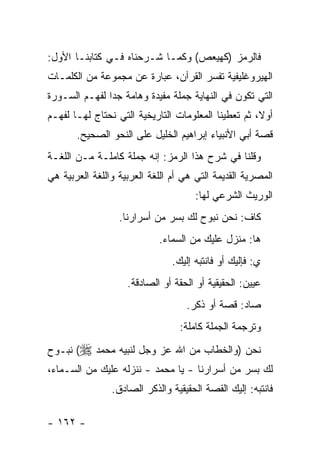 ‫ﻓﺎﻟﺭﻤﺯ )ﻜﻬﻴﻌﺹ( ﻭﻜﻤـﺎ ﺸـﺭﺤﻨﺎﻩ ﻓـﻲ ﻜﺘﺎﺒﻨـﺎ ﺍﻷﻭل:‬
‫ﺍﻟﻬﻴﺭﻭﻏﻠﻴﻔﻴﺔ ﺘﻔﺴﺭ ﺍﻟﻘﺭﺁﻥ، ﻋﺒﺎﺭﺓ ﻋﻥ ﻤﺠﻤﻭﻋﺔ ﻤﻥ ﺍﻟﻜﻠﻤـﺎﺕ‬
‫ﺍﻟﺘﻲ ﺘﻜﻭﻥ ﻓﻲ ﺍﻟﻨﻬﺎﻴﺔ ﺠﻤﻠﺔ ﻤﻔﻴﺩﺓ ﻭﻫﺎﻤﺔ ﺠ ‪‬ﺍ ﻟﻔﻬـﻡ ﺍﻟﺴـﻭﺭﺓ‬
               ‫ﺩ‬
‫ﺃﻭﻻ، ﺜﻡ ﺘﻌﻁﻴﻨﺎ ﺍﻟﻤﻌﻠﻭﻤﺎﺕ ﺍﻟﺘﺎﺭﻴﺨﻴﺔ ﺍﻟﺘﻲ ﻨﺤﺘﺎﺝ ﻟﻬـﺎ ﻟﻔﻬـﻡ‬
                                                     ‫ﹰ‬
       ‫ﻗﺼﺔ ﺃﺒﻲ ﺍﻷﻨﺒﻴﺎﺀ ﺇﺒﺭﺍﻫﻴﻡ ﺍﻟﺨﻠﻴل ﻋﻠﻰ ﺍﻟﻨﺤﻭ ﺍﻟﺼﺤﻴﺢ.‬
‫ﻭﻗﻠﻨﺎ ﻓﻲ ﺸﺭﺡ ﻫﺫﺍ ﺍﻟﺭﻤﺯ: ﺇﻨﻪ ﺠﻤﻠﺔ ﻜﺎﻤﻠـﺔ ﻤـﻥ ﺍﻟﻠﻐـﺔ‬
‫ﺍﻟﻤﺼﺭﻴﺔ ﺍﻟﻘﺩﻴﻤﺔ ﺍﻟﺘﻲ ﻫﻲ ﺃﻡ ﺍﻟﻠﻐﺔ ﺍﻟﻌﺭﺒﻴﺔ ﻭﺍﻟﻠﻐﺔ ﺍﻟﻌﺭﺒﻴﺔ ﻫﻲ‬
                                      ‫ﺍﻟﻭﺭﻴﺙ ﺍﻟﺸﺭﻋﻲ ﻟﻬﺎ:‬
                  ‫ﻜﺎﻑ: ﻨﺤﻥ ﻨﺒﻭﺡ ﻟﻙ ﺒﺴﺭ ﻤﻥ ﺃﺴﺭﺍﺭﻨﺎ.‬
                            ‫ﻫﺎ: ﻤﻨﺯل ﻋﻠﻴﻙ ﻤﻥ ﺍﻟﺴﻤﺎﺀ.‬
                                ‫ﻱ: ﻓﺈﻟﻴﻙ ﺃﻭ ﻓﺎﻨﺘﺒﻪ ﺇﻟﻴﻙ.‬
                                                       ‫‪‬‬
                    ‫ﻋﻴﻴﻥ: ﺍﻟﺤﻘﻴﻘﻴﺔ ﺃﻭ ﺍﻟﺤﻘﺔ ﺃﻭ ﺍﻟﺼﺎﺩﻗﺔ.‬
                                   ‫ﺼﺎﺩ: ﻗﺼﺔ ﺃﻭ ﺫﻜﺭ.‬
                                  ‫ﻭﺘﺭﺠﻤﺔ ﺍﻟﺠﻤﻠﺔ ﻜﺎﻤﻠﺔ:‬
‫ﻨﺤﻥ )ﻭﺍﻟﺨﻁﺎﺏ ﻤﻥ ﺍﷲ ﻋﺯ ﻭﺠل ﻟﻨﺒﻴﻪ ﻤﺤﻤﺩ ‪ (‬ﻨﺒـﻭﺡ‬
‫ﻟﻙ ﺒﺴﺭ ﻤﻥ ﺃﺴﺭﺍﺭﻨﺎ - ﻴﺎ ﻤﺤﻤﺩ - ﻨﻨﺯﻟﻪ ﻋﻠﻴﻙ ﻤﻥ ﺍﻟﺴـﻤﺎﺀ،‬
                ‫ﻓﺎﻨﺘﺒﻪ: ﺇﻟﻴﻙ ﺍﻟﻘﺼﺔ ﺍﻟﺤﻘﻴﻘﻴﺔ ﻭﺍﻟﺫﻜﺭ ﺍﻟﺼﺎﺩﻕ.‬

‫- ٢٦١ -‬
 