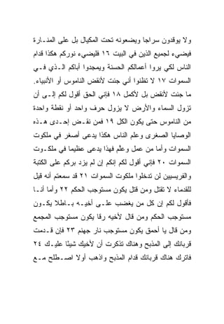 ‫ﻭﻻ ﻴﻭﻗﺩﻭﻥ ﺴﺭﺍﺠﺎ ﻭﻴﻀﻌﻭﻨﻪ ﺘﺤﺕ ﺍﻟﻤﻜﻴﺎل ﺒل ﻋﻠﻰ ﺍﻟﻤﻨـﺎﺭﺓ‬
                                     ‫‪‬‬
‫ﻓﻴﻀﻲﺀ ﻟﺠﻤﻴﻊ ﺍﻟﺫﻴﻥ ﻓﻲ ﺍﻟﺒﻴﺕ ٦١ ﻓﻠﻴﻀﻲﺀ ﻨﻭﺭﻜﻡ ﻫﻜﺫﺍ ﻗﺩﺍﻡ‬
‫ﺍﻟﻨﺎﺱ ﻟﻜﻲ ﻴﺭﻭﺍ ﺃﻋﻤﺎﻟﻜﻡ ﺍﻟﺤﺴﻨﺔ ﻭﻴﻤﺠﺩﻭﺍ ﺃﺒﺎﻜﻡ ﺍﻟـﺫﻱ ﻓـﻲ‬
‫ﺍﻟﺴﻤﻭﺍﺕ ٧١ ﻻ ﺘﻅﻨﻭﺍ ﺃﻨﻲ ﺠﺌﺕ ﻷﻨﻘﺽ ﺍﻟﻨﺎﻤﻭﺱ ﺃﻭ ﺍﻷﻨﺒﻴﺎﺀ.‬
‫ﻤﺎ ﺠﺌﺕ ﻷﻨﻘﺽ ﺒل ﻷﻜﻤل ٨١ ﻓﺈﻨﻲ ﺍﻟﺤﻕ ﺃﻗﻭل ﻟﻜﻡ ﺇﻟـﻰ ﺃﻥ‬
‫ﺘﺯﻭل ﺍﻟﺴﻤﺎﺀ ﻭﺍﻷﺭﺽ ﻻ ﻴﺯﻭل ﺤﺭﻑ ﻭﺍﺤﺩ ﺃﻭ ﻨﻘﻁﺔ ﻭﺍﺤﺩﺓ‬
‫ﻤﻥ ﺍﻟﻨﺎﻤﻭﺱ ﺤﺘﻰ ﻴﻜﻭﻥ ﺍﻟﻜل ٩١ ﻓﻤﻥ ﻨﻘـﺽ ﺇﺤـﺩﻯ ﻫـﺫﻩ‬
‫ﺍﻟﻭﺼﺎﻴﺎ ﺍﻟﺼﻐﺭﻯ ﻭﻋﻠﻡ ﺍﻟﻨﺎﺱ ﻫﻜﺫﺍ ﻴﺩﻋﻰ ﺃﺼﻐﺭ ﻓﻲ ﻤﻠﻜﻭﺕ‬
‫ﺍﻟﺴﻤﻭﺍﺕ ﻭﺃﻤﺎ ﻤﻥ ﻋﻤل ﻭﻋﱠﻡ ﻓﻬﺫﺍ ﻴﺩﻋﻰ ﻋﻅﻴﻤﺎ ﻓﻲ ﻤﻠﻜـﻭﺕ‬
           ‫‪‬‬               ‫ﻠ‬
‫ﺍﻟﺴﻤﻭﺍﺕ ٠٢ ﻓﺈﻨﻲ ﺃﻗﻭل ﻟﻜﻡ ﺇﻨﻜﻡ ﺇﻥ ﻟﻡ ﻴﺯﺩ ﺒﺭﻜﻡ ﻋﻠﻰ ﺍﻟﻜﺘﺒﺔ‬
‫ﻭﺍﻟﻔﺭﻴﺴﻴﻴﻥ ﻟﻥ ﺘﺩﺨﻠﻭﺍ ﻤﻠﻜﻭﺕ ﺍﻟﺴﻤﻭﺍﺕ ١٢ ﻗﺩ ﺴﻤﻌﺘﻡ ﺃﻨﻪ ﻗﻴل‬
‫ﻟﻠﻘﺩﻤﺎﺀ ﻻ ﺘﻘﺘل ﻭﻤﻥ ﻗﺘل ﻴﻜﻭﻥ ﻤﺴﺘﻭﺠﺏ ﺍﻟﺤﻜﻡ ٢٢ ﻭﺃﻤﺎ ﺃﻨـﺎ‬
‫ﻓﺄﻗﻭل ﻟﻜﻡ ﺇﻥ ﻜل ﻤﻥ ﻴﻐﻀﺏ ﻋﻠـﻰ ﺃﺨﻴـﻪ ﺒـﺎﻁﻼ ﻴﻜـﻭﻥ‬
      ‫ﹰ‬
‫ﻤﺴﺘﻭﺠﺏ ﺍﻟﺤﻜﻡ ﻭﻤﻥ ﻗﺎل ﻷﺨﻴﻪ ﺭﻗﺎ ﻴﻜﻭﻥ ﻤﺴﺘﻭﺠﺏ ﺍﻟﻤﺠﻤﻊ‬
‫ﻭﻤﻥ ﻗﺎل ﻴﺎ ﺃﺤﻤﻕ ﻴﻜﻭﻥ ﻤﺴﺘﻭﺠﺏ ﻨﺎﺭ ﺠﻬﻨﻡ ٣٢ ﻓﺈﻥ ﻗـﺩﻤﺕ‬
‫ﻗﺭﺒﺎﻨﻙ ﺇﻟﻰ ﺍﻟﻤﺫﺒﺢ ﻭﻫﻨﺎﻙ ﺘﺫﻜﺭﺕ ﺃﻥ ﻷﺨﻴﻙ ﺸﻴﺌﺎ ﻋﻠﻴـﻙ ٤٢‬
          ‫ً‬
‫ﻓﺎﺘﺭﻙ ﻫﻨﺎﻙ ﻗﺭﺒﺎﻨﻙ ﻗﺩﺍﻡ ﺍﻟﻤﺫﺒﺢ ﻭﺍﺫﻫﺏ ﺃﻭﻻ ﺍﺼـﻁﻠﺢ ﻤـﻊ‬
           ‫ﹰ‬
 