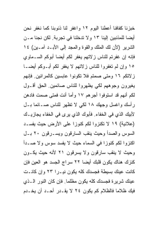 ‫ﺨﺒﺯﻨﺎ ﻜﻔﺎﻓﻨﺎ ﺃﻋﻁﻨﺎ ﺍﻟﻴﻭﻡ ٢١ ﻭﺍﻏﻔﺭ ﻟﻨﺎ ﺫﻨﻭﺒﻨﺎ ﻜﻤﺎ ﻨﻐﻔﺭ ﻨﺤﻥ‬
‫ﺃﻴﻀﺎ ﻟﻠﻤﺫﻨﺒﻴﻥ ﺇﻟﻴﻨﺎ ٣١ ﻭﻻ ﺘﺩﺨﻠﻨﺎ ﻓﻲ ﺘﺠﺭﺒﺔ. ﻟﻜﻥ ﻨﺠﻨﺎ ﻤـﻥ‬
                                                    ‫‪‬‬
‫ﺍﻟﺸﺭﻴﺭ )ﻷﻥ ﻟﻙ ﺍﻟﻤﻠﻙ ﻭﺍﻟﻘﻭﺓ ﻭﺍﻟﻤﺠﺩ ﺇﻟﻰ ﺍﻷﺒـﺩ ﺁﻤـﻴﻥ( ٤١‬
‫ﻓﺈﻨﻪ ﺇﻥ ﻏﻔﺭﺘﻡ ﻟﻠﻨﺎﺱ ﺯﻻﺘﻬﻡ ﻴﻐﻔﺭ ﻟﻜﻡ ﺃﻴﻀﺎ ﺃﺒﻭﻜﻡ ﺍﻟﺴـﻤﺎﻭﻱ‬
                ‫‪‬‬
‫٥١ ﻭﺇﻥ ﻟﻡ ﺘﻐﻔﺭﻭﺍ ﻟﻠﻨﺎﺱ ﺯﻻﺘﻬﻡ ﻻ ﻴﻐﻔﺭ ﻟﻜﻡ ﺃﺒـﻭﻜﻡ ﺃﻴ ‪‬ـﺎ‬
  ‫ﻀ‬
‫ﺯﻻﺘﻜﻡ ٦١ ﻭﻤﺘﻰ ﺼﻤﺘﻡ ﻓﻼ ﺘﻜﻭﻨﻭﺍ ﻋﺎﺒﺴﻴﻥ ﻜﺎﻟﻤﺭﺍﺌﻴﻥ. ﻓﺈﻨﻬﻡ‬
‫ﻴﻐﻴﺭﻭﻥ ﻭﺠﻭﻫﻬﻡ ﻟﻜﻲ ﻴﻅﻬﺭﻭﺍ ﻟﻠﻨﺎﺱ ﺼﺎﺌﻤﻴﻥ. ﺍﻟﺤﻕ ﺃﻗـﻭل‬
‫ﻟﻜﻡ ﺃﻨﻬﻡ ﻗﺩ ﺍﺴﺘﻭﻓﻭﺍ ﺃﺠﺭﻫﻡ ٧١ ﻭﺃﻤﺎ ﺃﻨﺕ ﻓﻤﺘﻰ ﺼﻤﺕ ﻓﺎﺩﻫﻥ‬
‫ﺭﺃﺴﻙ ﻭﺍﻏﺴل ﻭﺠﻬﻙ ٨١ ﻟﻜﻲ ﻻ ﺘﻅﻬﺭ ﻟﻠﻨﺎﺱ ﺼـﺎﺌﻤﺎ ﺒـل‬
     ‫‪‬‬
‫ﻷﺒﻴﻙ ﺍﻟﺫﻱ ﻓﻲ ﺍﻟﺨﻔﺎﺀ. ﻓﺄﺒﻭﻙ ﺍﻟﺫﻱ ﻴﺭﻯ ﻓﻲ ﺍﻟﺨﻔﺎﺀ ﻴﺠﺎﺯﻴـﻙ‬
‫)ﻋﻼﻨﻴﺔ( ٩١ ﻻ ﺘﻜﻨﺯﻭﺍ ﻟﻜﻡ ﻜﻨﻭﺯﺍ ﻋﻠﻰ ﺍﻷﺭﺽ ﺤﻴﺙ ﻴﻔﺴـﺩ‬
                    ‫‪‬‬
‫ﺍﻟﺴﻭﺱ ﻭﺍﻟﺼﺩﺃ ﻭﺤﻴﺙ ﻴﻨﻘﺏ ﺍﻟﺴﺎﺭﻗﻭﻥ ﻭﻴﺴـﺭﻗﻭﻥ ٠٢ ﺒـل‬
‫ﺍﻜﻨﺯﻭﺍ ﻟﻜﻡ ﻜﻨﻭﺯﺍ ﻓﻲ ﺍﻟﺴﻤﺎﺀ ﺤﻴﺙ ﻻ ﻴﻔﺴﺩ ﺴﻭﺱ ﻭﻻ ﺼـﺩﺃ‬
                                  ‫‪‬‬
‫ﻭﺤﻴﺙ ﻻ ﻴﻨﻘﺏ ﺴﺎﺭﻗﻭﻥ ﻭﻻ ﻴﺴﺭﻗﻭﻥ ١٢ ﻷﻨﻪ ﺤﻴﺙ ﻴﻜـﻭﻥ‬
‫ﻜﻨﺯﻙ ﻫﻨﺎﻙ ﻴﻜﻭﻥ ﻗﻠﺒﻙ ﺃﻴﻀﺎ ٢٢ ﺴﺭﺍﺝ ﺍﻟﺠﺴﺩ ﻫﻭ ﺍﻟﻌﻴﻥ ﻓﺈﻥ‬
                            ‫‪‬‬
‫ﻜﺎﻨﺕ ﻋﻴﻨﻙ ﺒﺴﻴﻁﺔ ﻓﺠﺴﺩﻙ ﻜﻠﻪ ﻴﻜﻭﻥ ﻨﻴـﺭﺍ ٣٢ ﻭﺇﻥ ﻜﺎﻨـﺕ‬
              ‫‪‬‬
‫ﻋﻴﻨﻙ ﺸﺭﻴﺭﺓ ﻓﺠﺴﺩﻙ ﻜﻠﻪ ﻴﻜﻭﻥ ﻤﻅﻠﻤﺎ. ﻓﺈﻥ ﻜﺎﻥ ﺍﻟﻨﻭﺭ ﺍﻟـﺫﻱ‬
                      ‫‪‬‬
‫ﻓﻴﻙ ﻅﻼﻤﺎ ﻓﺎﻟﻅﻼﻡ ﻜﻡ ﻴﻜﻭﻥ ٤٢ ﻻ ﻴﻘـﺩﺭ ﺃﺤـﺩ ﺃﻥ ﻴﺨـﺩﻡ‬
                                         ‫‪‬‬
 