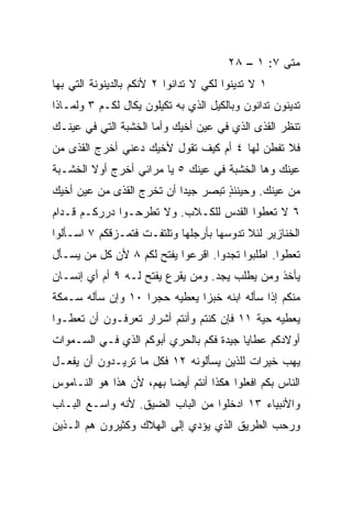 ‫ﻤﺘﻰ ٧: ١ – ٨٢‬
                                                   ‫ﹼ‬
‫١ ﻻ ﺘﺩﻴﻨﻭﺍ ﻟﻜﻲ ﻻ ﺘﺩﺍﻨﻭﺍ ٢ ﻷﻨﻜﻡ ﺒﺎﻟﺩﻴﻨﻭﻨﺔ ﺍﻟﺘﻲ ﺒﻬﺎ‬
‫ﺘﺩﻴﻨﻭﻥ ﺘﺩﺍﻨﻭﻥ ﻭﺒﺎﻟﻜﻴل ﺍﻟﺫﻱ ﺒﻪ ﺘﻜﻴﻠﻭﻥ ﻴﻜﺎل ﻟﻜـﻡ ٣ ﻭﻟﻤـﺎﺫﺍ‬
‫ﺘﻨﻅﺭ ﺍﻟﻘﺫﻯ ﺍﻟﺫﻱ ﻓﻲ ﻋﻴﻥ ﺃﺨﻴﻙ ﻭﺃﻤﺎ ﺍﻟﺨﺸﺒﺔ ﺍﻟﺘﻲ ﻓﻲ ﻋﻴﻨـﻙ‬
‫ﻓﻼ ﺘﻔﻁﻥ ﻟﻬﺎ ٤ ﺃﻡ ﻜﻴﻑ ﺘﻘﻭل ﻷﺨﻴﻙ ﺩﻋﻨﻲ ﺃﺨﺭﺝ ﺍﻟﻘﺫﻯ ﻤﻥ‬
‫ﻋﻴﻨﻙ ﻭﻫﺎ ﺍﻟﺨﺸﺒﺔ ﻓﻲ ﻋﻴﻨﻙ ٥ ﻴﺎ ﻤﺭﺍﺌﻲ ﺃﺨﺭﺝ ﺃﻭﻻ ﺍﻟﺨﺸـﺒﺔ‬
        ‫ﹰ‬
‫ﻤﻥ ﻋﻴﻨﻙ. ﻭﺤﻴﻨﺌﺫ ﺘﺒﺼﺭ ﺠﻴﺩﺍ ﺃﻥ ﺘﺨﺭﺝ ﺍﻟﻘﺫﻯ ﻤﻥ ﻋﻴﻥ ﺃﺨﻴﻙ‬
                           ‫‪‬‬        ‫ٍ‬
‫٦ ﻻ ﺘﻌﻁﻭﺍ ﺍﻟﻘﺩﺱ ﻟﻠﻜـﻼﺏ. ﻭﻻ ﺘﻁﺭﺤـﻭﺍ ﺩﺭﺭﻜـﻡ ﻗـﺩﺍﻡ‬
‫ﺍﻟﺨﻨﺎﺯﻴﺭ ﻟﺌﻼ ﺘﺩﻭﺴﻬﺎ ﺒﺄﺭﺠﻠﻬﺎ ﻭﺘﻠﺘﻔـﺕ ﻓﺘﻤـﺯﻗﻜﻡ ٧ ﺍﺴـﺄﻟﻭﺍ‬
‫ﺘﻌﻁﻭﺍ. ﺍﻁﻠﺒﻭﺍ ﺘﺠﺩﻭﺍ. ﺍﻗﺭﻋﻭﺍ ‪‬ﻔﺘﺢ ﻟﻜﻡ ٨ ﻷﻥ ﻜل ﻤﻥ ﻴﺴـﺄل‬
                        ‫ﻴ‬
‫ﻴﺄﺨﺫ ﻭﻤﻥ ﻴﻁﻠﺏ ﻴﺠﺩ. ﻭﻤﻥ ﻴﻘﺭﻉ ﻴﻔﺘﺢ ﻟـﻪ ٩ ﺃﻡ ﺃﻱ ﺇﻨﺴـﺎﻥ‬
‫ﻤﻨﻜﻡ ﺇﺫﺍ ﺴﺄﻟﻪ ﺍﺒﻨﻪ ﺨﺒﺯﺍ ﻴﻌﻁﻴﻪ ﺤﺠﺭﺍ ٠١ ﻭﺇﻥ ﺴﺄﻟﻪ ﺴـﻤﻜﺔ‬
                   ‫‪‬‬          ‫‪‬‬
‫ﻴﻌﻁﻴﻪ ﺤﻴﺔ ١١ ﻓﺈﻥ ﻜﻨﺘﻡ ﻭﺃﻨﺘﻡ ﺃﺸﺭﺍﺭ ﺘﻌﺭﻓـﻭﻥ ﺃﻥ ﺘﻌﻁـﻭﺍ‬
‫ﺃﻭﻻﺩﻜﻡ ﻋﻁﺎﻴﺎ ﺠﻴﺩﺓ ﻓﻜﻡ ﺒﺎﻟﺤﺭﻱ ﺃﺒﻭﻜﻡ ﺍﻟﺫﻱ ﻓـﻲ ﺍﻟﺴـﻤﻭﺍﺕ‬
‫ﻴﻬﺏ ﺨﻴﺭﺍﺕ ﻟﻠﺫﻴﻥ ﻴﺴﺄﻟﻭﻨﻪ ٢١ ﻓﻜل ﻤﺎ ﺘﺭﻴـﺩﻭﻥ ﺃﻥ ﻴﻔﻌـل‬
‫ﺍﻟﻨﺎﺱ ﺒﻜﻡ ﺍﻓﻌﻠﻭﺍ ﻫﻜﺫﺍ ﺃﻨﺘﻡ ﺃﻴﻀﺎ ﺒﻬﻡ، ﻷﻥ ﻫﺫﺍ ﻫﻭ ﺍﻟﻨـﺎﻤﻭﺱ‬
                         ‫‪‬‬
‫ﻭﺍﻷﻨﺒﻴﺎﺀ ٣١ ﺍﺩﺨﻠﻭﺍ ﻤﻥ ﺍﻟﺒﺎﺏ ﺍﻟﻀﻴﻕ. ﻷﻨﻪ ﻭﺍﺴـﻊ ﺍﻟﺒـﺎﺏ‬
‫ﻭﺭﺤﺏ ﺍﻟﻁﺭﻴﻕ ﺍﻟﺫﻱ ﻴﺅﺩﻱ ﺇﻟﻰ ﺍﻟﻬﻼﻙ ﻭﻜﺜﻴﺭﻭﻥ ﻫﻡ ﺍﻟـﺫﻴﻥ‬
 