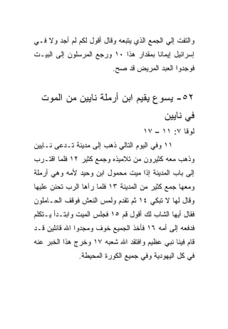 ‫ﻭﺍﻟﺘﻔﺕ ﺇﻟﻲ ﺍﻟﺠﻤﻊ ﺍﻟﺫﻱ ﻴﺘﺒﻌﻪ ﻭﻗﺎل ﺃﻗﻭل ﻟﻜﻡ ﻟﻡ ﺃﺠﺩ ﻭﻻ ﻓـﻲ‬
‫ﺇﺴﺭﺍﺌﻴل ﺇﻴﻤﺎﻨﺎ ﺒﻤﻘﺩﺍﺭ ﻫﺫﺍ ٠١ ﻭﺭﺠﻊ ﺍﻟﻤﺭﺴﻠﻭﻥ ﺇﻟﻰ ﺍﻟﺒﻴـﺕ‬
                                        ‫ﹰ‬
                           ‫ﻓﻭﺠﺩﻭﺍ ﺍﻟﻌﺒﺩ ﺍﻟﻤﺭﻴﺽ ﻗﺩ ﺼﺢ.‬


  ‫٢٥- ﻴﺴﻭﻉ ﻴﻘﻴﻡ ﺍﺒﻥ ﺃﺭﻤﻠﺔ ﻨﺎﻴﻴﻥ ﻤﻥ ﺍﻟﻤﻭﺕ‬
                                            ‫ﻓﻲ ﻨﺎﻴﻴﻥ‬
                                     ‫ﻟﻭﻗﺎ ٧: ١١ – ٧١‬
‫١١ ﻭﻓﻲ ﺍﻟﻴﻭﻡ ﺍﻟﺘﺎﻟﻲ ﺫﻫﺏ ﺇﻟﻰ ﻤﺩﻴﻨﺔ ﺘـﺩﻋﻰ ﻨـﺎﻴﻴﻥ‬
‫ﻭﺫﻫﺏ ﻤﻌﻪ ﻜﺜﻴﺭﻭﻥ ﻤﻥ ﺘﻼﻤﻴﺫﻩ ﻭﺠﻤﻊ ﻜﺜﻴﺭ ٢١ ﻓﻠﻤﺎ ﺍﻗﺘـﺭﺏ‬
‫ﺇﻟﻰ ﺒﺎﺏ ﺍﻟﻤﺩﻴﻨﺔ ﺇﺫﺍ ﻤﻴﺕ ﻤﺤﻤﻭل ﺍﺒﻥ ﻭﺤﻴﺩ ﻷﻤﻪ ﻭﻫﻲ ﺃﺭﻤﻠﺔ‬
‫ﻭﻤﻌﻬﺎ ﺠﻤﻊ ﻜﺜﻴﺭ ﻤﻥ ﺍﻟﻤﺩﻴﻨﺔ ٣١ ﻓﻠﻤﺎ ﺭﺁﻫﺎ ﺍﻟﺭﺏ ﺘﺤﻨﻥ ﻋﻠﻴﻬﺎ‬
‫ﻭﻗﺎل ﻟﻬﺎ ﻻ ﺘﺒﻜﻲ ٤١ ﺜﻡ ﺘﻘﺩﻡ ﻭﻟﻤﺱ ﺍﻟﻨﻌﺵ ﻓﻭﻗﻑ ﺍﻟﺤـﺎﻤﻠﻭﻥ‬
‫ﻓﻘﺎل ﺃﻴﻬﺎ ﺍﻟﺸﺎﺏ ﻟﻙ ﺃﻗﻭل ﻗﻡ ٥١ ﻓﺠﻠﺱ ﺍﻟﻤﻴﺕ ﻭﺍﺒﺘـﺩﺃ ﻴـﺘﻜﻠﻡ‬
‫ﻓﺩﻓﻌﻪ ﺇﻟﻰ ﺃﻤﻪ ٦١ ﻓﺄﺨﺫ ﺍﻟﺠﻤﻴﻊ ﺨﻭﻑ ﻭﻤﺠﺩﻭﺍ ﺍﷲ ﻗﺎﺌﻠﻴﻥ ﻗـﺩ‬
‫ﻗﺎﻡ ﻓﻴﻨﺎ ﻨﺒﻲ ﻋﻅﻴﻡ ﻭﺍﻓﺘﻘﺩ ﺍﷲ ﺸﻌﺒﻪ ٧١ ﻭﺨﺭﺝ ﻫﺫﺍ ﺍﻟﺨﺒﺭ ﻋﻨﻪ‬
               ‫ﻓﻲ ﻜل ﺍﻟﻴﻬﻭﺩﻴﺔ ﻭﻓﻲ ﺠﻤﻴﻊ ﺍﻟﻜﻭﺭﺓ ﺍﻟﻤﺤﻴﻁﺔ.‬
 