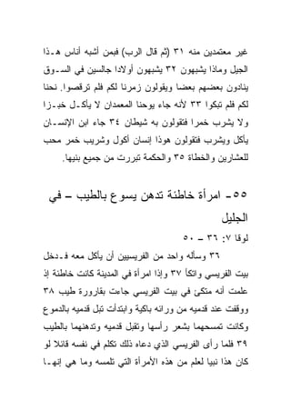 ‫ﻏﻴﺭ ﻤﻌﺘﻤﺩﻴﻥ ﻤﻨﻪ ١٣ )ﺜﻡ ﻗﺎل ﺍﻟﺭﺏ( ﻓﺒﻤﻥ ﺃﺸﺒﻪ ﺃﻨﺎﺱ ﻫـﺫﺍ‬
‫ﺍﻟﺠﻴل ﻭﻤﺎﺫﺍ ﻴﺸﺒﻬﻭﻥ ٢٣ ﻴﺸﺒﻬﻭﻥ ﺃﻭﻻﺩﺍ ﺠﺎﻟﺴﻴﻥ ﻓﻲ ﺍﻟﺴـﻭﻕ‬
                  ‫‪‬‬
‫ﻴﻨﺎﺩﻭﻥ ﺒﻌﻀﻬﻡ ﺒﻌﻀﺎ ﻭﻴﻘﻭﻟﻭﻥ ﺯﻤﺭﻨﺎ ﻟﻜﻡ ﻓﻠﻡ ﺘﺭﻗﺼﻭﺍ. ﻨﺤﻨﺎ‬
                                    ‫‪‬‬
‫ﻟﻜﻡ ﻓﻠﻡ ﺘﺒﻜﻭﺍ ٣٣ ﻷﻨﻪ ﺠﺎﺀ ﻴﻭﺤﻨﺎ ﺍﻟﻤﻌﻤﺩﺍﻥ ﻻ ﻴﺄﻜـل ﺨﺒـﺯﺍ‬
 ‫‪‬‬
‫ﻭﻻ ﻴﺸﺭﺏ ﺨﻤﺭﺍ ﻓﺘﻘﻭﻟﻭﻥ ﺒﻪ ﺸﻴﻁﺎﻥ ٤٣ ﺠﺎﺀ ﺍﺒﻥ ﺍﻹﻨﺴـﺎﻥ‬
                                     ‫‪‬‬
‫ﻴﺄﻜل ﻭﻴﺸﺭﺏ ﻓﺘﻘﻭﻟﻭﻥ ﻫﻭﺫﺍ ﺇﻨﺴﺎﻥ ﺃﻜﻭل ﻭﺸﺭﻴﺏ ﺨﻤﺭ ﻤﺤﺏ‬
     ‫ﻟﻠﻌﺸﺎﺭﻴﻥ ﻭﺍﻟﺨﻁﺎﺓ ٥٣ ﻭﺍﻟﺤﻜﻤﺔ ﺘﺒﺭﺭﺕ ﻤﻥ ﺠﻤﻴﻊ ﺒﻨﻴﻬﺎ.‬


 ‫٥٥- ﺍﻤﺭﺃﺓ ﺨﺎﻁﺌﺔ ﺘﺩﻫﻥ ﻴﺴﻭﻉ ﺒﺎﻟﻁﻴﺏ – ﻓﻲ‬
                                                ‫ﺍﻟﺠﻠﻴل‬
                                      ‫ﻟﻭﻗﺎ ٧: ٦٣ – ٠٥‬
‫٦٣ ﻭﺴﺄﻟﻪ ﻭﺍﺤﺩ ﻤﻥ ﺍﻟﻔﺭﻴﺴﻴﻴﻥ ﺃﻥ ﻴﺄﻜل ﻤﻌﻪ ﻓـﺩﺨل‬
‫ﺒﻴﺕ ﺍﻟﻔﺭﻴﺴﻲ ﻭﺍﺘﻜﺄ ٧٣ ﻭﺇﺫﺍ ﺍﻤﺭﺃﺓ ﻓﻲ ﺍﻟﻤﺩﻴﻨﺔ ﻜﺎﻨﺕ ﺨﺎﻁﺌﺔ ﺇﺫ‬
‫ﻋﻠﻤﺕ ﺃﻨﻪ ﻤﺘﻜﺊ ﻓﻲ ﺒﻴﺕ ﺍﻟﻔﺭﻴﺴﻲ ﺠﺎﺀﺕ ﺒﻘﺎﺭﻭﺭﺓ ﻁﻴﺏ ٨٣‬
‫ﻭﻭﻗﻔﺕ ﻋﻨﺩ ﻗﺩﻤﻴﻪ ﻤﻥ ﻭﺭﺍﺌﻪ ﺒﺎﻜﻴﺔ ﻭﺍﺒﺘﺩﺃﺕ ﺘﺒل ﻗﺩﻤﻴﻪ ﺒﺎﻟﺩﻤﻭﻉ‬
‫ﻭﻜﺎﻨﺕ ﺘﻤﺴﺤﻬﻤﺎ ﺒﺸﻌﺭ ﺭﺃﺴﻬﺎ ﻭﺘﻘﺒل ﻗﺩﻤﻴﻪ ﻭﺘﺩﻫﻨﻬﻤﺎ ﺒﺎﻟﻁﻴﺏ‬
‫٩٣ ﻓﻠﻤﺎ ﺭﺃﻯ ﺍﻟﻔﺭﻴﺴﻲ ﺍﻟﺫﻱ ﺩﻋﺎﻩ ﺫﻟﻙ ﺘﻜﻠﻡ ﻓﻲ ﻨﻔﺴﻪ ﻗﺎﺌﻼ ﻟﻭ‬
   ‫ﹰ‬
‫ﻜﺎﻥ ﻫﺫﺍ ﻨﺒﻴﺎ ﻟﻌﻠﻡ ﻤﻥ ﻫﺫﻩ ﺍﻷﻤﺭﺃﺓ ﺍﻟﺘﻲ ﺘﻠﻤﺴﻪ ﻭﻤﺎ ﻫﻲ ﺇﻨﻬـﺎ‬
                                            ‫‪‬‬
 